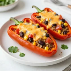 - 4 large bell peppers (any color) - 1 cup cooked quinoa (or rice) - 1 can (15 oz) black beans, rinsed and drained - 1 cup corn kernels (fresh, frozen, or canned) - 1 cup diced tomatoes (canned or fresh) - 1 cup shredded cheddar cheese (plus more for topping) - 1 tablespoon chili powder - 1 teaspoon cumin - 1/2 teaspoon garlic powder - 1/2 teaspoon onion powder - Salt and pepper to taste - 2 tablespoons olive oil - Fresh cilantro for garnish (optional) To make chili cheese stuffed peppers, you need fresh and colorful ingredients. Use any color of bell pepper you like. The size matters; choose large ones that can hold the filling well. I prefer to use cooked quinoa for a healthy twist, but rice works too. Black beans give protein and a nice texture. I often use frozen corn for ease, but fresh or canned is fine. Diced tomatoes add moisture and flavor. I always add shredded cheddar cheese because it melts beautifully. The spices—chili powder, cumin, garlic powder, and onion powder—bring a warm kick. Don’t forget salt and pepper to enhance all the flavors. Olive oil helps the peppers roast nicely. Top with extra cheese for a gooey finish. Finally, fresh cilantro adds a pop of color and taste. This mix makes for a delicious stuffed pepper dish that's both fun and easy to prepare. {{ingredient_image_1}} 1. Preheat your oven. Set it to 375°F (190°C). This helps cook the peppers evenly. 2. Cut the tops off the peppers. Use a knife to slice off the top. Then, remove the seeds and membranes with a spoon. This makes room for the filling. 3. Brush the peppers. Take 2 tablespoons of olive oil and lightly coat the outside of each pepper. This adds flavor and helps them cook well. Place the peppers upright in a baking dish. 1. Mix the main ingredients. In a large bowl, combine 1 cup of cooked quinoa (or rice), 1 can of black beans (rinsed and drained), 1 cup of corn kernels, and 1 cup of diced tomatoes. 2. Add spices and cheese. Stir in 1 cup of shredded cheddar cheese, 1 tablespoon of chili powder, 1 teaspoon of cumin, 1/2 teaspoon of garlic powder, and 1/2 teaspoon of onion powder. Season with salt and pepper to taste. 3. Combine thoroughly. Mix everything until it is well blended. This ensures each bite is full of flavor. 1. Stuff the peppers. Carefully spoon the filling into each pepper, packing it down slightly. Leave a little space at the top for more cheese. 2. Top with cheese. Sprinkle extra shredded cheddar cheese on each stuffed pepper. This makes them even more delicious. 3. Cover and bake. Cover the baking dish with aluminum foil. Bake for 25 minutes. After that, remove the foil and bake for another 10-15 minutes. This helps the cheese melt and the peppers soften. 4. Check for doneness. The peppers should be tender and the cheese bubbly and golden. 5. Cool and garnish. Once done, let them cool for a few minutes. If you want, add fresh cilantro on top for a nice touch. When you pick peppers, choose large, firm bell peppers. They should feel heavy for their size. Colors vary from green to red, yellow, and orange. Each color has a unique taste. Green peppers are slightly bitter. Red, yellow, and orange peppers taste sweeter and milder. Ensure the peppers are fresh. Look for smooth skin with no blemishes. Check the stem; it should be green and firm. This means the pepper is fresh and crisp. If the stem is dry, the pepper might be old. For the filling, you can swap quinoa for rice or another grain. Brown rice adds a nutty taste, while wild rice gives a chewy texture. If you want to add more protein, try lentils or chickpeas. For cheese, you can use pepper jack for a spicy kick. You can also try vegan cheese if you prefer a dairy-free option. To spice things up, add diced jalapeños or hot sauce. This will give your peppers a nice heat. Chili cheese stuffed peppers pair well with a simple side salad. A green salad with light dressing balances the meal. You can also serve them with tortilla chips and salsa for a crunchy side. For garnishes, fresh cilantro adds flavor and color. You can also use sour cream or guacamole as a dipping sauce. These creamy options complement the peppers’ spice and cheese. Pro Tips Choose Colorful Peppers: Using a mix of red, yellow, and green bell peppers not only makes the dish visually appealing but also adds a variety of flavors. Cook Quinoa Perfectly: Rinse quinoa before cooking to remove its natural coating, which can make it taste bitter. Follow a 1:2 ratio of quinoa to water for the perfect texture. Customize Your Filling: Feel free to add other ingredients like diced onions, jalapeños, or cooked meat for a heartier filling that suits your taste. Make Ahead: You can prepare the stuffed peppers a day in advance. Just assemble them and store in the fridge until you're ready to bake. {{image_2}} To add ground beef or turkey, cook the meat first. Use a skillet to brown it before mixing it with your filling. This adds richness and protein. If you want a meat-free option, try using lentils or crumbled tempeh. Both provide great texture and flavor. You can also use diced mushrooms for a hearty feel. Cheese is fantastic, but there are so many more toppings to explore! Try adding avocado slices or fresh salsa for a fresh twist. You can also sprinkle crushed tortilla chips for crunch. For cheese, mix it up with pepper jack or feta. Fresh herbs like parsley or green onions can brighten the dish. You can use a slow cooker for stuffed peppers. Just place them in the pot and pour your filling over them. Cook on low for 6-8 hours for a tender result. If you love a smoky flavor, grilling is a great choice. Simply wrap the stuffed peppers in foil and grill them until tender. This adds a new layer of flavor that is hard to resist. To store leftover stuffed peppers, let them cool first. Place them in an airtight container. This keeps them fresh and tasty. You can store them in the fridge for up to 3 days. If you want to enjoy them later, freezing is a great option. To freeze stuffed peppers, follow these steps: 1. First, let them cool completely. 2. Wrap each pepper in plastic wrap, then in foil. 3. Place the wrapped peppers in a freezer-safe bag. This method helps prevent freezer burn. You can freeze them for up to 3 months. When ready to eat, thaw them in the fridge overnight. To reheat, bake them at 375°F (190°C) for about 25 minutes. This brings back the delicious flavor. The best way to reheat stuffed peppers is in the oven. This keeps them warm and helps the cheese melt. You can also use a microwave for quicker results. To keep them moist, add a splash of water or broth before covering them. This adds steam and flavor. Enjoy your stuffed peppers just as tasty as when they were first made! To make chili cheese stuffed peppers vegan, swap out the cheese. Use vegan cheese or nutritional yeast for a cheesy flavor. You can also replace the quinoa with lentils for added protein. This keeps the dish hearty and tasty without any animal products. Yes, you can use various beans. Black beans work great, but you can try pinto, kidney, or even chickpeas. Each bean brings its own flavor and texture. Just make sure to rinse and drain canned beans well before adding them to your mix. Chili cheese stuffed peppers go well with several sides. A fresh salad adds crunch and balance. You can serve with rice or quinoa for extra carbs. A side of guacamole or salsa also enhances the flavors. These options make your meal bright and fun. Cooking chili cheese stuffed peppers takes about 35 to 40 minutes. Bake them at 375°F (190°C). Cover with foil for the first part, then uncover to brown the cheese. Make sure the peppers are tender and the cheese is bubbling before serving. Chili cheese stuffed peppers are simple yet packed with flavor. We explored the ingredients, steps, and tips to make this dish shine. You learned how to choose the best peppers and create savory fillings. Variations cater to any taste, from meat lovers to vegans. Proper storage ensures you enjoy leftovers too. Now, grab your ingredients and bring this tasty dish to your table. It’s time to enjoy a satisfying meal that’s easy to make and great to share.