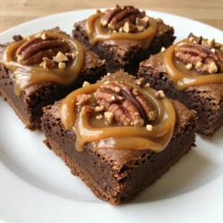 The ingredients for Pecan Pie Brownies are simple yet full of flavor. Each one adds something special to the dish. Here’s what you need: - 1 cup unsalted butter, melted - 1 cup granulated sugar - 1 cup packed brown sugar - 4 large eggs - 1 teaspoon vanilla extract - 1 cup all-purpose flour - ½ cup unsweetened cocoa powder - 1 teaspoon baking powder - ½ teaspoon salt - 1 cup chopped pecans - 1 cup semi-sweet chocolate chips - 1 cup caramel sauce (store-bought or homemade) These ingredients work together to create a rich and gooey brownie. The butter gives moisture, while the sugars add sweetness. The eggs bind everything together. The mix of flour and cocoa gives a nice texture. Chopped pecans and chocolate chips add crunch and depth. Finally, the caramel sauce brings a sweet, sticky finish. You can use homemade or store-bought caramel. Either one works great! I love how these ingredients create a dessert that pleases everyone. Each bite is a perfect mix of flavors. You can feel the warmth from the butter and the sweetness from the sugars. Trust me, this recipe is a crowd-pleaser! {{ingredient_image_1}} 1. Preheat your oven to 350°F (175°C). Grease a 9x13 inch baking pan. Line the bottom with parchment paper. This helps with easy removal later. 2. In a large bowl, whisk together the melted butter, granulated sugar, and brown sugar. Mix until it is smooth and well combined. 3. Add the eggs one by one. Whisk well after each addition. Then stir in the vanilla extract. 4. In another bowl, sift together the flour, cocoa powder, baking powder, and salt. This ensures no lumps in your brownies. 5. Gradually add the dry mix to the wet mix. Fold gently until just combined. Be careful not to overmix. 6. Fold in the chopped pecans and chocolate chips. Make sure they are evenly spread throughout the batter. 1. Spread half of the brownie batter into your prepared baking pan. Smooth it out evenly with a spatula. 2. Drizzle half of the caramel sauce over the brownie layer. This adds a sweet touch. 3. Spoon the rest of the brownie batter over the caramel sauce. Then drizzle the remaining caramel on top. 4. To create a marbled effect, use a toothpick. Gently swirl the caramel into the brownie batter. 1. Bake in the preheated oven for 30-35 minutes. Check by inserting a toothpick in the center. It should come out with a few moist crumbs. 2. Once baked, take the brownies out. Let them cool in the pan on a wire rack for at least 30 minutes. This helps them set before cutting into squares. To keep your brownies fudgy, do not overmix the batter. Overmixing can add air, making the brownies cakey instead of rich. Mix until just combined. This helps keep them moist and dense. When you fold in the pecans and chocolate chips, use a gentle hand. You want them evenly spread, but not crushed. Serve these brownies warm for the best taste. A scoop of vanilla ice cream on top makes it even better. Drizzle some caramel sauce over the ice cream for extra sweetness. You can also add whole pecans for a nice look. They add a crunchy texture that contrasts with the soft brownie. Many people forget to check their oven temperature. Always use an oven thermometer to ensure it's accurate. Another common mistake is cutting the brownies too soon. Let them cool for at least 30 minutes. This helps them set properly, making them easier to cut. Lastly, watch the baking time closely. Every oven is different, so check for moist crumbs, not wet batter. Pro Tips Use Room Temperature Eggs: Allow your eggs to come to room temperature before mixing; this helps them incorporate better into the batter, resulting in a smoother texture. Chop Pecans Evenly: For the best texture, chop your pecans into uniform pieces. This ensures that every bite has a balanced amount of nuts. Check for Doneness: To avoid overbaking, start checking your brownies a few minutes before the recommended baking time. They should be set at the edges but slightly soft in the center. Cool Before Cutting: Allow the brownies to cool completely in the pan before cutting. This helps them set and makes for cleaner cuts. {{image_2}} To make gluten-free pecan pie brownies, swap the all-purpose flour with a gluten-free blend. Look for blends that include rice flour, almond flour, or coconut flour. These can give great results. You can also add a bit of xanthan gum to help with texture. Just use about 1/4 teaspoon per cup of flour. This will help bind your brownies, keeping them moist and chewy. For a vegan version, replace the eggs with flaxseed meal or mashed bananas. Mix 1 tablespoon of flaxseed meal with 2.5 tablespoons of water. Let it sit for five minutes to thicken. This acts like an egg. For dairy alternatives, use almond milk or coconut milk in place of butter. You can find vegan chocolate chips for a tasty treat. To add new flavors, consider using spices like cinnamon or nutmeg. A teaspoon of either can enhance the taste. You may also try different nuts, such as walnuts or almonds. Each nut brings a unique crunch and flavor. For a twist, add a bit of orange or coffee extract to the brownie mix. This gives an extra layer of taste that is sure to impress. To keep your pecan pie brownies fresh, follow these tips: - Short-term storage: Place brownies in an airtight container at room temperature. They stay fresh for about 3 to 5 days. If the weather is warm, put them in the fridge. This helps keep them moist. - Long-term storage: For longer storage, freeze the brownies. Wrap each piece in plastic wrap. Then, place them in a freezer-safe bag. They can last up to 3 months in the freezer. To enjoy later, simply thaw them in the fridge overnight. Reheating brownies is easy and can keep them soft: - Microwave method: Place a brownie on a microwave-safe plate. Heat for about 10 to 15 seconds. Check if it's warm enough. If not, heat in 5-second bursts. - Oven method: Preheat the oven to 350°F (175°C). Wrap the brownies in foil to avoid drying out. Heat for about 10 minutes. The brownies will taste fresh and gooey. These steps help you enjoy your pecan pie brownies just like they were fresh out of the oven! Brownies can turn out cakey if you overmix the batter. It is important to mix the wet and dry ingredients just until combined. Another reason might be using too much flour. Stick to the recipe's amount. To achieve that rich, fudgy texture, ensure that you measure the flour accurately. Also, keep an eye on the baking time. Overbaking can lead to dryness, which makes brownies less fudgy. Aim for a toothpick to come out with a few moist crumbs. This way, you’ll have brownies that are dense and gooey. Yes, you can use milk chocolate chips instead of semi-sweet chocolate chips. But keep in mind that milk chocolate is sweeter. This change will make your brownies taste sweeter than the original recipe. If you enjoy a sweeter dessert, then go for it! However, if you prefer a balanced flavor, stick with semi-sweet. Your choice will affect the overall taste, so pick according to your liking. You can keep pecan pie brownies at room temperature for about 3 to 4 days. Make sure to store them in an airtight container. This helps keep them fresh and moist. If you want to keep them longer, freeze them. Wrapped tightly, they can last for up to 3 months. Just remember to thaw them in the fridge before eating. Enjoy your brownies at their best! You have all the tools to make delicious pecan pie brownies. We covered the key ingredients and steps for baking. I shared tips to get that perfect texture and suggested serving ideas to impress. Remember to consider variations, whether gluten-free, vegan, or with unique flavors. Proper storage keeps your brownies fresh, and reheating tips ensure they stay tasty. Enjoy your baking journey! Your brownies will be a hit every time.