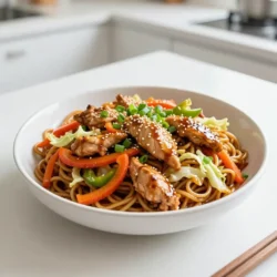 - 2 boneless, skinless chicken thighs, thinly sliced - 1 onion, thinly sliced - 2 cups cabbage, shredded - 1 carrot, julienned - 1 bell pepper, sliced (any color) - 3 green onions, chopped - 4 cups cooked yakisoba noodles (or any stir-fry noodles) For a great Chicken Yakisoba, I always use chicken thighs. They are juicy and tender. I slice them thin to cook quickly. The veggies I choose add color and crunch. Cabbage, onion, carrot, and bell pepper work well together. Green onions give a fresh taste and nice look. Using cooked yakisoba noodles makes the dish easy and quick. - 2 tablespoons soy sauce - 1 tablespoon oyster sauce (or mushroom sauce for a vegetarian option) - 1 tablespoon mirin (optional) - 1 teaspoon sesame oil - Salt and pepper to taste Sauces make this dish pop. Soy sauce adds saltiness and depth. Oyster sauce gives a rich umami flavor. You can use mushroom sauce if you want a veggie dish. Mirin adds a sweet touch, but it's optional. Sesame oil brings a nutty aroma. I also season with salt and pepper for balance. - Vegetarian substitutes like tofu or tempeh - Add-ins such as mushrooms or additional vegetables Feel free to make this dish your own. If you want it vegetarian, swap chicken for tofu or tempeh. Mushrooms add an earthy flavor, while extra veggies keep it vibrant. You can mix and match to suit your taste. The goal is to enjoy a meal that feels personal and satisfying. {{ingredient_image_1}} First, heat 1 tablespoon of vegetable oil in a large wok or skillet. I like to use medium-high heat for a good sear. Once the oil is hot, add the thinly sliced chicken thighs. Season them with salt and pepper. Stir-fry the chicken for about 5 to 7 minutes. You want the chicken to be fully cooked and no longer pink. Remove the chicken from the pan and set it aside. This keeps it juicy and ready for later. In the same pan, add your sliced onion, bell pepper, and julienned carrot. Stir-fry these for 3 to 4 minutes. You want them to soften but still be crisp. Next, add the shredded cabbage and minced garlic. This mix adds flavor and color. Cook for another 2 to 3 minutes until the cabbage wilts. This order helps each veggie cook just right. Now it's time to combine everything. Return the cooked chicken to the pan. Add in the 4 cups of cooked yakisoba noodles. Pour in 2 tablespoons of soy sauce, 1 tablespoon of oyster sauce, and if you like, 1 tablespoon of mirin. Drizzle 1 teaspoon of sesame oil over the top. Toss everything well for about 2 to 3 minutes. This ensures the noodles soak up all the tasty flavors. Finally, add the chopped green onions and give it one last toss. Now you have a colorful, flavorful dish! To make your chicken yakisoba shine, seasoning is key. Use salt and pepper on the chicken as it cooks. This simple step brings out the meat's natural taste. Using fresh ingredients is also important. Fresh vegetables add crunch and flavor. Try to use crisp cabbage, bright bell peppers, and aromatic green onions. They all enhance the dish's overall taste. For stir-frying, I recommend using a large wok or skillet. A wide surface allows food to cook evenly. Heat it over medium-high heat for best results. Adjust cooking times based on your equipment. If your pan is small, cook in batches. This helps avoid steaming the food. Stir-fry the chicken until it is golden brown. Cook the veggies until they are tender but still vibrant. Presentation matters! Serve your yakisoba in large bowls. Top each bowl with extra green onions and a sprinkle of sesame seeds. This adds color and texture. For sides, consider serving it with a light salad or steamed edamame. A refreshing drink, like iced green tea, pairs well too. These options complement the rich flavors of the dish. Pro Tips Use Fresh Ingredients: Fresh vegetables and high-quality chicken will enhance the flavors of your yakisoba significantly. Customize Your Veggies: Feel free to switch up the vegetables based on what you have on hand or your personal preferences. Perfectly Cooked Noodles: Make sure your yakisoba noodles are cooked al dente to maintain a great texture when stir-fried. Balance Your Sauces: Adjust the soy sauce and oyster sauce to taste, ensuring a perfect balance of saltiness and umami in your dish. {{image_2}} You can switch out chicken for shrimp or beef. Shrimp cooks fast and adds a nice flavor. Use peeled and deveined shrimp, and stir-fry them until pink. For beef, thinly slice it against the grain. Sauté until browned for a savory twist. If you want a vegan version, try tofu or tempeh. Tofu should be firm and pressed to reduce water. Cut it into cubes and pan-fry until golden. Tempeh has a nutty taste. Slice it thinly and fry until crispy for added texture. You can spice up your yakisoba with chili or ginger. Fresh ginger adds warmth and zest. Grate a bit and add it with the garlic for a fragrant kick. If you like heat, add some sliced chili peppers or chili paste. For sweeter flavors, use teriyaki sauce. It gives a nice glaze and sweetness. You can mix it with soy sauce to balance flavors. Drizzle it on top just before serving for a shiny finish. While yakisoba noodles are great, you can use other types too. Udon or rice noodles work well in this dish. Just cook them according to the package and toss them in. If you need gluten-free options, look for rice noodles made from rice flour. They are easy to find in stores. Cook them as directed, and they will soak up the flavors nicely. After you finish your meal, store any leftovers right away. Put the Chicken Yakisoba in an airtight container. This keeps it fresh and tasty. You can safely refrigerate it for up to four days. If you wait longer, it might lose its flavor and texture. When it's time to reheat, you have two great options: the microwave or the stovetop. For the microwave, heat in short bursts. Stir after each minute to avoid hot spots. This method is fast but can make the noodles soggy if overcooked. Using the stovetop is my favorite. Heat a bit of oil in a pan over medium heat. Add the yakisoba, stirring gently. This helps keep the noodles firm and tasty. Add a splash of soy sauce if it seems dry. Yes, you can freeze Chicken Yakisoba! Just make sure it cools completely before packing it up. Use a freezer-safe container or bag. This will protect the dish from freezer burn. It can last up to three months in the freezer. When you're ready to eat it, thaw it in the fridge overnight. To reheat, use the stovetop method for the best results. Just like before, add a little oil and stir gently. This way, you’ll enjoy your dish just like the first time! Yakisoba is a Japanese stir-fried noodle dish. It often features wheat noodles mixed with meat and vegetables. The dish dates back to the early 20th century. It was inspired by Chinese chow mein but has its own unique flavors. Yakisoba means "fried noodles" in Japanese. Soy sauce, Worcestershire sauce, and other seasonings give it a rich taste. This dish is popular at festivals and street food stalls in Japan. Yes, you can make Easy Chicken Yakisoba ahead of time. It's great for meal prep. Cook the chicken and veggies, then cool them. Store them in an airtight container in the fridge. You can also cook the noodles separately. When you are ready to eat, just reheat everything in a pan. Add the sauces, and enjoy a quick meal. If you can't find yakisoba noodles, use other noodles. Udon or soba noodles work well. You can also use spaghetti or ramen noodles. Just cook them according to the package instructions. Make sure to rinse them under cold water after cooking. This step keeps them from sticking together. Easy Chicken Yakisoba is not spicy by default. You can adjust the spice to your taste. If you like heat, add chili flakes or hot sauce. You can also mix in sliced jalapeños for a fresh kick. Start with a small amount and taste as you go. This way, you can find the perfect spice level for you. You’ve learned about making Easy Chicken Yakisoba, from key ingredients to cooking steps. I covered essential sauces, optional add-ins, and helpful tips for flavor. Remember, fresh ingredients make a big difference. You can easily customize this dish to suit your taste. So go ahead, make your own version! Enjoy this fun meal any time—whether it's a busy weekday or a family gathering. Your kitchen adventures with yakisoba will surely impress everyone!