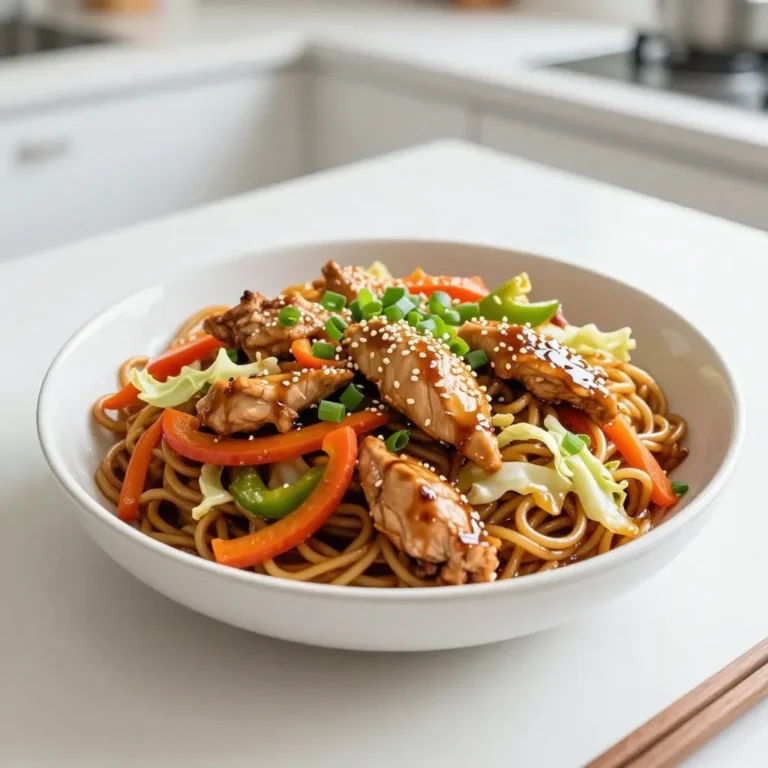 - 2 boneless, skinless chicken thighs, thinly sliced - 1 onion, thinly sliced - 2 cups cabbage, shredded - 1 carrot, julienned - 1 bell pepper, sliced (any color) - 3 green onions, chopped - 4 cups cooked yakisoba noodles (or any stir-fry noodles) For a great Chicken Yakisoba, I always use chicken thighs. They are juicy and tender. I slice them thin to cook quickly. The veggies I choose add color and crunch. Cabbage, onion, carrot, and bell pepper work well together. Green onions give a fresh taste and nice look. Using cooked yakisoba noodles makes the dish easy and quick. - 2 tablespoons soy sauce - 1 tablespoon oyster sauce (or mushroom sauce for a vegetarian option) - 1 tablespoon mirin (optional) - 1 teaspoon sesame oil - Salt and pepper to taste Sauces make this dish pop. Soy sauce adds saltiness and depth. Oyster sauce gives a rich umami flavor. You can use mushroom sauce if you want a veggie dish. Mirin adds a sweet touch, but it's optional. Sesame oil brings a nutty aroma. I also season with salt and pepper for balance. - Vegetarian substitutes like tofu or tempeh - Add-ins such as mushrooms or additional vegetables Feel free to make this dish your own. If you want it vegetarian, swap chicken for tofu or tempeh. Mushrooms add an earthy flavor, while extra veggies keep it vibrant. You can mix and match to suit your taste. The goal is to enjoy a meal that feels personal and satisfying. {{ingredient_image_1}} First, heat 1 tablespoon of vegetable oil in a large wok or skillet. I like to use medium-high heat for a good sear. Once the oil is hot, add the thinly sliced chicken thighs. Season them with salt and pepper. Stir-fry the chicken for about 5 to 7 minutes. You want the chicken to be fully cooked and no longer pink. Remove the chicken from the pan and set it aside. This keeps it juicy and ready for later. In the same pan, add your sliced onion, bell pepper, and julienned carrot. Stir-fry these for 3 to 4 minutes. You want them to soften but still be crisp. Next, add the shredded cabbage and minced garlic. This mix adds flavor and color. Cook for another 2 to 3 minutes until the cabbage wilts. This order helps each veggie cook just right. Now it's time to combine everything. Return the cooked chicken to the pan. Add in the 4 cups of cooked yakisoba noodles. Pour in 2 tablespoons of soy sauce, 1 tablespoon of oyster sauce, and if you like, 1 tablespoon of mirin. Drizzle 1 teaspoon of sesame oil over the top. Toss everything well for about 2 to 3 minutes. This ensures the noodles soak up all the tasty flavors. Finally, add the chopped green onions and give it one last toss. Now you have a colorful, flavorful dish! To make your chicken yakisoba shine, seasoning is key. Use salt and pepper on the chicken as it cooks. This simple step brings out the meat's natural taste. Using fresh ingredients is also important. Fresh vegetables add crunch and flavor. Try to use crisp cabbage, bright bell peppers, and aromatic green onions. They all enhance the dish's overall taste. For stir-frying, I recommend using a large wok or skillet. A wide surface allows food to cook evenly. Heat it over medium-high heat for best results. Adjust cooking times based on your equipment. If your pan is small, cook in batches. This helps avoid steaming the food. Stir-fry the chicken until it is golden brown. Cook the veggies until they are tender but still vibrant. Presentation matters! Serve your yakisoba in large bowls. Top each bowl with extra green onions and a sprinkle of sesame seeds. This adds color and texture. For sides, consider serving it with a light salad or steamed edamame. A refreshing drink, like iced green tea, pairs well too. These options complement the rich flavors of the dish. Pro Tips Use Fresh Ingredients: Fresh vegetables and high-quality chicken will enhance the flavors of your yakisoba significantly. Customize Your Veggies: Feel free to switch up the vegetables based on what you have on hand or your personal preferences. Perfectly Cooked Noodles: Make sure your yakisoba noodles are cooked al dente to maintain a great texture when stir-fried. Balance Your Sauces: Adjust the soy sauce and oyster sauce to taste, ensuring a perfect balance of saltiness and umami in your dish. {{image_2}} You can switch out chicken for shrimp or beef. Shrimp cooks fast and adds a nice flavor. Use peeled and deveined shrimp, and stir-fry them until pink. For beef, thinly slice it against the grain. Sauté until browned for a savory twist. If you want a vegan version, try tofu or tempeh. Tofu should be firm and pressed to reduce water. Cut it into cubes and pan-fry until golden. Tempeh has a nutty taste. Slice it thinly and fry until crispy for added texture. You can spice up your yakisoba with chili or ginger. Fresh ginger adds warmth and zest. Grate a bit and add it with the garlic for a fragrant kick. If you like heat, add some sliced chili peppers or chili paste. For sweeter flavors, use teriyaki sauce. It gives a nice glaze and sweetness. You can mix it with soy sauce to balance flavors. Drizzle it on top just before serving for a shiny finish. While yakisoba noodles are great, you can use other types too. Udon or rice noodles work well in this dish. Just cook them according to the package and toss them in. If you need gluten-free options, look for rice noodles made from rice flour. They are easy to find in stores. Cook them as directed, and they will soak up the flavors nicely. After you finish your meal, store any leftovers right away. Put the Chicken Yakisoba in an airtight container. This keeps it fresh and tasty. You can safely refrigerate it for up to four days. If you wait longer, it might lose its flavor and texture. When it's time to reheat, you have two great options: the microwave or the stovetop. For the microwave, heat in short bursts. Stir after each minute to avoid hot spots. This method is fast but can make the noodles soggy if overcooked. Using the stovetop is my favorite. Heat a bit of oil in a pan over medium heat. Add the yakisoba, stirring gently. This helps keep the noodles firm and tasty. Add a splash of soy sauce if it seems dry. Yes, you can freeze Chicken Yakisoba! Just make sure it cools completely before packing it up. Use a freezer-safe container or bag. This will protect the dish from freezer burn. It can last up to three months in the freezer. When you're ready to eat it, thaw it in the fridge overnight. To reheat, use the stovetop method for the best results. Just like before, add a little oil and stir gently. This way, you’ll enjoy your dish just like the first time! Yakisoba is a Japanese stir-fried noodle dish. It often features wheat noodles mixed with meat and vegetables. The dish dates back to the early 20th century. It was inspired by Chinese chow mein but has its own unique flavors. Yakisoba means "fried noodles" in Japanese. Soy sauce, Worcestershire sauce, and other seasonings give it a rich taste. This dish is popular at festivals and street food stalls in Japan. Yes, you can make Easy Chicken Yakisoba ahead of time. It's great for meal prep. Cook the chicken and veggies, then cool them. Store them in an airtight container in the fridge. You can also cook the noodles separately. When you are ready to eat, just reheat everything in a pan. Add the sauces, and enjoy a quick meal. If you can't find yakisoba noodles, use other noodles. Udon or soba noodles work well. You can also use spaghetti or ramen noodles. Just cook them according to the package instructions. Make sure to rinse them under cold water after cooking. This step keeps them from sticking together. Easy Chicken Yakisoba is not spicy by default. You can adjust the spice to your taste. If you like heat, add chili flakes or hot sauce. You can also mix in sliced jalapeños for a fresh kick. Start with a small amount and taste as you go. This way, you can find the perfect spice level for you. You’ve learned about making Easy Chicken Yakisoba, from key ingredients to cooking steps. I covered essential sauces, optional add-ins, and helpful tips for flavor. Remember, fresh ingredients make a big difference. You can easily customize this dish to suit your taste. So go ahead, make your own version! Enjoy this fun meal any time—whether it's a busy weekday or a family gathering. Your kitchen adventures with yakisoba will surely impress everyone!