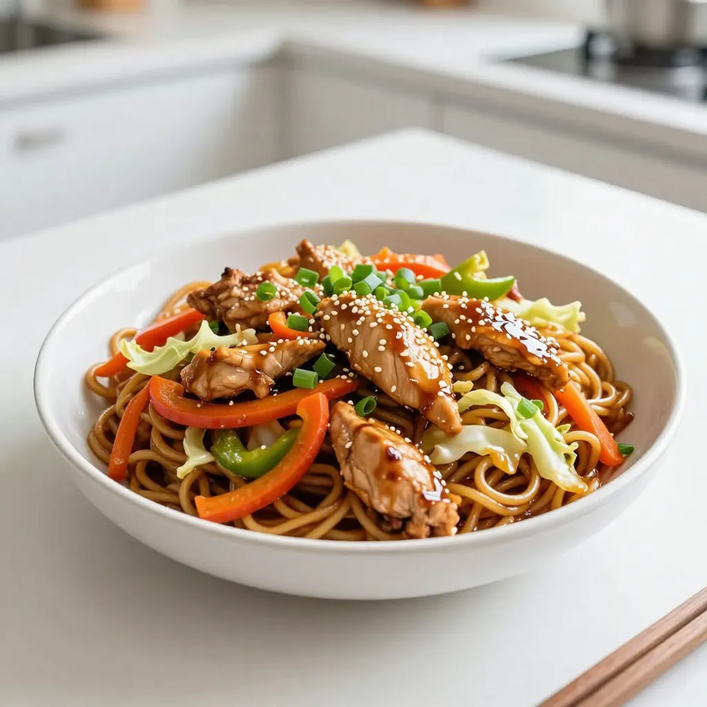 - 2 boneless, skinless chicken thighs, thinly sliced - 1 onion, thinly sliced - 2 cups cabbage, shredded - 1 carrot, julienned - 1 bell pepper, sliced (any color) - 3 green onions, chopped - 4 cups cooked yakisoba noodles (or any stir-fry noodles) For a great Chicken Yakisoba, I always use chicken thighs. They are juicy and tender. I slice them thin to cook quickly. The veggies I choose add color and crunch. Cabbage, onion, carrot, and bell pepper work well together. Green onions give a fresh taste and nice look. Using cooked yakisoba noodles makes the dish easy and quick. - 2 tablespoons soy sauce - 1 tablespoon oyster sauce (or mushroom sauce for a vegetarian option) - 1 tablespoon mirin (optional) - 1 teaspoon sesame oil - Salt and pepper to taste Sauces make this dish pop. Soy sauce adds saltiness and depth. Oyster sauce gives a rich umami flavor. You can use mushroom sauce if you want a veggie dish. Mirin adds a sweet touch, but it's optional. Sesame oil brings a nutty aroma. I also season with salt and pepper for balance. - Vegetarian substitutes like tofu or tempeh - Add-ins such as mushrooms or additional vegetables Feel free to make this dish your own. If you want it vegetarian, swap chicken for tofu or tempeh. Mushrooms add an earthy flavor, while extra veggies keep it vibrant. You can mix and match to suit your taste. The goal is to enjoy a meal that feels personal and satisfying. {{ingredient_image_1}} First, heat 1 tablespoon of vegetable oil in a large wok or skillet. I like to use medium-high heat for a good sear. Once the oil is hot, add the thinly sliced chicken thighs. Season them with salt and pepper. Stir-fry the chicken for about 5 to 7 minutes. You want the chicken to be fully cooked and no longer pink. Remove the chicken from the pan and set it aside. This keeps it juicy and ready for later. In the same pan, add your sliced onion, bell pepper, and julienned carrot. Stir-fry these for 3 to 4 minutes. You want them to soften but still be crisp. Next, add the shredded cabbage and minced garlic. This mix adds flavor and color. Cook for another 2 to 3 minutes until the cabbage wilts. This order helps each veggie cook just right. Now it's time to combine everything. Return the cooked chicken to the pan. Add in the 4 cups of cooked yakisoba noodles. Pour in 2 tablespoons of soy sauce, 1 tablespoon of oyster sauce, and if you like, 1 tablespoon of mirin. Drizzle 1 teaspoon of sesame oil over the top. Toss everything well for about 2 to 3 minutes. This ensures the noodles soak up all the tasty flavors. Finally, add the chopped green onions and give it one last toss. Now you have a colorful, flavorful dish! To make your chicken yakisoba shine, seasoning is key. Use salt and pepper on the chicken as it cooks. This simple step brings out the meat's natural taste. Using fresh ingredients is also important. Fresh vegetables add crunch and flavor. Try to use crisp cabbage, bright bell peppers, and aromatic green onions. They all enhance the dish's overall taste. For stir-frying, I recommend using a large wok or skillet. A wide surface allows food to cook evenly. Heat it over medium-high heat for best results. Adjust cooking times based on your equipment. If your pan is small, cook in batches. This helps avoid steaming the food. Stir-fry the chicken until it is golden brown. Cook the veggies until they are tender but still vibrant. Presentation matters! Serve your yakisoba in large bowls. Top each bowl with extra green onions and a sprinkle of sesame seeds. This adds color and texture. For sides, consider serving it with a light salad or steamed edamame. A refreshing drink, like iced green tea, pairs well too. These options complement the rich flavors of the dish. Pro Tips Use Fresh Ingredients: Fresh vegetables and high-quality chicken will enhance the flavors of your yakisoba significantly. Customize Your Veggies: Feel free to switch up the vegetables based on what you have on hand or your personal preferences. Perfectly Cooked Noodles: Make sure your yakisoba noodles are cooked al dente to maintain a great texture when stir-fried. Balance Your Sauces: Adjust the soy sauce and oyster sauce to taste, ensuring a perfect balance of saltiness and umami in your dish. {{image_2}} You can switch out chicken for shrimp or beef. Shrimp cooks fast and adds a nice flavor. Use peeled and deveined shrimp, and stir-fry them until pink. For beef, thinly slice it against the grain. Sauté until browned for a savory twist. If you want a vegan version, try tofu or tempeh. Tofu should be firm and pressed to reduce water. Cut it into cubes and pan-fry until golden. Tempeh has a nutty taste. Slice it thinly and fry until crispy for added texture. You can spice up your yakisoba with chili or ginger. Fresh ginger adds warmth and zest. Grate a bit and add it with the garlic for a fragrant kick. If you like heat, add some sliced chili peppers or chili paste. For sweeter flavors, use teriyaki sauce. It gives a nice glaze and sweetness. You can mix it with soy sauce to balance flavors. Drizzle it on top just before serving for a shiny finish. While yakisoba noodles are great, you can use other types too. Udon or rice noodles work well in this dish. Just cook them according to the package and toss them in. If you need gluten-free options, look for rice noodles made from rice flour. They are easy to find in stores. Cook them as directed, and they will soak up the flavors nicely. After you finish your meal, store any leftovers right away. Put the Chicken Yakisoba in an airtight container. This keeps it fresh and tasty. You can safely refrigerate it for up to four days. If you wait longer, it might lose its flavor and texture. When it's time to reheat, you have two great options: the microwave or the stovetop. For the microwave, heat in short bursts. Stir after each minute to avoid hot spots. This method is fast but can make the noodles soggy if overcooked. Using the stovetop is my favorite. Heat a bit of oil in a pan over medium heat. Add the yakisoba, stirring gently. This helps keep the noodles firm and tasty. Add a splash of soy sauce if it seems dry. Yes, you can freeze Chicken Yakisoba! Just make sure it cools completely before packing it up. Use a freezer-safe container or bag. This will protect the dish from freezer burn. It can last up to three months in the freezer. When you're ready to eat it, thaw it in the fridge overnight. To reheat, use the stovetop method for the best results. Just like before, add a little oil and stir gently. This way, you’ll enjoy your dish just like the first time! Yakisoba is a Japanese stir-fried noodle dish. It often features wheat noodles mixed with meat and vegetables. The dish dates back to the early 20th century. It was inspired by Chinese chow mein but has its own unique flavors. Yakisoba means "fried noodles" in Japanese. Soy sauce, Worcestershire sauce, and other seasonings give it a rich taste. This dish is popular at festivals and street food stalls in Japan. Yes, you can make Easy Chicken Yakisoba ahead of time. It's great for meal prep. Cook the chicken and veggies, then cool them. Store them in an airtight container in the fridge. You can also cook the noodles separately. When you are ready to eat, just reheat everything in a pan. Add the sauces, and enjoy a quick meal. If you can't find yakisoba noodles, use other noodles. Udon or soba noodles work well. You can also use spaghetti or ramen noodles. Just cook them according to the package instructions. Make sure to rinse them under cold water after cooking. This step keeps them from sticking together. Easy Chicken Yakisoba is not spicy by default. You can adjust the spice to your taste. If you like heat, add chili flakes or hot sauce. You can also mix in sliced jalapeños for a fresh kick. Start with a small amount and taste as you go. This way, you can find the perfect spice level for you. You’ve learned about making Easy Chicken Yakisoba, from key ingredients to cooking steps. I covered essential sauces, optional add-ins, and helpful tips for flavor. Remember, fresh ingredients make a big difference. You can easily customize this dish to suit your taste. So go ahead, make your own version! Enjoy this fun meal any time—whether it's a busy weekday or a family gathering. Your kitchen adventures with yakisoba will surely impress everyone!