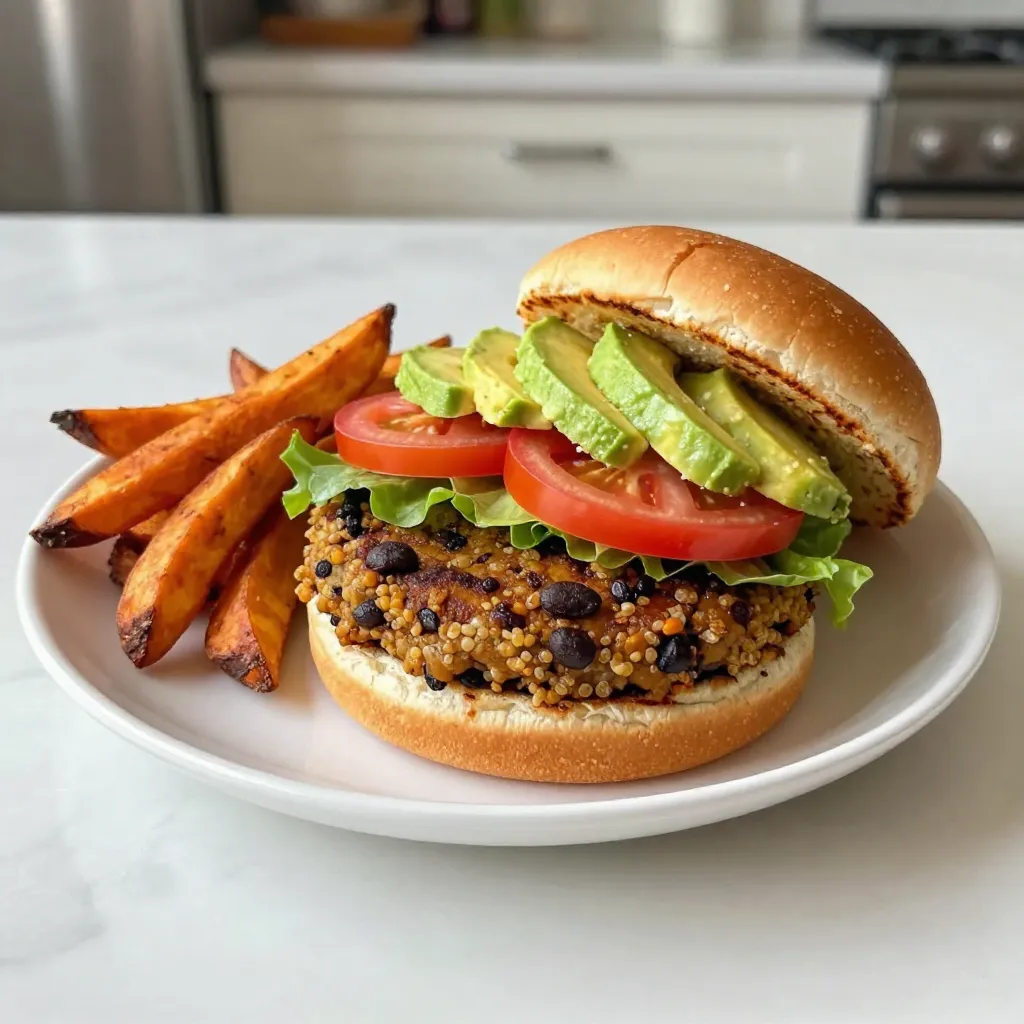 To make spicy black bean burgers, you need a few key ingredients: - 1 can (15 oz) black beans, drained and rinsed - 1/2 cup cooked quinoa - 1/2 cup breadcrumbs (gluten-free if needed) - 1/4 cup red onion, finely chopped - 2 cloves garlic, minced - 1 jalapeño, seeds removed and minced - 1 teaspoon cumin - 1 teaspoon smoked paprika - 1/2 teaspoon chili powder - 1/4 teaspoon salt - 1/4 teaspoon black pepper - 1 tablespoon olive oil (for cooking) - Burger buns These ingredients work well together. The black beans are rich in protein and fiber. Quinoa adds a nice texture and extra nutrition. The spices bring the heat and flavor. You can customize your burgers with these tasty toppings: - Lettuce - Tomato slices - Avocado These toppings add freshness and creaminess. Feel free to mix and match to suit your taste. These sides pair nicely with spicy black bean burgers: - Sweet potato fries - Green salad Both options add color and balance to your meal. Sweet potato fries offer a sweet crunch, while a salad gives a fresh bite. Enjoy creating a colorful plate! {{ingredient_image_1}} First, grab a large mixing bowl. Open a can of black beans, drain, and rinse them. Use a fork or potato masher to mash the beans until they are mostly smooth. Leave some chunks for texture. Next, add 1/2 cup of cooked quinoa to the bowl. This adds protein and helps bind the mixture. Now, mix in 1/2 cup of breadcrumbs, finely chopped red onion, minced garlic, and jalapeño. Don't forget the spices: 1 teaspoon of cumin, 1 teaspoon of smoked paprika, 1/2 teaspoon of chili powder, and a pinch of salt and black pepper. Mix everything well until fully combined. Once the mixture is ready, form it into four equal-sized patties. If the mixture feels too wet, add a little more breadcrumbs. This helps the patties hold together while cooking. Make sure they are not too thick, so they cook evenly. Set them aside on a plate while you prepare to cook. Heat 1 tablespoon of olive oil in a skillet over medium heat. When the oil is hot, carefully add the burger patties. Cook them for about 4-5 minutes on each side. You want them golden brown and heated through. If you like, toast the burger buns while the patties cook. This adds a nice crunch. Once done, assemble your burgers with fresh lettuce, tomato slices, and creamy avocado on top. Enjoy your tasty and healthy meal! To get the best texture, mash the black beans well. Leave some chunks for bite. This mix should feel moist but not runny. If it feels too wet, add more breadcrumbs. This will help the patties hold together. Cooked quinoa adds a nice chew. It gives the burgers a satisfying bite. If you want a gluten-free burger, use gluten-free breadcrumbs. Many brands offer tasty options. You can also use crushed oats or ground flaxseed. Both work well and add fiber. Just ensure all your toppings are also gluten-free. Fresh veggies and gluten-free buns can make your meal complete. For cooking, I recommend using a skillet for the best results. Heat olive oil on medium heat. This gives a nice crisp crust. Cook each patty for 4-5 minutes until golden brown. You can also grill the patties for a smoky flavor. If grilling, use a non-stick spray or oil so they don't stick. Be sure to flip gently to keep them intact. Pro Tips Adjust the Spice Level: If you prefer a milder burger, reduce the amount of jalapeño or omit it altogether. You can also add diced bell peppers for flavor without the heat. Chill the Patties: After forming the patties, refrigerate them for at least 30 minutes before cooking. This helps them hold their shape better while cooking. Use Fresh Herbs: Enhance the flavor of your burgers by adding fresh herbs like cilantro or parsley to the mixture before cooking. Experiment with Toppings: Get creative with your toppings! Try adding sliced pickles, spicy mayo, or even a slice of cheese for a unique twist on your black bean burger. {{image_2}} You can easily change the heat level of your spicy black bean burgers. Try adding cayenne pepper for a fiery kick. Red pepper flakes also work well for extra spice. If you like smoky flavors, add more smoked paprika. Adjust the amount based on your taste. This way, you can create a burger that suits your spicy preferences perfectly. Feel free to swap out some ingredients for a custom touch. Instead of quinoa, you can use brown rice or oats. These options still give great texture. For a different flavor, try mixing in corn or diced bell peppers. You can also use green onions in place of red onions for a milder taste. The burgers can fit any palate with these simple changes. Making these burgers vegan is easy and fun. Ensure you use vegan breadcrumbs. You can also replace the egg with a flax egg or applesauce if needed. These swaps keep the burgers moist while staying plant-based. Serve with avocado and a vegan mayo for creaminess. Your vegan friends will love these tasty treats! To store leftover burgers, let them cool first. Then, place them in an airtight container. You can keep them in the fridge for up to three days. Make sure to separate each burger with parchment paper. This prevents them from sticking together. When you are ready to eat the leftover burgers, you can reheat them easily. The best way is to use a skillet. Heat a little oil over medium heat. Add the burger and cook for about 3 to 4 minutes on each side. You can also use the microwave. Just place the burger on a plate and cover it with a damp paper towel. Heat for 1 to 2 minutes. If you want to freeze the burgers, wrap each one tightly in plastic wrap. Then, place them in a freezer bag. They can stay frozen for up to three months. When you are ready to use them, thaw them overnight in the fridge. Cook them as usual for a tasty meal. Yes, you can make Spicy Black Bean Burgers ahead of time. Form the patties and store them in the fridge for up to 24 hours. For longer storage, freeze them for up to three months. Just remember to place parchment paper between each patty to avoid sticking. You can serve Black Bean Burgers with many tasty sides. Here are some great options: - Sweet potato fries - Green salad - Coleslaw - Quinoa salad - Grilled veggies These sides add color and flavor to your meal. To check if the burgers are done cooking, look for a golden brown color. Each side should cook for 4-5 minutes. You can also use a food thermometer. The inside should reach 165°F. If you don’t have a thermometer, just make sure they feel firm to the touch. You now have a solid recipe for spicy black bean burgers, from ingredients to cooking tips. You can customize them with different toppings and sides to match your taste. Remember, you can achieve the perfect texture with the right techniques and variations. Store any leftovers properly, and enjoy them later. Whether serving them to friends or family, these burgers are sure to impress. Dive into a new flavor adventure today!