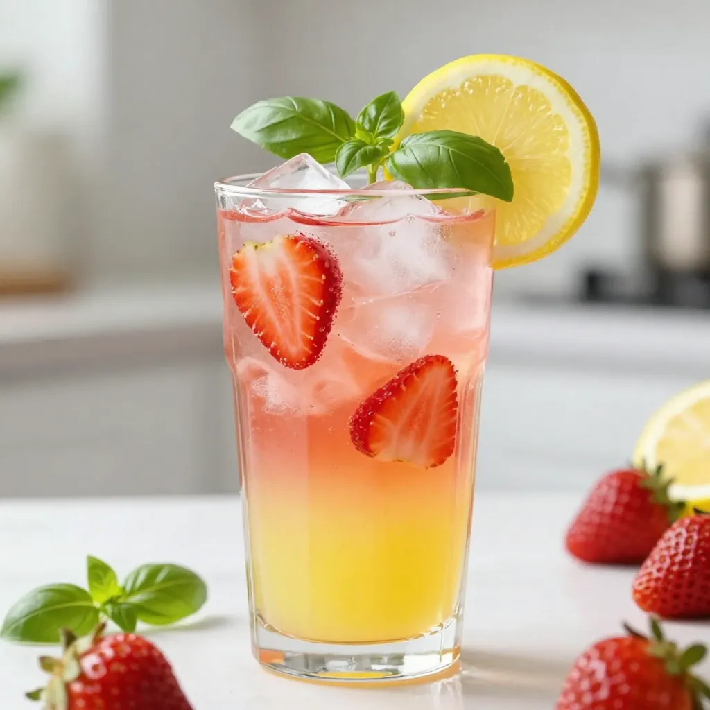 You need 1 cup of fresh strawberries for this drink. Make sure they are ripe and sweet. Slice them after hulling. This gives the lemonade a bright, fruity flavor. Use 1/4 cup of fresh basil leaves. They add a nice herbal twist. You can add more for garnish too. Fresh basil makes the drink special and fresh. You need 1 cup of freshly squeezed lemon juice. This is about 4 to 6 lemons. The juice gives the drink its tangy zing. Fresh juice is best for flavor. Use 1 cup of granulated sugar. This sweetens the drink. You can adjust the amount based on your taste. If you like it sweeter, add more sugar. You will need 4 cups of cold water. This helps mix all the flavors. Use cold water for a refreshing drink. It makes the lemonade crisp and cool. For serving, have ice cubes ready. Lemon slices and extra basil leaves are great garnishes. They make the drink look pretty and add extra flavor. Enjoy your Strawberry Basil Lemonade! {{ingredient_image_1}} To start, gather 1 cup of fresh strawberries. Hull and slice them. In a blender, add the strawberries and 1/2 cup of cold water. Blend this mix until it becomes smooth. If you like some chunks, blend for a shorter time. This puree will add great flavor to your drink. Next, take 1/4 cup of fresh basil leaves and 1/2 cup of cold water. In a medium saucepan, mix these with 1 cup of granulated sugar. Heat the mixture on medium heat. Stir it until the sugar dissolves. Once it simmers, take it off the heat. Let the basil steep for about 10 minutes. This step infuses the syrup with basil flavor. Now, strain the basil syrup through a fine-mesh sieve into a large pitcher. Discard the basil leaves. Add 1 cup of freshly squeezed lemon juice to the pitcher. Now, pour in the strawberry puree you made earlier. Mix these well to combine all the flavors. Finally, add the remaining 3.5 cups of cold water. Taste it now and adjust the sweetness if needed by adding more sugar. Once everything is mixed, put the pitcher in the refrigerator. Let it chill for at least 1 hour. This helps the flavors blend together and makes the drink refreshing. To serve, fill your glasses with ice cubes. Pour the chilled strawberry basil lemonade over the ice. For a nice touch, garnish with lemon slices and extra basil leaves. This makes your drink look as good as it tastes! You can change the sweetness of your lemonade easily. Start with the 1 cup of sugar in the recipe. After mixing, taste it. If it needs more sweetness, add a little sugar at a time. Stir well after each addition. You want it to taste just right for you! Choose ripe, fresh strawberries for the best flavor. Look for berries that are bright red and firm. Avoid ones that have white spots or are mushy. If you can, buy strawberries from a local farmer's market. They often taste better and are fresher. Think about adding other flavors to make your drink special. You can mix in a little mint for a fresh twist. Try a splash of ginger for some spice. A hint of lime juice can brighten the flavor too. Experiment with what you like! Make your drink look as good as it tastes. Use clear glasses to show off the vibrant colors. Add lemon slices and basil leaves on top for a nice touch. You can also use fun straws or cute cocktail picks. This makes your drink more inviting and fun! Pro Tips Fresh Ingredients Matter: Using fresh strawberries and basil will elevate the flavor of your lemonade, making it taste vibrant and refreshing. Adjust the Sweetness: Taste your lemonade before serving and adjust the sugar to your preference. You can also substitute honey or agave syrup for a different flavor profile. Chill for Best Results: Letting the lemonade chill for at least an hour allows the flavors to meld together beautifully, resulting in a more harmonious drink. Garnish Creatively: Get creative with your garnishes! Add sliced strawberries or a sprig of basil on top for a beautiful presentation that will impress your guests. {{image_2}} You can make your strawberry basil lemonade bubbly! To do this, use sparkling water instead of regular water. This adds a fun fizz and a new texture. Start with the same base recipe, then swap the last 3.5 cups of cold water for sparkling water. Serve it immediately over ice to keep the bubbles fresh. Feel free to mix in other fruits for a twist! Peaches, raspberries, or watermelon work great. Just blend them with the strawberries. You can also slice them and add them to the pitcher. This gives your drink more flavor and color. Try using other herbs if you want a new taste. Mint pairs well with strawberries and adds a cool flavor. You can also use rosemary for a more earthy taste. Just like with basil, steep the herbs in sugar water first. This brings out their flavors before you mix them into the lemonade. To keep your strawberry basil lemonade fresh, store it in the fridge. Use a large pitcher or a glass jar with a tight lid. This helps keep the flavors bright. Chill it for up to three days. Always give it a good stir before serving. If you notice any separation, that's normal. Just mix it well! You can freeze strawberry basil lemonade for later use. Pour the lemonade into ice cube trays or freezer-safe containers. This method lets you enjoy it later as a cool treat. When you're ready, thaw the cubes in the fridge or let them sit at room temp. You can also blend them into a slushy drink! The shelf life of your lemonade depends on how you store it. In the fridge, it lasts for about three days. If frozen, it can last up to six months. However, for the best flavor and freshness, I recommend using it within the first month. Enjoy the taste of summer anytime! Yes, you can use frozen strawberries. They work well in a pinch. Just let them thaw before blending. This makes blending easier and helps you get a smooth puree. Keep in mind that frozen strawberries might make your drink a bit colder and thicker. To make your lemonade less sweet, reduce the sugar. Start with half a cup instead of a full cup. You can also add more lemon juice to balance the taste. Taste it as you go until you find your perfect mix. Store any leftover lemonade in a sealed pitcher. Keep it in the fridge for up to three days. If you want to keep it longer, consider freezing it in ice cube trays. This way, you can enjoy it later without losing flavor. Yes! You can use mint or thyme instead of basil. Each herb brings a unique flavor to the lemonade. Mint will add a refreshing twist, while thyme gives a more earthy taste. Try different herbs to find your favorite. Basil is rich in antioxidants and can help fight inflammation. It also supports digestion. Strawberries are high in vitamin C and fiber, which boost your immune system. Together, they make a tasty drink with added health perks. Enjoy this drink knowing it's good for you! This blog post covered how to make strawberry basil lemonade step-by-step, from ingredients to serving. You learned about fresh strawberries, basil, and lemon juice, ensuring a tasty drink. I shared tips to adjust sweetness and enhance flavor. You found variations like adding sparkling water or other fruits. Remember, this drink is easy to make and fun to customize. Enjoy creating your own version of this refreshing lemonade!