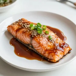 For this recipe, you will need: - 4 salmon fillets (6 oz each) - 1/4 cup soy sauce (low sodium recommended) - 2 tablespoons fresh ginger, grated - 2 tablespoons honey - 1 tablespoon sesame oil - 2 cloves garlic, minced - 1 tablespoon rice vinegar - 1 teaspoon sesame seeds - 2 green onions, chopped (for garnish) - Salt and pepper to taste You can swap some ingredients if needed. Here are a few ideas: - Use tamari instead of soy sauce for a gluten-free option. - Maple syrup can replace honey for a vegan choice. - If you do not have sesame oil, use olive oil instead. - Fresh ginger can be replaced with ground ginger if fresh is unavailable. Choosing the right salmon is key for this dish. Here are some tips: - Look for salmon that is bright in color. It should be shiny and moist. - Check for a fresh smell; it shouldn’t smell fishy. - If you can, buy wild-caught salmon. It often has better flavor. - Ask your fishmonger about the best cuts. The belly cuts are rich and fatty. {{ingredient_image_1}} To make Ginger Soy Glazed Salmon, start by mixing the marinade. In a bowl, whisk together 1/4 cup of soy sauce, 2 tablespoons of grated ginger, 2 tablespoons of honey, 1 tablespoon of sesame oil, 2 cloves of minced garlic, and 1 tablespoon of rice vinegar. This blend creates a sweet and tangy flavor. Next, place the salmon fillets in a shallow dish. Pour the marinade over the salmon, making sure each piece is well coated. Let the salmon sit in the fridge for at least 30 minutes. This time allows the flavors to soak in deeply. When you are ready to cook, preheat your grill or oven to medium-high heat, around 375°F (190°C). Remove the salmon from the marinade but keep the leftover marinade for later. Marinating your salmon is key to great flavor. I recommend at least 30 minutes of marinating time. If you have extra time, let it marinate for up to 2 hours. Just remember not to go beyond that, as the fish can start to break down. You can use a shallow dish or a resealable bag for the marinade. If using a bag, ensure you squeeze out all the air to let the marinade cover the fish evenly. This ensures every bite is packed with flavor. You can grill or bake the salmon, both methods yield tasty results. Grilling: If you choose to grill, place the salmon skin-side down. Grill for about 4-5 minutes on each side. Look for that beautiful flaky texture. Baking: If baking, place the salmon on a lined baking sheet. Bake for 12-15 minutes, basting with the reserved marinade halfway through. This keeps the salmon moist and adds extra flavor. No matter the method, check that the salmon flakes easily with a fork. Enjoy your delicious Ginger Soy Glazed Salmon! To cook salmon right, check the thickness. A 6-ounce fillet cooks well. Grill or bake until the fish is flaky. For grilling, aim for 4-5 minutes per side. If baking, about 12-15 minutes works great. Use a fork to test for flakiness. Aim for an internal temp of 145°F. To boost flavors, add fresh herbs like cilantro or basil. Lime juice can add a fresh zing. Try a sprinkle of chili flakes for heat. For a richer taste, use miso paste in the marinade. You can also switch honey for maple syrup. A splash of orange juice brightens the dish, too. Don’t skip marinating time; it’s key for flavor. Avoid overcooking; this dries out the salmon. Use low-sodium soy sauce to control saltiness. Be careful not to crowd the grill or pan; this affects cooking. Lastly, always reserve some marinade for basting. This adds extra flavor as the fish cooks. Pro Tips Marinate for Maximum Flavor: Ensure to marinate the salmon for at least 30 minutes, but if you have more time, letting it sit for up to 2 hours will enhance the flavors even further. Keep an Eye on Cooking Time: Salmon cooks quickly, and overcooking can lead to dryness. Aim for an internal temperature of 145°F (63°C) for perfectly flaky salmon. Use Fresh Ingredients: Fresh ginger and garlic make a significant difference in flavor compared to dried or powdered versions, so opt for fresh when possible. Experiment with Toppings: Feel free to customize your garnishes! Try adding sliced avocado, a sprinkle of chili flakes, or even a dash of lime juice for an extra zing. {{image_2}} You can switch up the flavors in this dish easily. Instead of soy sauce, try coconut aminos for a sweeter taste. If you want it spicier, add a sprinkle of red pepper flakes. You can also use maple syrup instead of honey for a different sweetness. Fresh herbs like cilantro or basil can give it a fresh twist. Serve this salmon with steamed rice or quinoa for a healthy meal. Roasted vegetables, like broccoli or carrots, pair nicely too. A fresh salad with a light vinaigrette complements the rich glaze. You can also add some avocado for creaminess. For a quick meal, serve it with a warm tortilla for a salmon wrap. To make this dish gluten-free, use tamari instead of soy sauce. This keeps the flavor while removing gluten. If you need a low-sugar option, try using a sugar substitute like stevia. For dairy-free diets, this recipe is already safe, so no changes are needed. Always check your ingredients to ensure they fit your needs. After enjoying your Ginger Soy Glazed Salmon, store any leftovers in an airtight container. This keeps the salmon fresh and prevents odors from mixing. If you have extra marinade, store it separately to use later. Let the salmon cool to room temperature before sealing it up. In the fridge, your salmon will stay good for 3 to 4 days. If you want to keep it longer, freeze it. When properly sealed in a freezer bag, it can last for up to 3 months. Always label your containers with the date so you know when you made it. To reheat, place the salmon in the oven at 350°F (175°C). Cover it with foil to keep it moist. Heat for about 10-15 minutes or until warm. You can also use a microwave, but do it in short bursts to avoid overcooking. Always check that the salmon is heated through before serving. If you have reserved marinade, drizzle some on top for added flavor. You can tell salmon is fully cooked by checking its color and texture. The fish should be opaque and flaky. When you poke it with a fork, it should easily break apart. The internal temperature should reach 145°F (63°C). If you are unsure, use a meat thermometer for accuracy. Yes, you can use frozen salmon. Just be sure to thaw it completely before marinating. A quick way to thaw salmon is to place it in cold water for about an hour. This method keeps the fish safe and fresh. Once thawed, follow the recipe as usual. Ginger Soy Glazed Salmon pairs well with many sides. Here are some tasty options: - Steamed rice or quinoa - Roasted vegetables, like broccoli or carrots - A fresh green salad with a light vinaigrette - Sautéed spinach with garlic - Asian-style coleslaw for a crunchy contrast These sides enhance the flavors of the salmon nicely. Enjoy your meal! This blog covered key points for making Ginger Soy Glazed Salmon. You learned about ingredients, cooking steps, tips for great flavor, and storage practices. I shared helpful ways to pick the best salmon and avoid common mistakes. Now, you can try new variations and know how to store leftovers well. Use these ideas to ensure your salmon is always tasty. Enjoy cooking, and don’t forget to share your results!