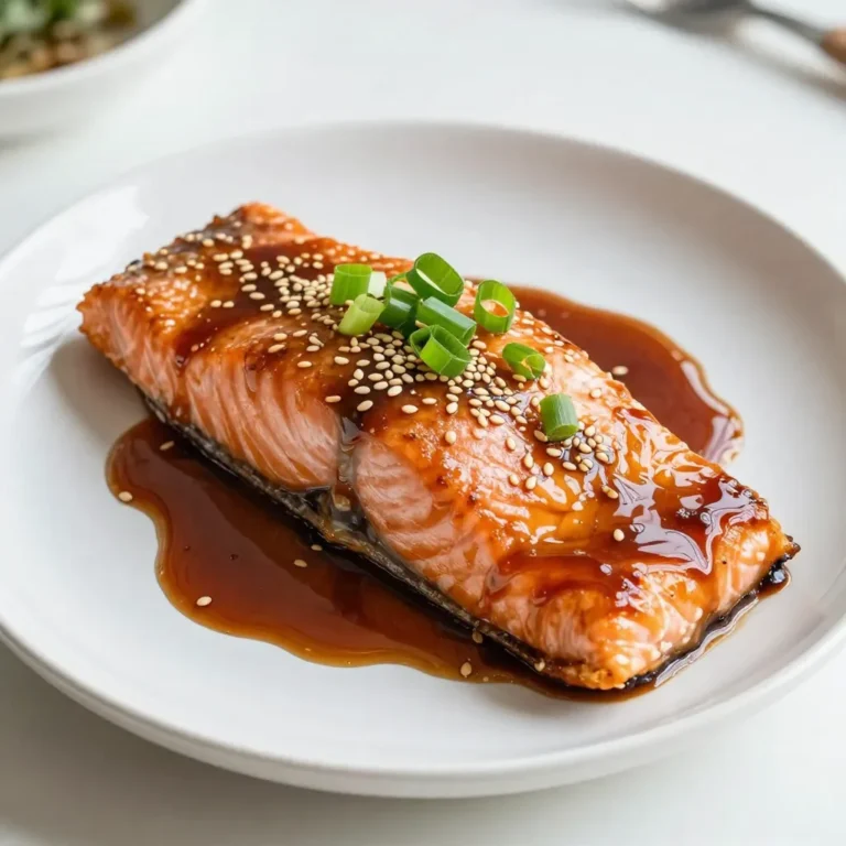 For this recipe, you will need: - 4 salmon fillets (6 oz each) - 1/4 cup soy sauce (low sodium recommended) - 2 tablespoons fresh ginger, grated - 2 tablespoons honey - 1 tablespoon sesame oil - 2 cloves garlic, minced - 1 tablespoon rice vinegar - 1 teaspoon sesame seeds - 2 green onions, chopped (for garnish) - Salt and pepper to taste You can swap some ingredients if needed. Here are a few ideas: - Use tamari instead of soy sauce for a gluten-free option. - Maple syrup can replace honey for a vegan choice. - If you do not have sesame oil, use olive oil instead. - Fresh ginger can be replaced with ground ginger if fresh is unavailable. Choosing the right salmon is key for this dish. Here are some tips: - Look for salmon that is bright in color. It should be shiny and moist. - Check for a fresh smell; it shouldn’t smell fishy. - If you can, buy wild-caught salmon. It often has better flavor. - Ask your fishmonger about the best cuts. The belly cuts are rich and fatty. {{ingredient_image_1}} To make Ginger Soy Glazed Salmon, start by mixing the marinade. In a bowl, whisk together 1/4 cup of soy sauce, 2 tablespoons of grated ginger, 2 tablespoons of honey, 1 tablespoon of sesame oil, 2 cloves of minced garlic, and 1 tablespoon of rice vinegar. This blend creates a sweet and tangy flavor. Next, place the salmon fillets in a shallow dish. Pour the marinade over the salmon, making sure each piece is well coated. Let the salmon sit in the fridge for at least 30 minutes. This time allows the flavors to soak in deeply. When you are ready to cook, preheat your grill or oven to medium-high heat, around 375°F (190°C). Remove the salmon from the marinade but keep the leftover marinade for later. Marinating your salmon is key to great flavor. I recommend at least 30 minutes of marinating time. If you have extra time, let it marinate for up to 2 hours. Just remember not to go beyond that, as the fish can start to break down. You can use a shallow dish or a resealable bag for the marinade. If using a bag, ensure you squeeze out all the air to let the marinade cover the fish evenly. This ensures every bite is packed with flavor. You can grill or bake the salmon, both methods yield tasty results. Grilling: If you choose to grill, place the salmon skin-side down. Grill for about 4-5 minutes on each side. Look for that beautiful flaky texture. Baking: If baking, place the salmon on a lined baking sheet. Bake for 12-15 minutes, basting with the reserved marinade halfway through. This keeps the salmon moist and adds extra flavor. No matter the method, check that the salmon flakes easily with a fork. Enjoy your delicious Ginger Soy Glazed Salmon! To cook salmon right, check the thickness. A 6-ounce fillet cooks well. Grill or bake until the fish is flaky. For grilling, aim for 4-5 minutes per side. If baking, about 12-15 minutes works great. Use a fork to test for flakiness. Aim for an internal temp of 145°F. To boost flavors, add fresh herbs like cilantro or basil. Lime juice can add a fresh zing. Try a sprinkle of chili flakes for heat. For a richer taste, use miso paste in the marinade. You can also switch honey for maple syrup. A splash of orange juice brightens the dish, too. Don’t skip marinating time; it’s key for flavor. Avoid overcooking; this dries out the salmon. Use low-sodium soy sauce to control saltiness. Be careful not to crowd the grill or pan; this affects cooking. Lastly, always reserve some marinade for basting. This adds extra flavor as the fish cooks. Pro Tips Marinate for Maximum Flavor: Ensure to marinate the salmon for at least 30 minutes, but if you have more time, letting it sit for up to 2 hours will enhance the flavors even further. Keep an Eye on Cooking Time: Salmon cooks quickly, and overcooking can lead to dryness. Aim for an internal temperature of 145°F (63°C) for perfectly flaky salmon. Use Fresh Ingredients: Fresh ginger and garlic make a significant difference in flavor compared to dried or powdered versions, so opt for fresh when possible. Experiment with Toppings: Feel free to customize your garnishes! Try adding sliced avocado, a sprinkle of chili flakes, or even a dash of lime juice for an extra zing. {{image_2}} You can switch up the flavors in this dish easily. Instead of soy sauce, try coconut aminos for a sweeter taste. If you want it spicier, add a sprinkle of red pepper flakes. You can also use maple syrup instead of honey for a different sweetness. Fresh herbs like cilantro or basil can give it a fresh twist. Serve this salmon with steamed rice or quinoa for a healthy meal. Roasted vegetables, like broccoli or carrots, pair nicely too. A fresh salad with a light vinaigrette complements the rich glaze. You can also add some avocado for creaminess. For a quick meal, serve it with a warm tortilla for a salmon wrap. To make this dish gluten-free, use tamari instead of soy sauce. This keeps the flavor while removing gluten. If you need a low-sugar option, try using a sugar substitute like stevia. For dairy-free diets, this recipe is already safe, so no changes are needed. Always check your ingredients to ensure they fit your needs. After enjoying your Ginger Soy Glazed Salmon, store any leftovers in an airtight container. This keeps the salmon fresh and prevents odors from mixing. If you have extra marinade, store it separately to use later. Let the salmon cool to room temperature before sealing it up. In the fridge, your salmon will stay good for 3 to 4 days. If you want to keep it longer, freeze it. When properly sealed in a freezer bag, it can last for up to 3 months. Always label your containers with the date so you know when you made it. To reheat, place the salmon in the oven at 350°F (175°C). Cover it with foil to keep it moist. Heat for about 10-15 minutes or until warm. You can also use a microwave, but do it in short bursts to avoid overcooking. Always check that the salmon is heated through before serving. If you have reserved marinade, drizzle some on top for added flavor. You can tell salmon is fully cooked by checking its color and texture. The fish should be opaque and flaky. When you poke it with a fork, it should easily break apart. The internal temperature should reach 145°F (63°C). If you are unsure, use a meat thermometer for accuracy. Yes, you can use frozen salmon. Just be sure to thaw it completely before marinating. A quick way to thaw salmon is to place it in cold water for about an hour. This method keeps the fish safe and fresh. Once thawed, follow the recipe as usual. Ginger Soy Glazed Salmon pairs well with many sides. Here are some tasty options: - Steamed rice or quinoa - Roasted vegetables, like broccoli or carrots - A fresh green salad with a light vinaigrette - Sautéed spinach with garlic - Asian-style coleslaw for a crunchy contrast These sides enhance the flavors of the salmon nicely. Enjoy your meal! This blog covered key points for making Ginger Soy Glazed Salmon. You learned about ingredients, cooking steps, tips for great flavor, and storage practices. I shared helpful ways to pick the best salmon and avoid common mistakes. Now, you can try new variations and know how to store leftovers well. Use these ideas to ensure your salmon is always tasty. Enjoy cooking, and don’t forget to share your results!