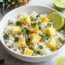 To make Pineapple Cilantro Lime Rice, you will need: - 1 cup jasmine rice - 2 cups vegetable broth (or water) - 1 cup fresh pineapple, diced - 1/4 cup fresh cilantro, chopped - Zest and juice of 2 limes - 1 tablespoon coconut oil (or any oil) - 1/2 teaspoon salt (adjust to taste) - 1/4 teaspoon black pepper - 1/4 teaspoon red pepper flakes (optional, for a bit of heat) Each ingredient plays a key role in making this dish bright and tasty. The jasmine rice gives a nice, soft texture. The pineapple adds sweetness, while cilantro gives a fresh taste. Lime juice and zest bring a zesty kick. You can add a few optional ingredients to enhance the flavor: - 1/4 cup chopped green onions - 1/4 cup diced red bell pepper - 1/2 teaspoon garlic powder These ingredients can add more color and depth to your rice. Green onions provide a mild onion flavor. Diced red bell pepper adds sweetness and crunch. Garlic powder brings a nice, savory note. If you need to substitute some ingredients, here are a few ideas: - Use brown rice instead of jasmine rice for more fiber. - Swap vegetable broth with chicken broth for a non-vegetarian option. - Use lime juice from a bottle if fresh limes are not available. These substitutions can keep the dish delicious while fitting your pantry. You can mix and match based on what you have at home. This flexibility makes the dish easier to prepare. {{ingredient_image_1}} First, you need to rinse the jasmine rice. This removes extra starch that can make the rice sticky. Place the rice in a fine mesh strainer and run cold water over it until the water runs clear. After rinsing, let the rice drain well. Next, heat a medium saucepan over medium heat. Add 1 tablespoon of coconut oil to the pan. Once the oil is warm, add the rinsed rice. Toast the rice for about 2-3 minutes. Stir often until you smell a nice nutty scent. Now, pour in 2 cups of vegetable broth or water and add 1/2 teaspoon of salt. Bring this mixture to a boil. When it boils, reduce the heat to low. Cover the pan and let it cook for 15 minutes. After that time, the rice should be tender, and all the liquid will be gone. Once done, take the pan off the heat. Keep it covered for 5 more minutes. Fluff the rice gently with a fork. Now for the fun part! In a large bowl, combine the fluffed rice with 1 cup of diced pineapple, 1/4 cup of chopped cilantro, and the zest and juice of 2 limes. Add 1/4 teaspoon of black pepper and, if you like some spice, 1/4 teaspoon of red pepper flakes. Mix everything gently until well combined. Taste the rice and see if it needs more lime juice or salt. Adjust to your liking. Enjoy the fresh flavors! Toasting rice brings out its best flavor. Start by rinsing the jasmine rice well. This removes excess starch. After rinsing, heat coconut oil in a pan. Add the rice to the hot oil. Stir it for 2-3 minutes until it smells great. This step makes the rice nutty and aromatic. You will love the depth of flavor this adds. If you want a little kick, add red pepper flakes. Start with just a pinch. This spice can enhance the dish without overpowering it. If you like it spicy, add more to your taste. Remember, the goal is to balance flavors. The heat pairs well with sweet pineapple and fresh lime. Fluffing rice is key to a perfect texture. After cooking, let it sit covered for 5 minutes. This allows the moisture to settle. Then, use a fork to fluff the rice gently. Avoid using a spoon, as it can make the rice mushy. Fluffing helps separate the grains, making the rice light and fluffy. Enjoy this simple trick for a better dish! Pro Tips Rinse the Rice: Rinsing the rice removes excess starch, which helps prevent it from becoming sticky during cooking. Toasting the Rice: Toasting the rice in oil before adding the liquid enhances its flavor and adds a delightful nuttiness. Fresh Ingredients: Use fresh pineapple and cilantro for the best flavor. Canned pineapple can be used, but fresh adds a bright and vibrant taste. Adjusting Heat: If you prefer a spicier dish, feel free to increase the amount of red pepper flakes or even add diced jalapeños. {{image_2}} You can make this dish even more vibrant by adding fruits. Try mango or papaya. Both fruits pair perfectly with the pineapple. Their sweetness adds a nice contrast to the lime. Simply chop them up and mix them in with the rice. You can use 1 cup of diced fruit for a fruity twist. This recipe is already vegan and gluten-free. To keep it that way, use vegetable broth or water. Check labels on the broth to ensure no gluten sneaks in. If you want to add protein, consider adding black beans or chickpeas. They add texture and keep the dish filling. Pineapple cilantro lime rice is great for many meals. Serve it as a side dish with grilled chicken or fish. It also works well at summer picnics or barbecues. For a fun twist, use it as a filling in tacos or burritos. Garnish with extra cilantro and lime wedges for a fresh touch. To store leftover rice, let it cool down first. Place it in an airtight container. Make sure to keep it in the fridge. It will last for up to 4 days. For best taste, eat it within 2 days. If you notice any odd smells or colors, throw it away. Freezing this rice is easy. First, let it cool completely. Then, scoop it into freezer-safe bags. Flatten the bags to save space. Label each bag with the date. You can freeze it for up to 3 months. When you’re ready to eat, just thaw it in the fridge overnight. To reheat the rice, use the microwave or a pan. If using a microwave, add a splash of water. Cover the bowl to keep moisture in. Heat for 1-2 minutes, stirring halfway. In a pan, use low heat and stir often. This helps keep the rice fluffy and tasty. Yes, you can use other rice types. Brown rice or basmati rice would work well. Just remember, they cook differently. For brown rice, use more water and a longer cooking time. Basmati rice needs less water and cooks faster. Rinse all rice types before cooking to remove excess starch. To add heat, use red pepper flakes. Start with half a teaspoon and taste. You can also add fresh jalapeños or diced serrano peppers. If you want a smoky flavor, try adding chipotle powder. Mix these spicy ingredients in with the pineapple and cilantro for even flavor. This rice goes well with many meals. It pairs great with grilled chicken, shrimp, or fish. You can serve it with tacos or burritos too. For a vegetarian option, try it with black beans or roasted veggies. Adding this rice to your plate brings a refreshing twist. This post covered the key aspects of making Pineapple Cilantro Lime Rice. We went over ingredients, step-by-step cooking instructions, and useful tips. You learned about flavor variations and how to store leftovers. Cooking doesn't have to be hard. With these steps, you can create a tasty dish. Enjoy trying new flavors and don't be afraid to experiment. Happy cooking!