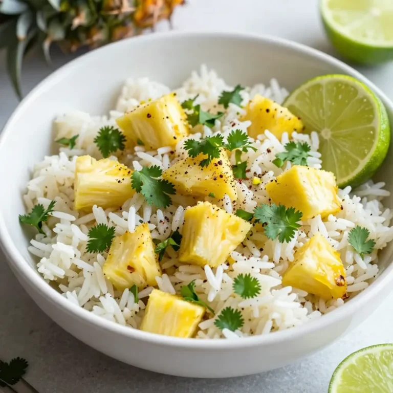 To make Pineapple Cilantro Lime Rice, you will need: - 1 cup jasmine rice - 2 cups vegetable broth (or water) - 1 cup fresh pineapple, diced - 1/4 cup fresh cilantro, chopped - Zest and juice of 2 limes - 1 tablespoon coconut oil (or any oil) - 1/2 teaspoon salt (adjust to taste) - 1/4 teaspoon black pepper - 1/4 teaspoon red pepper flakes (optional, for a bit of heat) Each ingredient plays a key role in making this dish bright and tasty. The jasmine rice gives a nice, soft texture. The pineapple adds sweetness, while cilantro gives a fresh taste. Lime juice and zest bring a zesty kick. You can add a few optional ingredients to enhance the flavor: - 1/4 cup chopped green onions - 1/4 cup diced red bell pepper - 1/2 teaspoon garlic powder These ingredients can add more color and depth to your rice. Green onions provide a mild onion flavor. Diced red bell pepper adds sweetness and crunch. Garlic powder brings a nice, savory note. If you need to substitute some ingredients, here are a few ideas: - Use brown rice instead of jasmine rice for more fiber. - Swap vegetable broth with chicken broth for a non-vegetarian option. - Use lime juice from a bottle if fresh limes are not available. These substitutions can keep the dish delicious while fitting your pantry. You can mix and match based on what you have at home. This flexibility makes the dish easier to prepare. {{ingredient_image_1}} First, you need to rinse the jasmine rice. This removes extra starch that can make the rice sticky. Place the rice in a fine mesh strainer and run cold water over it until the water runs clear. After rinsing, let the rice drain well. Next, heat a medium saucepan over medium heat. Add 1 tablespoon of coconut oil to the pan. Once the oil is warm, add the rinsed rice. Toast the rice for about 2-3 minutes. Stir often until you smell a nice nutty scent. Now, pour in 2 cups of vegetable broth or water and add 1/2 teaspoon of salt. Bring this mixture to a boil. When it boils, reduce the heat to low. Cover the pan and let it cook for 15 minutes. After that time, the rice should be tender, and all the liquid will be gone. Once done, take the pan off the heat. Keep it covered for 5 more minutes. Fluff the rice gently with a fork. Now for the fun part! In a large bowl, combine the fluffed rice with 1 cup of diced pineapple, 1/4 cup of chopped cilantro, and the zest and juice of 2 limes. Add 1/4 teaspoon of black pepper and, if you like some spice, 1/4 teaspoon of red pepper flakes. Mix everything gently until well combined. Taste the rice and see if it needs more lime juice or salt. Adjust to your liking. Enjoy the fresh flavors! Toasting rice brings out its best flavor. Start by rinsing the jasmine rice well. This removes excess starch. After rinsing, heat coconut oil in a pan. Add the rice to the hot oil. Stir it for 2-3 minutes until it smells great. This step makes the rice nutty and aromatic. You will love the depth of flavor this adds. If you want a little kick, add red pepper flakes. Start with just a pinch. This spice can enhance the dish without overpowering it. If you like it spicy, add more to your taste. Remember, the goal is to balance flavors. The heat pairs well with sweet pineapple and fresh lime. Fluffing rice is key to a perfect texture. After cooking, let it sit covered for 5 minutes. This allows the moisture to settle. Then, use a fork to fluff the rice gently. Avoid using a spoon, as it can make the rice mushy. Fluffing helps separate the grains, making the rice light and fluffy. Enjoy this simple trick for a better dish! Pro Tips Rinse the Rice: Rinsing the rice removes excess starch, which helps prevent it from becoming sticky during cooking. Toasting the Rice: Toasting the rice in oil before adding the liquid enhances its flavor and adds a delightful nuttiness. Fresh Ingredients: Use fresh pineapple and cilantro for the best flavor. Canned pineapple can be used, but fresh adds a bright and vibrant taste. Adjusting Heat: If you prefer a spicier dish, feel free to increase the amount of red pepper flakes or even add diced jalapeños. {{image_2}} You can make this dish even more vibrant by adding fruits. Try mango or papaya. Both fruits pair perfectly with the pineapple. Their sweetness adds a nice contrast to the lime. Simply chop them up and mix them in with the rice. You can use 1 cup of diced fruit for a fruity twist. This recipe is already vegan and gluten-free. To keep it that way, use vegetable broth or water. Check labels on the broth to ensure no gluten sneaks in. If you want to add protein, consider adding black beans or chickpeas. They add texture and keep the dish filling. Pineapple cilantro lime rice is great for many meals. Serve it as a side dish with grilled chicken or fish. It also works well at summer picnics or barbecues. For a fun twist, use it as a filling in tacos or burritos. Garnish with extra cilantro and lime wedges for a fresh touch. To store leftover rice, let it cool down first. Place it in an airtight container. Make sure to keep it in the fridge. It will last for up to 4 days. For best taste, eat it within 2 days. If you notice any odd smells or colors, throw it away. Freezing this rice is easy. First, let it cool completely. Then, scoop it into freezer-safe bags. Flatten the bags to save space. Label each bag with the date. You can freeze it for up to 3 months. When you’re ready to eat, just thaw it in the fridge overnight. To reheat the rice, use the microwave or a pan. If using a microwave, add a splash of water. Cover the bowl to keep moisture in. Heat for 1-2 minutes, stirring halfway. In a pan, use low heat and stir often. This helps keep the rice fluffy and tasty. Yes, you can use other rice types. Brown rice or basmati rice would work well. Just remember, they cook differently. For brown rice, use more water and a longer cooking time. Basmati rice needs less water and cooks faster. Rinse all rice types before cooking to remove excess starch. To add heat, use red pepper flakes. Start with half a teaspoon and taste. You can also add fresh jalapeños or diced serrano peppers. If you want a smoky flavor, try adding chipotle powder. Mix these spicy ingredients in with the pineapple and cilantro for even flavor. This rice goes well with many meals. It pairs great with grilled chicken, shrimp, or fish. You can serve it with tacos or burritos too. For a vegetarian option, try it with black beans or roasted veggies. Adding this rice to your plate brings a refreshing twist. This post covered the key aspects of making Pineapple Cilantro Lime Rice. We went over ingredients, step-by-step cooking instructions, and useful tips. You learned about flavor variations and how to store leftovers. Cooking doesn't have to be hard. With these steps, you can create a tasty dish. Enjoy trying new flavors and don't be afraid to experiment. Happy cooking!