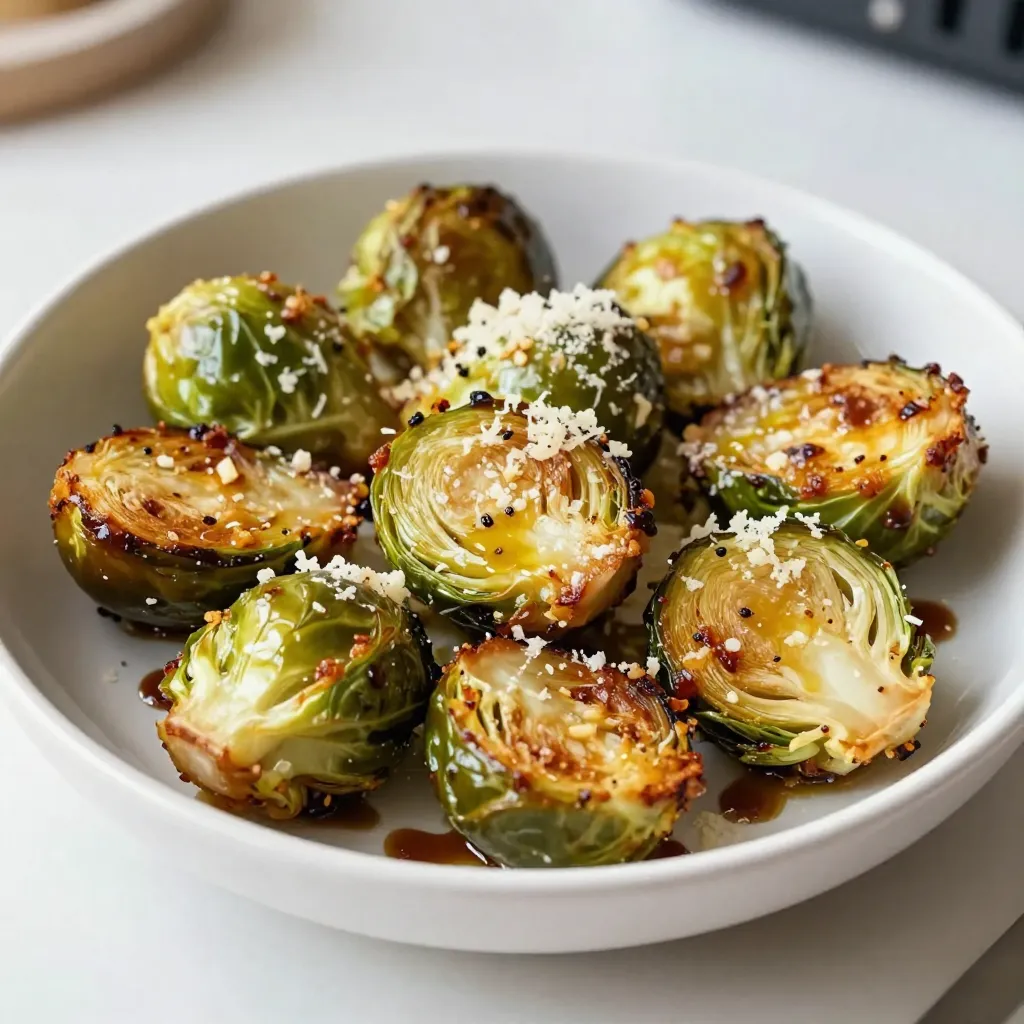 - 1 pound Brussels sprouts, halved - 3 tablespoons olive oil - 4 cloves garlic, minced - 1 teaspoon paprika - 1/2 teaspoon salt - 1/4 teaspoon black pepper - 1/4 cup grated Parmesan cheese - 2 tablespoons balsamic glaze (optional) To make Air Fryer Garlic Parmesan Brussels Sprouts, you need fresh ingredients. Start with one pound of Brussels sprouts. Halve them for even cooking. Olive oil adds flavor and helps them crisp. You’ll want three tablespoons of that. For a punch of flavor, use four cloves of minced garlic. Paprika brings a nice warmth, so add one teaspoon. Don’t forget salt and black pepper for taste; half a teaspoon of salt and a quarter teaspoon of pepper will do. Lastly, use a quarter cup of grated Parmesan cheese to finish these off. If you like a touch of sweetness, drizzling with balsamic glaze is optional. - Air fryer - Mixing bowl - Measuring spoons and cups The right tools help a lot. You’ll need an air fryer, as it cooks these sprouts to perfection. A mixing bowl is essential for combining the ingredients. Measuring spoons and cups ensure you get the right amounts. Using the right equipment makes cooking easier and more fun! {{ingredient_image_1}} First, you need to preheat the air fryer to 375°F (190°C). This step is key for getting crispy Brussels sprouts. While it heats, grab a large mixing bowl. In this bowl, combine 1 pound of halved Brussels sprouts, 3 tablespoons of olive oil, 4 cloves of minced garlic, 1 teaspoon of paprika, 1/2 teaspoon of salt, and 1/4 teaspoon of black pepper. Toss everything together until the Brussels sprouts are well coated. This mix adds flavor and helps them crisp up nicely. Next, place the Brussels sprouts in the air fryer basket. Make sure to arrange them in a single layer. This ensures even cooking. Now, air fry the Brussels sprouts for 15 to 18 minutes. Be sure to shake the basket halfway through cooking. This action helps them cook evenly and get that perfect golden brown color. Once they are done, transfer the Brussels sprouts to a bowl. While they are still hot, sprinkle 1/4 cup of grated Parmesan cheese over them. Toss the sprouts gently to combine. If you want an extra flavor boost, drizzle with 2 tablespoons of balsamic glaze. This step is optional but adds a sweet and tangy finish. Enjoy your delicious Air Fryer Garlic Parmesan Brussels Sprouts! To get your Brussels sprouts extra crispy, coat them well. Use enough olive oil to cover every piece. This helps them brown nicely. Preheat your air fryer before cooking. This step makes a big difference. Shaking the basket is key. It ensures even cooking. Halfway through, give the basket a good shake. This helps all sides of the sprouts get nice and crispy. Want to boost the flavor? Consider adding spices like garlic powder or onion powder. A pinch of red pepper flakes can add heat. If you're not a fan of Parmesan, try other cheeses. Feta or goat cheese can work well. Nutritional yeast is a great vegan option too. To make your dish lighter, reduce the oil. Try using just 1 tablespoon instead of 3. This will lower the calorie count. If you need to swap ingredients, use low-sodium soy sauce instead of salt. You can also try using a different vegetable like broccoli. These changes keep the dish tasty and healthy. Pro Tips Choose Fresh Brussels Sprouts: Look for tight, green sprouts with no yellowing or blemishes for the best flavor and texture. Even Coating is Key: Ensure the Brussels sprouts are evenly coated with olive oil and seasonings to achieve a consistent crispiness. Don't Overcrowd the Basket: Air fry in batches if necessary, as overcrowding can lead to uneven cooking and soggy sprouts. Experiment with Seasonings: Feel free to add other spices like garlic powder or cayenne pepper for an extra kick of flavor. {{image_2}} You can give your Brussels sprouts a twist. For a spicy kick, add red pepper flakes. Start with a pinch and taste as you go. If you like sweet flavors, try honey or maple syrup. These ingredients add a nice touch. Do you want a different base? You can swap Brussels sprouts for broccoli or cauliflower. Both will roast well in the air fryer. If you need a vegan option, use nutritional yeast instead of Parmesan cheese. It gives a cheesy flavor without dairy. Pair your Air Fryer Garlic Parmesan Brussels Sprouts with main dishes like grilled chicken or salmon. They add a nice crunch. For a fun presentation, serve them in a bowl with a drizzle of balsamic glaze on top. This makes your dish look fancy! To store leftovers, let the Brussels sprouts cool first. Place them in an airtight container. This helps keep them fresh in the fridge. They will last about 3 to 4 days. When you're ready to eat, reheat them in your air fryer. Set it to 350°F (175°C) for about 5 to 7 minutes. This will help them regain their crispiness. Freezing Brussels sprouts is a great option for long-term storage. First, blanch them in boiling water for 3 minutes. Then, cool them in ice water to stop cooking. Drain and place them in a freezer bag. Squeeze out extra air and seal. They can last up to 12 months in the freezer. When you want to use them, thaw in the fridge overnight. For the best taste and texture, cook them straight from frozen. Cooked Brussels sprouts last about 3 to 5 days in the fridge. Look out for signs of spoilage. If they smell bad or look slimy, it’s time to toss them. Fresh sprouts should be bright green and firm. If they lose color or become mushy, they are no longer good to eat. How long do you cook Brussels sprouts in an air fryer? You cook Brussels sprouts in an air fryer for 15 to 18 minutes. I suggest shaking the basket halfway. This helps them cook evenly and get crispy. Can I use frozen Brussels sprouts for this recipe? Yes, you can use frozen Brussels sprouts. Just remember that they may take a bit longer to cook. Thaw them first for better results. What are the health benefits of Brussels sprouts? Brussels sprouts are packed with vitamins. They are high in vitamin K, which helps bone health. They also have vitamin C for a strong immune system. Plus, they are rich in fiber, aiding digestion. How many calories are in Air Fryer Garlic Parmesan Brussels Sprouts? One serving of Air Fryer Garlic Parmesan Brussels Sprouts has about 150 calories. This is a tasty and guilt-free side dish. Can I halve the recipe for fewer servings? Yes, you can easily halve the recipe. Just use half the amount of each ingredient to make fewer servings. It will still taste great! What to do if I don't have an air fryer? If you don't have an air fryer, you can roast the Brussels sprouts in the oven. Preheat your oven to 400°F (200°C) and roast them for 25 to 30 minutes. Just make sure to stir them halfway for even cooking. In this post, I shared how to make Air Fryer Garlic Parmesan Brussels Sprouts. You learned about key ingredients, tools needed, and easy steps to follow. I also covered tips for perfecting the dish, different variations, and storage best practices. Experiment with flavors and enjoy this healthy, tasty side. Get creative with your ingredients, and don't forget to share your results. Happy cooking!