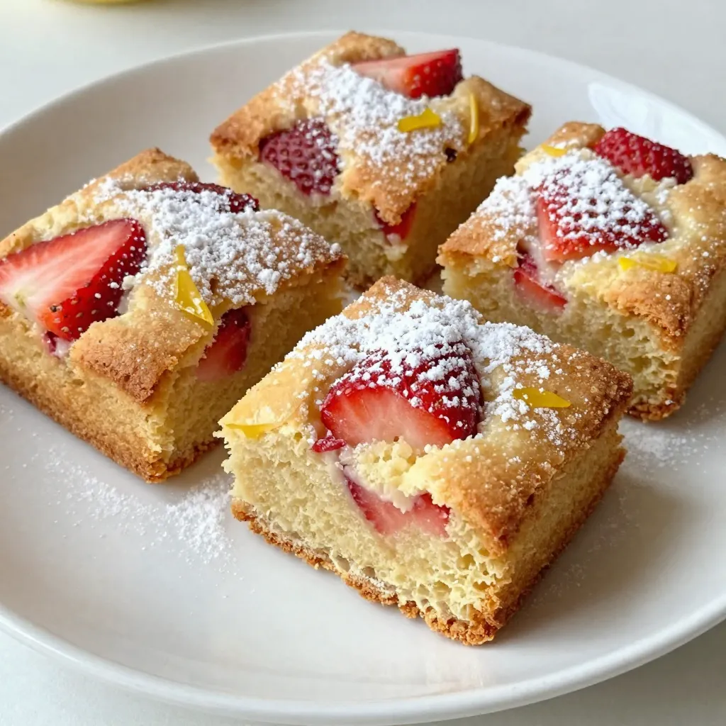 - 1 cup unsalted butter - 1 cup brown sugar - 1/2 cup granulated sugar - 2 large eggs - 2 teaspoons vanilla extract - 1 3/4 cups all-purpose flour - 1 teaspoon baking powder - 1/2 teaspoon salt - Zest and juice of 1 lemon - 1 cup fresh strawberries To make delicious strawberry lemon blondies, gather these main ingredients. Each one plays a key role. Start with unsalted butter for a rich flavor. Use brown sugar for moisture and sweetness. The granulated sugar adds a nice crunch. Fresh eggs help bind everything together. Vanilla extract adds warmth and depth. All-purpose flour gives structure, while baking powder makes them rise. Salt enhances the flavors. Finally, the zest and juice of one lemon brighten up the treat. Chopped fresh strawberries add a lovely fruity touch. - Powdered sugar for dusting You can add powdered sugar for a sweet finish. It looks lovely on top and adds a touch of sweetness. Dust it right before serving for the best effect. This optional step makes your blondies even more appealing. {{ingredient_image_1}} - Preheat the oven to 350°F (175°C). - Grease and line an 8x8 inch baking dish with parchment paper. - Leave some overhang for easy lifting later. - In a large bowl, combine the melted butter, brown sugar, and granulated sugar. - Whisk until the mixture is smooth and well mixed. - Add the eggs one at a time, mixing well after each. - Stir in the vanilla extract until fully mixed. - In another bowl, whisk together the flour, baking powder, salt, lemon zest, and lemon juice. - Gradually add the dry mix to the wet mix. Stir gently until just combined. - Gently fold in the chopped strawberries, so they spread evenly throughout the batter. - Pour the batter into the prepared baking dish. - Use a spatula to spread it out evenly. - Bake for 25-30 minutes. - Check for doneness by inserting a toothpick in the center. It should come out clean with a few moist crumbs. - Remove from the oven and let cool for about 10 minutes. - Lift the blondies out using the parchment overhang. - Allow them to cool completely on a wire rack before serving. To get the right texture, do not overmix the batter. When you mix too much, the blondies become tough. Mix until ingredients just combine. This keeps them soft and chewy. Once they cool, they will set nicely. Letting them cool for about 10 minutes in the pan helps too. Then, lift them out using the parchment paper. This step allows them to cool evenly and keeps them from becoming soggy. Adding a bit more citrus can brighten the taste. Try adding an extra teaspoon of lemon zest or juice. You can also mix in spices like cinnamon or nutmeg. For a fun twist, try different fruits. Raspberries or blueberries work well. They add a unique flavor and color. To make your blondies look fancy, dust them with powdered sugar. This simple step adds elegance. You can also serve them with fresh strawberries on the side. A dollop of whipped cream or a scoop of vanilla ice cream pairs nicely too. These small touches make your dessert stand out at any gathering. Pro Tips Use Fresh Strawberries: For the best flavor and texture, always use fresh, ripe strawberries. Frozen strawberries can lead to a soggy batter. Don’t Overmix: When combining the dry and wet ingredients, mix just until combined. Overmixing can result in dense blondies. Check for Doneness: Since ovens can vary, start checking your blondies a few minutes before the suggested baking time to prevent overbaking. Cool Completely: Allow the blondies to cool completely on a wire rack before cutting to ensure clean edges and prevent them from falling apart. {{image_2}} Serving Strawberry Lemon Blondies with ice cream or whipped cream adds a nice touch. The creaminess of ice cream balances the fruity flavor. Whipped cream brings a light and airy feel. You can also drizzle with sauces like chocolate or caramel. A berry sauce pairs well too, enhancing the fruity notes. If you need dairy-free options, try coconut oil instead of butter. It keeps the rich taste. For a gluten-free version, use almond flour or a gluten-free blend. Both options work well, but make sure to check the mix’s ratios. Want to switch things up? Add chocolate chips for a sweet contrast. Nuts like walnuts or pecans offer a nice crunch. You can also mix in other berries. Raspberries bring tartness, while blueberries add a sweet burst. Each choice creates a new twist on the classic blondie! To keep your strawberry lemon blondies fresh, store them at room temperature. Use an airtight container to prevent them from drying out. If you want them to last longer, place a piece of parchment paper between layers. This helps keep them soft and prevents sticking. To freeze blondies, first, let them cool completely. Cut them into squares, and wrap each piece in plastic wrap. Then, place the wrapped blondies in a freezer bag. This method keeps them fresh for up to three months. When you want to enjoy them, thaw them in the fridge overnight or at room temperature for a few hours. At room temperature, your blondies will stay fresh for about three days. If you refrigerate them, they can last up to a week. Just remember to keep them covered to maintain moisture. Yes, you can use frozen strawberries. Just remember to thaw and drain them first. This helps keep your blondies from getting too soggy. Frozen fruit may release extra moisture. Chop them into smaller pieces for even mixing. Look for a golden top and edges that pull away from the pan. A toothpick inserted in the center should come out clean, with a few moist crumbs. If it comes out with wet batter, they need more time. Keep an eye on them during baking. Absolutely! You can bake them a day ahead. Just let them cool completely. Store them in an airtight container at room temperature. For best taste, add powdered sugar right before serving. This keeps it looking fresh and tasty. We explored the delicious world of strawberry lemon blondies, covering essential ingredients, simple steps, and expert tips. You learned how to create a tasty treat that balances sweet and citrus flavors. Remember, using fresh fruit can elevate the taste, while optional ingredients like powdered sugar enhance the look. Baking these blondies can be fun and yield great results. Enjoy sharing them with friends or trying your own variations. These blondies are perfect for any occasion, ensuring happy moments.