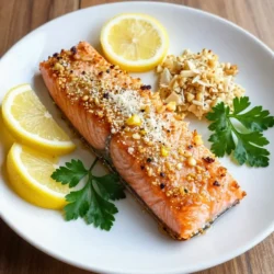 For this dish, you will need: - 4 salmon fillets (about 6 oz each) - 4 tablespoons unsalted butter, melted - 1 cup grated Parmesan cheese - 4 cloves garlic, minced - 1 teaspoon lemon zest - 1 teaspoon dried parsley - ½ teaspoon salt - ¼ teaspoon black pepper - 2 tablespoons fresh lemon juice These ingredients create a tasty crust that enhances the salmon's flavor. The butter helps the crust stick and adds richness. Parmesan gives a nice salty bite, while garlic brings warmth. The lemon zest brightens the dish with its fresh flavor. You can add a few ingredients to make this dish even better: - Fresh herbs like dill or thyme - A pinch of red pepper flakes for heat - Chopped sun-dried tomatoes for a sweet touch - A squeeze of fresh lime for zest These add-ins can change the taste and make it your own. Try different combinations to see what you like best. Each serving of Garlic Parmesan Crusted Salmon has: - Calories: 400 - Protein: 36g - Fat: 25g - Carbohydrates: 2g - Fiber: 0g - Sugar: 0g This dish is a great way to enjoy healthy fats and protein. Salmon is rich in omega-3 fatty acids, which are good for your heart. With low carbs, it fits well in many diets. Enjoying this dish can be both delicious and nutritious. {{ingredient_image_1}} First, you need to set the oven to 400°F (200°C). This temperature is key for a crispy crust. Next, take a baking sheet and line it with parchment paper. If you prefer, lightly grease it with cooking spray. This step makes cleanup easy and helps the salmon cook evenly. In a medium bowl, mix together the melted butter, grated Parmesan cheese, minced garlic, lemon zest, dried parsley, salt, and black pepper. Use a spoon to combine these ingredients well. You want the mix to be thick and spreadable. This mixture gives the salmon a rich flavor and a crunchy top. Now, place the salmon fillets skin-side down on the baking sheet. Drizzle fresh lemon juice over each fillet. This adds brightness to the dish. Then, take your garlic Parmesan mix and spread it generously on top of each fillet. Press down slightly to help it stick. Bake the salmon for about 12-15 minutes. Look for a golden, bubbly crust and cooked-through salmon. For an extra crispy finish, switch to broil for 2-3 minutes, but watch closely to avoid burning. To cook salmon just right, aim for a pink center. The fish should flake easily with a fork. I recommend using a meat thermometer. The ideal internal temperature is 145°F (63°C). This ensures it is safe to eat while still moist. A little practice helps you know when it’s done. Salmon fillets vary in thickness. For thinner fillets, cook for 10-12 minutes. Thicker fillets may need 15-18 minutes. Always check on your salmon as it cooks. If the fillet is over one inch thick, add a few extra minutes. This keeps it tender and juicy. If you have leftover salmon, cool it down quickly. Place it in an airtight container. It will stay fresh in the fridge for up to three days. To reheat, use a low oven or microwave. Add a splash of lemon juice for extra flavor. You can also flake it into salads or pasta dishes for a tasty meal. Pro Tips Use Fresh Ingredients: Always opt for fresh salmon and freshly minced garlic for the best flavor and texture in your dish. Check Salmon for Doneness: To ensure perfect cooking, use a fork to gently flake the salmon. If it flakes easily and the flesh is opaque, it’s done. Customize the Seasoning: Feel free to experiment with additional herbs or spices like thyme or paprika to tailor the flavor to your liking. Pair with Sides: Serve with a fresh salad or roasted vegetables to complement the rich flavors of the garlic Parmesan crust. {{image_2}} You can swap salmon for other fish. Try using trout, cod, or tilapia. Each fish has a unique taste and texture. They will all work well with the garlic Parmesan crust. Adjust the baking time if needed. Thinner fish cooks faster, while thicker fish takes longer. You can get creative with the crust. Instead of Parmesan, use feta or cheddar. Add crushed nuts like almonds or walnuts for crunch. Spices like paprika or cayenne can add a nice kick. Fresh herbs like basil or dill can also enhance the flavor. Mix and match to find what you love. To make this dish gluten-free, check your cheese for gluten. Use gluten-free breadcrumbs if you want a crunchy crust. For a dairy-free option, use vegan cheese or nutritional yeast. You can also use olive oil instead of butter. This way, everyone can enjoy this tasty meal. To store cooked salmon, let it cool down first. Once cool, wrap it tightly in plastic wrap or foil. Place it in an airtight container. This way, it stays fresh for about 3 days in the fridge. To reheat your salmon, preheat your oven to 275°F (135°C). Place the salmon on a baking sheet. Cover it loosely with foil to keep it moist. Heat for about 10-15 minutes. This method keeps the crust crispy while warming the fish evenly. If you want to freeze your salmon, wrap it tightly in plastic wrap or foil. Then, place it in a freezer-safe bag. You can freeze it for up to 3 months. When you’re ready to eat, thaw it in the fridge overnight. Reheat it gently, and your meal will taste fresh! Bake the Garlic Parmesan Crusted Salmon for 12 to 15 minutes at 400°F (200°C). The salmon cooks quickly. You want it to be flaky and tender. If you like a crispy crust, broil it for the last 2 to 3 minutes. Yes, you can use frozen salmon. However, it’s best to thaw it first. Thaw the salmon overnight in the fridge or under cold water. This ensures even cooking and a better texture. Several sides go well with this dish. Try serving it with: - Steamed broccoli - Roasted asparagus - Garlic mashed potatoes - A fresh green salad These sides balance the flavors and create a complete meal. Check the salmon for doneness by using a fork. It should easily flake apart. The inside should be opaque and no longer translucent. If you have a food thermometer, the internal temperature should reach 145°F (63°C). This post covered how to make Garlic Parmesan Crusted Salmon. You learned about the main ingredients, optional add-ins, and nutrition facts. I shared step-by-step instructions for prepping, crusting, and cooking. Tips ensured your salmon cooks perfectly, while variations offered ways to suit your taste. I included storage info and answered common questions. Now you can enjoy a tasty meal and impress friends. Cooking doesn’t have to be hard. With these tips, you'll be a salmon pro in no time. Enjoy your delicious dish!