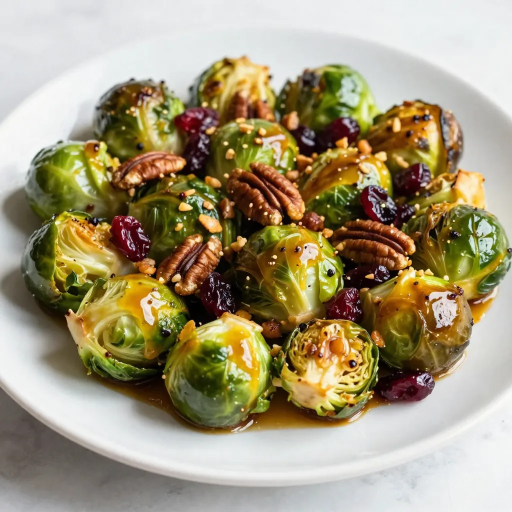 - 1 pound Brussels sprouts, trimmed and halved - 3 tablespoons olive oil - 2 tablespoons pure maple syrup - 1 tablespoon Dijon mustard - 1 teaspoon garlic powder - Salt and pepper, to taste - 1/4 cup pecans, roughly chopped (optional) - 1/4 cup dried cranberries (optional) Brussels sprouts are the star of this dish. They are small, green, and packed with flavor. When roasted, they get a nice caramelized taste. The olive oil adds richness, while the maple syrup brings sweetness. Dijon mustard gives a nice tang that balances the dish. If you want to add more texture and flavor, consider the optional add-ins. Pecans add a crunchy bite that contrasts well with the soft sprouts. Dried cranberries offer a pop of sweetness, making each bite exciting. You can mix and match these add-ins based on your taste. When picking Brussels sprouts, look for firm, small ones. They should be bright green with no yellow leaves. This ensures you get the best flavor. With these ingredients, you can create a dish that is both savory and simple! {{ingredient_image_1}} 1. Preheat your oven. Set it to 400°F (200°C). This helps the Brussels sprouts cook right. 2. Mix the ingredients. In a large bowl, add these items: - 1 pound Brussels sprouts, trimmed and halved - 3 tablespoons olive oil - 2 tablespoons pure maple syrup - 1 tablespoon Dijon mustard - 1 teaspoon garlic powder - Salt and pepper, to taste Toss all the ingredients until the Brussels sprouts are well-coated. This step makes sure every bite is full of flavor. 3. Spread and roast. Line a baking sheet with parchment paper. Spread the Brussels sprouts in a single layer. Place it in the oven. Roast for about 20-25 minutes. Stir them halfway through. This helps them caramelize and become tender. 4. Optional toppings. If you want, sprinkle 1/4 cup chopped pecans and 1/4 cup dried cranberries over the sprouts during the last 5 minutes. This adds a nice crunch and sweetness. 5. Cool and serve. Once done, take the baking sheet out. Let it cool for a few minutes before serving. Enjoy your tasty dish! - Achieving perfect caramelization: To get that golden-brown look, make sure to spread the Brussels sprouts in a single layer. Crowding them will steam instead of roast. Stir them halfway through for even browning. - Ensuring even roasting: Use a baking sheet lined with parchment paper. This helps the sprouts cook evenly and prevents sticking. If you notice some pieces are browning faster, move them around a bit. - Adjusting flavors to taste: Taste the mix of olive oil, maple syrup, and Dijon mustard before you bake. If you like it sweeter, add a bit more maple syrup. Prefer it tangier? A touch more mustard can enhance the flavor. Always season with salt and pepper to your liking. These tips will help you create a dish that shines with flavor and looks great on your table. Enjoy experimenting! Pro Tips Fresh Brussels Sprouts: Always choose bright green Brussels sprouts that are firm to the touch for the best flavor and texture. Even Coating: Make sure to coat the Brussels sprouts evenly with the oil and seasonings to ensure consistent caramelization. Storage Tips: If you have leftovers, store them in an airtight container in the fridge for up to 3 days. Reheat in the oven for the best texture. Serving Suggestions: These Brussels sprouts pair beautifully with roasted meats or as a topping for grain bowls for a nutritious meal. {{image_2}} You can change the flavors of Maple Dijon Brussels Sprouts to fit your taste. Here are some easy ideas: - Adding different nuts or seeds: Try walnuts or almonds instead of pecans. You can also add sunflower seeds for a nice crunch. - Incorporating spices: A pinch of cayenne pepper adds heat. You can also use smoked paprika for a deeper flavor. - Using alternative sweeteners: If you want less sugar, use honey or agave syrup. These work well with Dijon mustard. These variations let you make this dish your own. Get creative and find what you love! Refrigerating To keep leftover Maple Dijon Brussels sprouts fresh, place them in an airtight container. They will last for about 3 to 5 days in the fridge. Make sure they cool down to room temperature before sealing the container. This helps preserve their texture and flavor. Freezing options If you want to store them longer, freezing is a good choice. Spread the cooled Brussels sprouts on a baking sheet in a single layer. Freeze them for a few hours until firm, then transfer them to a freezer-safe bag. They can last for up to 3 months. To make sure they taste great when thawed, try to remove as much air as possible from the bag. Reheating tips When you are ready to enjoy your leftovers, reheat them in the oven for the best results. Preheat your oven to 350°F (175°C). Spread the Brussels sprouts on a baking sheet and heat for 10 to 15 minutes. This method keeps them crispy. You can also use the microwave if you are short on time. Just heat them for 1 to 2 minutes, stirring halfway through. Yes, you can make this recipe vegan. The key is to swap ingredients. Use agave syrup instead of maple syrup. You can also find vegan Dijon mustard. This way, you keep all the great flavors without any animal products. Maple Dijon Brussels sprouts pair well with many dishes. They go great with roasted chicken or turkey. You can also serve them with quinoa or brown rice for a tasty vegan meal. Add a salad for extra crunch and freshness. When choosing Brussels sprouts, look for firm, bright green sprouts. They should feel heavy for their size. Avoid any that are yellow or wilted. A good sprout has tightly packed leaves and no black spots. Freshness makes a big difference in flavor and texture. In this blog post, we explored key ingredients and preparation steps for Maple Dijon Brussels Sprouts. I shared tips for perfect caramelization and ways to vary flavors to suit your taste. Storing leftovers is easy, too, with simple refrigeration and freezing methods. Remember, these sprouts can fit different diets and pair well with many dishes. Embrace your kitchen skills, enjoy the process, and create a dish that's both tasty and healthy!