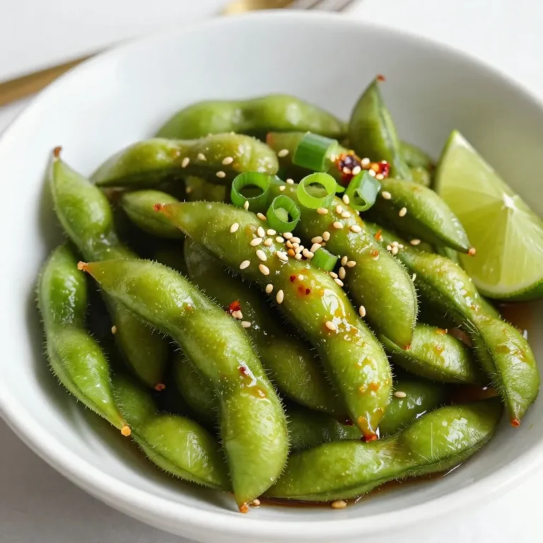 - 2 cups edamame in pods (fresh or frozen) - 3 tablespoons soy sauce - 1 tablespoon sesame oil - 4 cloves garlic, minced - 1 teaspoon red pepper flakes (adjust to taste) - 1 tablespoon honey or agave syrup - 1 teaspoon ginger, freshly grated - 1 tablespoon toasted sesame seeds - 2 green onions, sliced for garnish Using fresh edamame gives a bright taste and a lovely texture. Fresh pods have a crisp bite that enhances the dish. Frozen edamame is also good and saves time. It cooks quickly and is still tasty. If I use frozen, I boil it just until tender. This way, I keep the flavor strong. If you don’t have edamame, try green peas or chickpeas. Both add protein and taste. For soy sauce, you can use tamari for a gluten-free option. Instead of sesame oil, olive oil works well too. Red pepper flakes can be swapped for chili powder if you want a different heat. {{ingredient_image_1}} Start with fresh or frozen edamame. If frozen, boil water in a pot. Add the edamame and cook for about 4-5 minutes. You want them tender but still crisp. Once cooked, drain them and set aside. Fresh edamame needs less time. Just boil them until bright green. Grab a large skillet and heat 1 tablespoon of sesame oil over medium heat. Add 4 cloves of minced garlic. Sauté for about 1 minute. It will smell amazing! Next, stir in 1 teaspoon of red pepper flakes and 1 teaspoon of grated ginger. Cook for another 30 seconds. This will build a rich flavor. Now, lower the heat. Pour in 3 tablespoons of soy sauce and 1 tablespoon of honey (or agave syrup). Mix well. Add the cooked edamame pods into the skillet. Toss them in the spicy sauce until they are well coated. Cook for 2-3 minutes, stirring occasionally. When they are hot, remove from heat. Sprinkle with 1 tablespoon of toasted sesame seeds and garnish with sliced green onions. Serve in a large bowl. Enjoy your spicy garlic edamame! You can change the heat in this dish. Use more or less red pepper flakes. If you want just a hint of spice, start with half a teaspoon. For a big kick, add more flakes. Taste as you go. This way, you find the perfect balance for your taste. Try adding more flavors to your edamame. You can mix in a splash of lime juice for a tangy touch. Fresh cilantro or mint can add a refreshing note. For a nutty taste, toss in toasted peanuts or cashews. Experimenting with flavors keeps this snack fun and interesting. When you sauté garlic, keep an eye on it. Garlic burns fast and can taste bitter. Start with medium heat and stir it often. Sauté until it is fragrant, usually about one minute. If you add garlic too early, you might overcook it. Always add it before the sauce for the best taste. Pro Tips Choose Fresh Edamame: Fresh edamame pods have a better texture and flavor compared to frozen ones. If possible, source them from a local market or farm. Adjust the Spice Level: The amount of red pepper flakes can be adjusted based on your heat preference. Start with less and add more if desired. Garnish for Flavor: Adding sliced green onions not only enhances the presentation but also adds a fresh crunch to the dish. Serving Suggestions: Serve with lime wedges for a zesty kick that complements the spicy garlic flavor of the edamame. {{image_2}} You can make your spicy garlic edamame even better. Try adding soy sauce or teriyaki for depth. A splash of rice vinegar can give it a tangy kick. For more crunch, toss in some chopped peanuts or cashews. You can also use fresh chili for a hot burst of flavor. Each addition brings new life to this simple dish. This recipe is easy to adapt for various diets. To keep it vegan, use agave syrup instead of honey. For a gluten-free version, choose tamari instead of soy sauce. This way, everyone can enjoy your tasty snack. It’s great to see how simple swaps can make a dish fit any need. Serve your spicy garlic edamame with tasty dips. A side of soy sauce or spicy mayo works well. You can also try a sweet chili sauce for contrast. For a fresh touch, serve with lime wedges. Squeezing lime adds a bright flavor that complements the spice. Be creative with your dips to make the snack even more fun! To store leftover edamame, let it cool down first. Place it in an airtight container. You can keep it in the fridge for up to three days. Make sure to seal it well to keep the flavors fresh. When you're ready to eat the leftover edamame, you can reheat it easily. Use a microwave-safe bowl and cover it with a damp paper towel. Heat for about 1-2 minutes until warm. You can also reheat it on the stove. Just add a splash of water to a skillet and heat it over medium. Stir it for a few minutes until heated through. If you have extra edamame, freezing is a great option. First, let it cool completely. Place the edamame in a freezer-safe bag or container. Squeeze out any air before sealing it. You can freeze it for up to three months. When you want to enjoy it, just boil it directly from the freezer. No need to thaw! Edamame is a great snack choice. It is high in protein and fiber. This helps keep you full and satisfied. Edamame also contains vitamins and minerals. You get vitamin K, folate, and iron from it. These nutrients support your bones and blood health. Eating edamame can lower cholesterol and improve heart health, too. It's a smart choice for a healthy diet. Yes, you can prepare Spicy Garlic Edamame in advance. Cook the edamame and sauce separately. Store them in airtight containers. Keep them in the fridge for up to three days. When you are ready to eat, heat them together in a pan. Stir until warm and enjoy the bold flavors again. Look for bright green edamame pods. They should feel firm and plump. Avoid pods that are yellow or brown. These may not taste good. If you buy frozen edamame, check the package. Choose brands that do not add extra salt or preservatives. Fresh edamame usually tastes better, but frozen works well too. This blog post covered the best ways to prepare Spicy Garlic Edamame. You learned about key ingredients, how to cook the dish, and tips to enhance flavor. Remember, using fresh edamame can boost taste, while knowing substitutes helps with flexibility. With easy steps, you can adjust spice levels to fit your taste. Enjoy experimenting with different variations. Storing and reheating leftovers is simple, extending the joy of your dish. Now, go ahead and make this tasty treat!