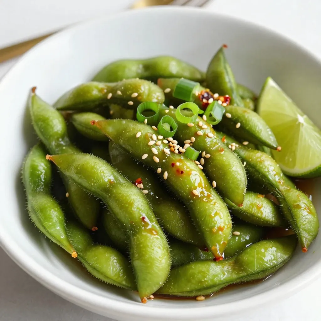 - 2 cups edamame in pods (fresh or frozen) - 3 tablespoons soy sauce - 1 tablespoon sesame oil - 4 cloves garlic, minced - 1 teaspoon red pepper flakes (adjust to taste) - 1 tablespoon honey or agave syrup - 1 teaspoon ginger, freshly grated - 1 tablespoon toasted sesame seeds - 2 green onions, sliced for garnish Using fresh edamame gives a bright taste and a lovely texture. Fresh pods have a crisp bite that enhances the dish. Frozen edamame is also good and saves time. It cooks quickly and is still tasty. If I use frozen, I boil it just until tender. This way, I keep the flavor strong. If you don’t have edamame, try green peas or chickpeas. Both add protein and taste. For soy sauce, you can use tamari for a gluten-free option. Instead of sesame oil, olive oil works well too. Red pepper flakes can be swapped for chili powder if you want a different heat. {{ingredient_image_1}} Start with fresh or frozen edamame. If frozen, boil water in a pot. Add the edamame and cook for about 4-5 minutes. You want them tender but still crisp. Once cooked, drain them and set aside. Fresh edamame needs less time. Just boil them until bright green. Grab a large skillet and heat 1 tablespoon of sesame oil over medium heat. Add 4 cloves of minced garlic. Sauté for about 1 minute. It will smell amazing! Next, stir in 1 teaspoon of red pepper flakes and 1 teaspoon of grated ginger. Cook for another 30 seconds. This will build a rich flavor. Now, lower the heat. Pour in 3 tablespoons of soy sauce and 1 tablespoon of honey (or agave syrup). Mix well. Add the cooked edamame pods into the skillet. Toss them in the spicy sauce until they are well coated. Cook for 2-3 minutes, stirring occasionally. When they are hot, remove from heat. Sprinkle with 1 tablespoon of toasted sesame seeds and garnish with sliced green onions. Serve in a large bowl. Enjoy your spicy garlic edamame! You can change the heat in this dish. Use more or less red pepper flakes. If you want just a hint of spice, start with half a teaspoon. For a big kick, add more flakes. Taste as you go. This way, you find the perfect balance for your taste. Try adding more flavors to your edamame. You can mix in a splash of lime juice for a tangy touch. Fresh cilantro or mint can add a refreshing note. For a nutty taste, toss in toasted peanuts or cashews. Experimenting with flavors keeps this snack fun and interesting. When you sauté garlic, keep an eye on it. Garlic burns fast and can taste bitter. Start with medium heat and stir it often. Sauté until it is fragrant, usually about one minute. If you add garlic too early, you might overcook it. Always add it before the sauce for the best taste. Pro Tips Choose Fresh Edamame: Fresh edamame pods have a better texture and flavor compared to frozen ones. If possible, source them from a local market or farm. Adjust the Spice Level: The amount of red pepper flakes can be adjusted based on your heat preference. Start with less and add more if desired. Garnish for Flavor: Adding sliced green onions not only enhances the presentation but also adds a fresh crunch to the dish. Serving Suggestions: Serve with lime wedges for a zesty kick that complements the spicy garlic flavor of the edamame. {{image_2}} You can make your spicy garlic edamame even better. Try adding soy sauce or teriyaki for depth. A splash of rice vinegar can give it a tangy kick. For more crunch, toss in some chopped peanuts or cashews. You can also use fresh chili for a hot burst of flavor. Each addition brings new life to this simple dish. This recipe is easy to adapt for various diets. To keep it vegan, use agave syrup instead of honey. For a gluten-free version, choose tamari instead of soy sauce. This way, everyone can enjoy your tasty snack. It’s great to see how simple swaps can make a dish fit any need. Serve your spicy garlic edamame with tasty dips. A side of soy sauce or spicy mayo works well. You can also try a sweet chili sauce for contrast. For a fresh touch, serve with lime wedges. Squeezing lime adds a bright flavor that complements the spice. Be creative with your dips to make the snack even more fun! To store leftover edamame, let it cool down first. Place it in an airtight container. You can keep it in the fridge for up to three days. Make sure to seal it well to keep the flavors fresh. When you're ready to eat the leftover edamame, you can reheat it easily. Use a microwave-safe bowl and cover it with a damp paper towel. Heat for about 1-2 minutes until warm. You can also reheat it on the stove. Just add a splash of water to a skillet and heat it over medium. Stir it for a few minutes until heated through. If you have extra edamame, freezing is a great option. First, let it cool completely. Place the edamame in a freezer-safe bag or container. Squeeze out any air before sealing it. You can freeze it for up to three months. When you want to enjoy it, just boil it directly from the freezer. No need to thaw! Edamame is a great snack choice. It is high in protein and fiber. This helps keep you full and satisfied. Edamame also contains vitamins and minerals. You get vitamin K, folate, and iron from it. These nutrients support your bones and blood health. Eating edamame can lower cholesterol and improve heart health, too. It's a smart choice for a healthy diet. Yes, you can prepare Spicy Garlic Edamame in advance. Cook the edamame and sauce separately. Store them in airtight containers. Keep them in the fridge for up to three days. When you are ready to eat, heat them together in a pan. Stir until warm and enjoy the bold flavors again. Look for bright green edamame pods. They should feel firm and plump. Avoid pods that are yellow or brown. These may not taste good. If you buy frozen edamame, check the package. Choose brands that do not add extra salt or preservatives. Fresh edamame usually tastes better, but frozen works well too. This blog post covered the best ways to prepare Spicy Garlic Edamame. You learned about key ingredients, how to cook the dish, and tips to enhance flavor. Remember, using fresh edamame can boost taste, while knowing substitutes helps with flexibility. With easy steps, you can adjust spice levels to fit your taste. Enjoy experimenting with different variations. Storing and reheating leftovers is simple, extending the joy of your dish. Now, go ahead and make this tasty treat!