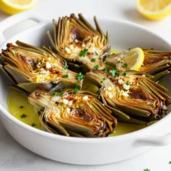 - 2 large artichokes - 1/4 cup olive oil - 3 cloves garlic, minced - Zest of 1 lemon - 2 tablespoons lemon juice - 1 teaspoon sea salt - 1/2 teaspoon black pepper - 1 teaspoon smoked paprika - Fresh parsley, chopped (for garnish) - Baking dish - Aluminum foil - Small bowl for mixing - Whisk or fork for blending - Knife and cutting board for prep You can try different oils like avocado or grapeseed oil. If you don’t have smoked paprika, regular paprika works too. For a lighter flavor, skip the garlic or use garlic powder. You can also swap fresh parsley with fresh basil or cilantro. If you want a kick, add some chili flakes. These swaps keep the dish tasty and fun. {{ingredient_image_1}} Start by preheating your oven to 400°F (200°C). This will help the artichokes cook evenly. Next, take your two large artichokes. Cut off the top third of each artichoke with a sharp knife. This removes the tough part. Trim the stem down to about 1 inch. Remove the tough outer leaves. Use a spoon to scoop out any fuzzy choke in the center. This way, you ensure a better texture. In a small bowl, combine the olive oil, minced garlic, lemon zest, and lemon juice. Add in the sea salt, black pepper, and smoked paprika. Whisk everything together until it is well mixed. This mixture brings bright and bold flavors to the artichokes. You want to ensure that every bite is packed with taste. Arrange the prepared artichokes in a baking dish. Drizzle the lemon garlic mixture generously over them. Make sure to get it into the crevices of the leaves. This ensures that every part of the artichoke is flavorful. Next, pour about half an inch of water into the bottom of the baking dish. This creates steam while roasting. Cover the dish tightly with aluminum foil. Place it in your preheated oven and roast for 30 minutes. After 30 minutes, remove the foil. Roast for an additional 15 to 20 minutes. You want the artichokes to be tender, and the leaves should pull away easily. They should turn a nice golden color. Once done, take them out of the oven. Let them cool slightly before serving. Top with fresh chopped parsley for a pop of color. When you pick artichokes, look for ones with tight, green leaves. The leaves should feel firm and not dry. Fresh artichokes have a nice weight to them. Give them a gentle squeeze; they should feel solid. Avoid any brown spots or shriveled leaves. You want artichokes that look alive. To cook artichokes evenly, cut them properly. Trim the top third and the stem to about one inch. This helps them fit in the dish. Make sure to scoop out the fuzzy choke inside. The garlic and lemon mixture should coat all the leaves. This way, every bite is full of flavor. Cover the dish with foil to trap steam while roasting. Remove the foil near the end to let them brown. Serve your roasted artichokes warm. They taste great on their own or with a dip. Try pairing them with a lemon aioli or a simple garlic sauce. Sprinkle fresh parsley on top for color. You can even serve them as a side dish or a light main. They add a fun touch to any meal. Pro Tips Choose Fresh Artichokes: Look for artichokes that are firm to the touch with tightly packed leaves. Avoid those that feel soft or have browning tips. Enhance Flavor by Marinating: If time allows, marinate the artichokes in the olive oil mixture for 30 minutes before roasting to deepen the flavors. Check for Doneness: To test if the artichokes are done, pull a leaf from the center; it should come off easily. If not, roast for a bit longer. Serve with Dipping Sauce: Pair the roasted artichokes with a garlic aioli or lemon butter sauce for an extra layer of flavor. {{image_2}} You can change the flavor of your lemon garlic roasted artichokes by adding herbs. Fresh thyme and rosemary work well. Both herbs add a lovely aroma. You can also try dill for a fresh twist. Just chop the herbs finely and mix them in the olive oil mixture. This way, your artichokes will have extra depth and flavor. If you like heat, chili flakes are a great addition. They can bring a nice kick to your dish. Just sprinkle a pinch of chili flakes into the olive oil mixture. You can adjust the amount to suit your taste. This simple change makes your roasted artichokes lively and exciting. This recipe is already vegan and gluten-free. The ingredients do not contain any animal products or gluten. You can enjoy it worry-free. If you want to enhance the vegan aspect, add nutritional yeast. This will give a cheesy flavor without using dairy. It’s a tasty and creative way to make your dish even better. After you make lemon garlic roasted artichokes, let them cool. Place leftovers in an airtight container. Store them in the fridge. They will stay fresh for about 3 days. Be sure to keep the artichokes covered to prevent drying out. To reheat the artichokes, you can use the oven or a microwave. If you use the oven, set it to 350°F (175°C). Place the artichokes on a baking sheet. Cover them with foil to keep them moist. Heat for about 10-15 minutes. If using a microwave, place them on a microwave-safe plate. Heat for 2-3 minutes, checking them often to avoid overcooking. You can freeze roasted artichokes if you want to save some for later. First, let them cool completely. Wrap each artichoke in plastic wrap. Place the wrapped artichokes in a freezer bag. They can last up to 3 months in the freezer. When you want to eat them, thaw in the fridge overnight before reheating. Roasted artichokes can last up to three days in the fridge. Store them in an airtight container. To keep them fresh, avoid adding any sauce or garnish before storing. You can prepare the artichokes a day ahead. Just follow the steps to clean and season them. Store the artichokes in the fridge until you are ready to roast them. When you're ready, roast them as directed. Lemon garlic roasted artichokes pair well with many dishes. You can serve them with grilled chicken or fish. They also go great with pasta or a fresh salad. For a simple meal, enjoy them with crusty bread and a dip. To sum up, we explored the ingredients and the equipment needed for roasting artichokes. I provided easy steps for preparing them and shared tips for choosing fresh artichokes and storing leftovers. You can also customize the recipe with herbs or spices to suit your taste. These roasted artichokes make a tasty dish for any meal. Now that you have the knowledge, it’s time to enjoy this delicious treat!