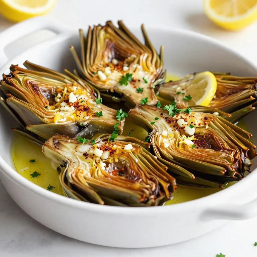 - 2 large artichokes - 1/4 cup olive oil - 3 cloves garlic, minced - Zest of 1 lemon - 2 tablespoons lemon juice - 1 teaspoon sea salt - 1/2 teaspoon black pepper - 1 teaspoon smoked paprika - Fresh parsley, chopped (for garnish) - Baking dish - Aluminum foil - Small bowl for mixing - Whisk or fork for blending - Knife and cutting board for prep You can try different oils like avocado or grapeseed oil. If you don’t have smoked paprika, regular paprika works too. For a lighter flavor, skip the garlic or use garlic powder. You can also swap fresh parsley with fresh basil or cilantro. If you want a kick, add some chili flakes. These swaps keep the dish tasty and fun. {{ingredient_image_1}} Start by preheating your oven to 400°F (200°C). This will help the artichokes cook evenly. Next, take your two large artichokes. Cut off the top third of each artichoke with a sharp knife. This removes the tough part. Trim the stem down to about 1 inch. Remove the tough outer leaves. Use a spoon to scoop out any fuzzy choke in the center. This way, you ensure a better texture. In a small bowl, combine the olive oil, minced garlic, lemon zest, and lemon juice. Add in the sea salt, black pepper, and smoked paprika. Whisk everything together until it is well mixed. This mixture brings bright and bold flavors to the artichokes. You want to ensure that every bite is packed with taste. Arrange the prepared artichokes in a baking dish. Drizzle the lemon garlic mixture generously over them. Make sure to get it into the crevices of the leaves. This ensures that every part of the artichoke is flavorful. Next, pour about half an inch of water into the bottom of the baking dish. This creates steam while roasting. Cover the dish tightly with aluminum foil. Place it in your preheated oven and roast for 30 minutes. After 30 minutes, remove the foil. Roast for an additional 15 to 20 minutes. You want the artichokes to be tender, and the leaves should pull away easily. They should turn a nice golden color. Once done, take them out of the oven. Let them cool slightly before serving. Top with fresh chopped parsley for a pop of color. When you pick artichokes, look for ones with tight, green leaves. The leaves should feel firm and not dry. Fresh artichokes have a nice weight to them. Give them a gentle squeeze; they should feel solid. Avoid any brown spots or shriveled leaves. You want artichokes that look alive. To cook artichokes evenly, cut them properly. Trim the top third and the stem to about one inch. This helps them fit in the dish. Make sure to scoop out the fuzzy choke inside. The garlic and lemon mixture should coat all the leaves. This way, every bite is full of flavor. Cover the dish with foil to trap steam while roasting. Remove the foil near the end to let them brown. Serve your roasted artichokes warm. They taste great on their own or with a dip. Try pairing them with a lemon aioli or a simple garlic sauce. Sprinkle fresh parsley on top for color. You can even serve them as a side dish or a light main. They add a fun touch to any meal. Pro Tips Choose Fresh Artichokes: Look for artichokes that are firm to the touch with tightly packed leaves. Avoid those that feel soft or have browning tips. Enhance Flavor by Marinating: If time allows, marinate the artichokes in the olive oil mixture for 30 minutes before roasting to deepen the flavors. Check for Doneness: To test if the artichokes are done, pull a leaf from the center; it should come off easily. If not, roast for a bit longer. Serve with Dipping Sauce: Pair the roasted artichokes with a garlic aioli or lemon butter sauce for an extra layer of flavor. {{image_2}} You can change the flavor of your lemon garlic roasted artichokes by adding herbs. Fresh thyme and rosemary work well. Both herbs add a lovely aroma. You can also try dill for a fresh twist. Just chop the herbs finely and mix them in the olive oil mixture. This way, your artichokes will have extra depth and flavor. If you like heat, chili flakes are a great addition. They can bring a nice kick to your dish. Just sprinkle a pinch of chili flakes into the olive oil mixture. You can adjust the amount to suit your taste. This simple change makes your roasted artichokes lively and exciting. This recipe is already vegan and gluten-free. The ingredients do not contain any animal products or gluten. You can enjoy it worry-free. If you want to enhance the vegan aspect, add nutritional yeast. This will give a cheesy flavor without using dairy. It’s a tasty and creative way to make your dish even better. After you make lemon garlic roasted artichokes, let them cool. Place leftovers in an airtight container. Store them in the fridge. They will stay fresh for about 3 days. Be sure to keep the artichokes covered to prevent drying out. To reheat the artichokes, you can use the oven or a microwave. If you use the oven, set it to 350°F (175°C). Place the artichokes on a baking sheet. Cover them with foil to keep them moist. Heat for about 10-15 minutes. If using a microwave, place them on a microwave-safe plate. Heat for 2-3 minutes, checking them often to avoid overcooking. You can freeze roasted artichokes if you want to save some for later. First, let them cool completely. Wrap each artichoke in plastic wrap. Place the wrapped artichokes in a freezer bag. They can last up to 3 months in the freezer. When you want to eat them, thaw in the fridge overnight before reheating. Roasted artichokes can last up to three days in the fridge. Store them in an airtight container. To keep them fresh, avoid adding any sauce or garnish before storing. You can prepare the artichokes a day ahead. Just follow the steps to clean and season them. Store the artichokes in the fridge until you are ready to roast them. When you're ready, roast them as directed. Lemon garlic roasted artichokes pair well with many dishes. You can serve them with grilled chicken or fish. They also go great with pasta or a fresh salad. For a simple meal, enjoy them with crusty bread and a dip. To sum up, we explored the ingredients and the equipment needed for roasting artichokes. I provided easy steps for preparing them and shared tips for choosing fresh artichokes and storing leftovers. You can also customize the recipe with herbs or spices to suit your taste. These roasted artichokes make a tasty dish for any meal. Now that you have the knowledge, it’s time to enjoy this delicious treat!