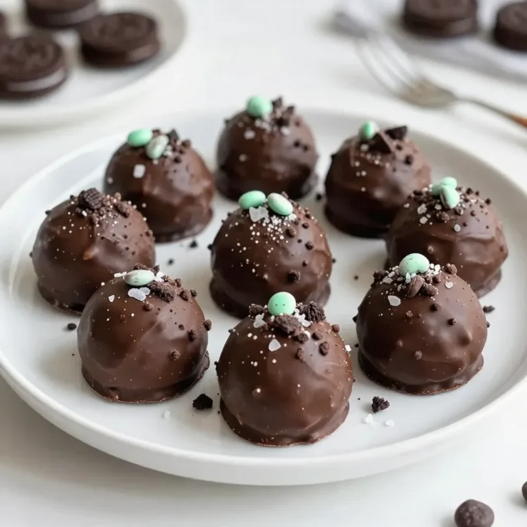 - 1 package (15.25 oz) Oreo cookies - 8 oz cream cheese, softened - 1/2 teaspoon mint extract - 8 oz dark chocolate, chopped - 1/2 cup crushed mint chocolate candies - Sea salt (optional, for garnish) To make these Chocolate Mint Oreo Truffles, gather all your ingredients first. The Oreo cookies are the star here, giving a rich, sweet base. Next, you need softened cream cheese, which adds creaminess and binds everything together. The mint extract gives a fresh burst of flavor that pairs perfectly with chocolate. You will also need dark chocolate for coating. I love using good-quality dark chocolate to get a smooth finish. Lastly, crushed mint chocolate candies add a fun crunch and extra minty flavor. If you want a touch of saltiness, sea salt makes a lovely garnish. Having everything ready helps you work faster and keeps things neat. Trust me, these truffles are so easy to make, and you’ll love how they come together! {{ingredient_image_1}} First, we begin by crushing the Oreo cookies. You can use a food processor for this. Just pulse the cookies until they turn into fine crumbs. If you don’t have a processor, you can place the cookies in a bag and crush them with a rolling pin. Next, we mix the crushed cookies with softened cream cheese and mint extract. In a large bowl, add the Oreo crumbs, cream cheese, and mint extract. Use a spatula or your hands to blend everything together. The goal is to make a thick, moldable mixture. Once your mixture is ready, it’s time to form the truffles. Scoop out tablespoon-sized portions. Roll each portion into a ball shape using your hands. Place the rolled truffles on a baking sheet lined with parchment paper. This keeps them from sticking. Now, we move on to coating the truffles. First, we need to melt the dark chocolate. Use a microwave-safe bowl and heat the chocolate in 30-second intervals. Stir the chocolate between each interval until it is smooth. After the chocolate melts, take the truffles out of the freezer. Using a fork or dipping tool, dip each truffle into the melted chocolate. Shake off any extra chocolate to avoid a thick coating. Before the chocolate hardens, sprinkle the tops with crushed mint chocolate candies. This adds a nice crunch and extra minty flavor. Finally, let the truffles set on the baking sheet until the chocolate hardens. For a quicker set, place them in the fridge for about 10-15 minutes. If you like, you can sprinkle a pinch of sea salt on top for a sweet and salty taste. To make sure the mixture is moldable, use softened cream cheese. It blends better with Oreo crumbs. You want a thick, smooth texture that holds its shape. If it feels too dry, add a tiny bit more cream cheese. If it’s too wet, add more Oreo crumbs. Melting chocolate can be tricky. Heat your chocolate in short bursts, about 30 seconds at a time. Stir it after each interval. This helps avoid burning. When it’s smooth, it’s ready for dipping. For a flavor boost, try using different chocolate types. Milk chocolate gives a sweet twist, while white chocolate adds creaminess. You can even mix dark and milk chocolate for a balanced taste. Toppings can elevate your truffles. Consider adding crushed nuts or sprinkles for crunch. You could also use a drizzle of colored chocolate for a fun look. If you want more mint, add mint extract to the melted chocolate. Pro Tips Use room temperature cream cheese: This will ensure that the mixture combines smoothly without lumps, making it easier to roll into truffles. Experiment with chocolate types: While dark chocolate gives a rich flavor, you can try milk or white chocolate for a different taste profile. Chill the truffles properly: Freezing the truffles before dipping helps them hold their shape and prevents them from melting in the warm chocolate. Store in the fridge: Keep the truffles in an airtight container in the refrigerator to maintain their freshness and flavor for longer. {{image_2}} You can make these truffles even more fun by using flavored Oreos. Try a peanut butter or birthday cake Oreo for a tasty twist. The flavor can change the whole vibe of your truffles. You can also experiment with extracts. For example, add vanilla or almond extract to boost the taste. A little goes a long way, so start with just a few drops. This small change can create a whole new flavor experience. If you need a gluten-free option, use gluten-free Oreos. They taste just as great and will keep your truffles safe for those with gluten allergies. Always check labels to ensure all ingredients meet your needs. For a vegan version, swap the cream cheese for a plant-based cream cheese. You can also use dairy-free chocolate. This way, everyone can enjoy these sweet treats without worry. To keep your Chocolate Mint Oreo Truffles fresh, store them in an airtight container. You can place the container in the fridge or freezer. The fridge is great for short-term storage. Truffles last about one week when kept in the fridge. If you want them to last longer, freeze them. In the freezer, they stay good for up to three months. If your truffles are too hard after freezing, let them sit at room temperature. This makes them easier to eat. It may take about 15 minutes for them to soften. To keep the chocolate coating nice, avoid using a microwave to reheat them. Instead, gently warm them by leaving them out or using a warm water bath. This method helps maintain their beautiful look while making them soft and tasty. Can I use milk chocolate instead of dark? Yes, you can use milk chocolate. It will give the truffles a sweeter taste. Dark chocolate adds a richer flavor, but milk chocolate pairs well too. How long do Chocolate Mint Oreo Truffles last? These truffles last about one week in the fridge. Keep them in an airtight container. They stay fresh longer if you freeze them. Can I freeze these truffles for later use? Absolutely! You can freeze the truffles for up to three months. Just make sure they are in a sealed container. Let them thaw in the fridge before serving. What can I substitute for cream cheese in this recipe? You can use Greek yogurt or vegan cream cheese. Both options will change the flavor slightly but still work well. In this article, we covered how to make delicious Chocolate Mint Oreo Truffles. You learned about the key ingredients, from Oreo cookies to mint extract, and followed the simple steps to create these treats. I shared tips for perfect texture and flavor enhancements, as well as dietary modifications. Remember, these truffles can be customized based on your taste. Store them properly to keep them fresh. With a few easy changes, you can enjoy a tasty dessert anytime. Now, get in the kitchen and have fun making your own truffles!