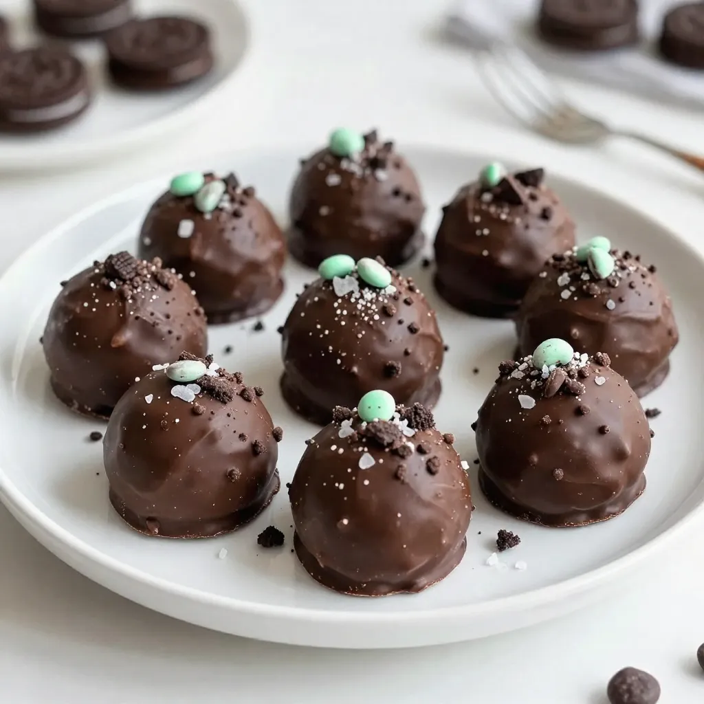 - 1 package (15.25 oz) Oreo cookies - 8 oz cream cheese, softened - 1/2 teaspoon mint extract - 8 oz dark chocolate, chopped - 1/2 cup crushed mint chocolate candies - Sea salt (optional, for garnish) To make these Chocolate Mint Oreo Truffles, gather all your ingredients first. The Oreo cookies are the star here, giving a rich, sweet base. Next, you need softened cream cheese, which adds creaminess and binds everything together. The mint extract gives a fresh burst of flavor that pairs perfectly with chocolate. You will also need dark chocolate for coating. I love using good-quality dark chocolate to get a smooth finish. Lastly, crushed mint chocolate candies add a fun crunch and extra minty flavor. If you want a touch of saltiness, sea salt makes a lovely garnish. Having everything ready helps you work faster and keeps things neat. Trust me, these truffles are so easy to make, and you’ll love how they come together! {{ingredient_image_1}} First, we begin by crushing the Oreo cookies. You can use a food processor for this. Just pulse the cookies until they turn into fine crumbs. If you don’t have a processor, you can place the cookies in a bag and crush them with a rolling pin. Next, we mix the crushed cookies with softened cream cheese and mint extract. In a large bowl, add the Oreo crumbs, cream cheese, and mint extract. Use a spatula or your hands to blend everything together. The goal is to make a thick, moldable mixture. Once your mixture is ready, it’s time to form the truffles. Scoop out tablespoon-sized portions. Roll each portion into a ball shape using your hands. Place the rolled truffles on a baking sheet lined with parchment paper. This keeps them from sticking. Now, we move on to coating the truffles. First, we need to melt the dark chocolate. Use a microwave-safe bowl and heat the chocolate in 30-second intervals. Stir the chocolate between each interval until it is smooth. After the chocolate melts, take the truffles out of the freezer. Using a fork or dipping tool, dip each truffle into the melted chocolate. Shake off any extra chocolate to avoid a thick coating. Before the chocolate hardens, sprinkle the tops with crushed mint chocolate candies. This adds a nice crunch and extra minty flavor. Finally, let the truffles set on the baking sheet until the chocolate hardens. For a quicker set, place them in the fridge for about 10-15 minutes. If you like, you can sprinkle a pinch of sea salt on top for a sweet and salty taste. To make sure the mixture is moldable, use softened cream cheese. It blends better with Oreo crumbs. You want a thick, smooth texture that holds its shape. If it feels too dry, add a tiny bit more cream cheese. If it’s too wet, add more Oreo crumbs. Melting chocolate can be tricky. Heat your chocolate in short bursts, about 30 seconds at a time. Stir it after each interval. This helps avoid burning. When it’s smooth, it’s ready for dipping. For a flavor boost, try using different chocolate types. Milk chocolate gives a sweet twist, while white chocolate adds creaminess. You can even mix dark and milk chocolate for a balanced taste. Toppings can elevate your truffles. Consider adding crushed nuts or sprinkles for crunch. You could also use a drizzle of colored chocolate for a fun look. If you want more mint, add mint extract to the melted chocolate. Pro Tips Use room temperature cream cheese: This will ensure that the mixture combines smoothly without lumps, making it easier to roll into truffles. Experiment with chocolate types: While dark chocolate gives a rich flavor, you can try milk or white chocolate for a different taste profile. Chill the truffles properly: Freezing the truffles before dipping helps them hold their shape and prevents them from melting in the warm chocolate. Store in the fridge: Keep the truffles in an airtight container in the refrigerator to maintain their freshness and flavor for longer. {{image_2}} You can make these truffles even more fun by using flavored Oreos. Try a peanut butter or birthday cake Oreo for a tasty twist. The flavor can change the whole vibe of your truffles. You can also experiment with extracts. For example, add vanilla or almond extract to boost the taste. A little goes a long way, so start with just a few drops. This small change can create a whole new flavor experience. If you need a gluten-free option, use gluten-free Oreos. They taste just as great and will keep your truffles safe for those with gluten allergies. Always check labels to ensure all ingredients meet your needs. For a vegan version, swap the cream cheese for a plant-based cream cheese. You can also use dairy-free chocolate. This way, everyone can enjoy these sweet treats without worry. To keep your Chocolate Mint Oreo Truffles fresh, store them in an airtight container. You can place the container in the fridge or freezer. The fridge is great for short-term storage. Truffles last about one week when kept in the fridge. If you want them to last longer, freeze them. In the freezer, they stay good for up to three months. If your truffles are too hard after freezing, let them sit at room temperature. This makes them easier to eat. It may take about 15 minutes for them to soften. To keep the chocolate coating nice, avoid using a microwave to reheat them. Instead, gently warm them by leaving them out or using a warm water bath. This method helps maintain their beautiful look while making them soft and tasty. Can I use milk chocolate instead of dark? Yes, you can use milk chocolate. It will give the truffles a sweeter taste. Dark chocolate adds a richer flavor, but milk chocolate pairs well too. How long do Chocolate Mint Oreo Truffles last? These truffles last about one week in the fridge. Keep them in an airtight container. They stay fresh longer if you freeze them. Can I freeze these truffles for later use? Absolutely! You can freeze the truffles for up to three months. Just make sure they are in a sealed container. Let them thaw in the fridge before serving. What can I substitute for cream cheese in this recipe? You can use Greek yogurt or vegan cream cheese. Both options will change the flavor slightly but still work well. In this article, we covered how to make delicious Chocolate Mint Oreo Truffles. You learned about the key ingredients, from Oreo cookies to mint extract, and followed the simple steps to create these treats. I shared tips for perfect texture and flavor enhancements, as well as dietary modifications. Remember, these truffles can be customized based on your taste. Store them properly to keep them fresh. With a few easy changes, you can enjoy a tasty dessert anytime. Now, get in the kitchen and have fun making your own truffles!