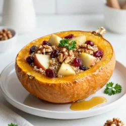 - 2 medium acorn squashes - 1 cup quinoa, rinsed - 1 large apple, diced (preferably tart like Granny Smith) Acorn squash serves as a cozy bowl for our filling. The sweet, nutty taste pairs well with the quinoa. I like using tart apples for a bright flavor that balances the dish. - 1/2 cup dried cranberries - 1/2 cup walnuts, chopped - 1 teaspoon cinnamon - 1/2 teaspoon nutmeg Dried cranberries add a tangy sweetness that brings joy to each bite. Walnuts add a nice crunch and rich flavor. Cinnamon and nutmeg warm up the dish, giving it a homey feel. - 2 cups vegetable broth - 1 tablespoon maple syrup - Fresh parsley for garnish Vegetable broth cooks the quinoa to fluffy perfection. Maple syrup adds a touch of sweetness that ties the flavors together. Fresh parsley brightens the dish and adds a pop of color. {{ingredient_image_1}} First, preheat your oven to 400°F (200°C). This step is key for even cooking. While it heats up, grab your acorn squashes. Cut each squash in half lengthwise and scoop out the seeds. This makes room for your tasty filling. Place the halves cut-side up on a baking sheet. Drizzle them lightly with olive oil. Sprinkle salt and pepper on top for flavor. Next, let's cook the quinoa. In a medium pot, bring 2 cups of vegetable broth to a boil. Once boiling, add 1 cup of rinsed quinoa. Cover the pot and reduce the heat to a simmer. Cook for about 15 minutes. The quinoa is done when it’s fluffy, and all the broth is absorbed. In a large bowl, mix your stuffing ingredients. Combine the cooked quinoa, diced apple, dried cranberries, and chopped walnuts. Add 1 teaspoon of cinnamon and 1/2 teaspoon of nutmeg for warmth. A tablespoon of maple syrup adds sweetness. Season with salt and pepper. Mix well until all ingredients are coated. After roasting the acorn squash for 30-35 minutes, it will be tender. Remove it from the oven. Fill each squash half generously with the quinoa stuffing mixture. Return the stuffed squash to the oven. Bake for an additional 10-15 minutes. This helps meld the flavors and brown the tops slightly. When done, garnish with fresh parsley. Serve warm and enjoy your flavorful delight! - Alternatives for quinoa: If you need a substitute, try couscous or brown rice. Both grains provide a similar texture and absorb flavors well. You can also use farro or bulgur for a nutty taste. - Different nuts or fruits: Swap walnuts for pecans or almonds for a new crunch. For fruits, try dried cherries or apricots. They add a sweet twist and pair nicely with the squash. - Tips on roasting acorn squash perfectly: Always cut the acorn squash in half lengthwise. This helps the heat reach the flesh evenly. Drizzle olive oil and add salt for flavor. Roast until tender, about 30 to 35 minutes. You want it soft enough to pierce easily with a fork. - Ensuring quinoa is fluffy: Rinse the quinoa well before cooking. This removes a bitter coating. Use two parts broth to one part quinoa. Bring it to a boil, then cover and reduce heat. Cook until all the broth is absorbed, about 15 minutes. Fluff it with a fork before mixing in other ingredients. - Plating suggestions: Serve the stuffed acorn squash on a large platter for an eye-catching display. For a fun touch, drizzle extra maple syrup over the tops. This adds a glossy finish and extra sweetness. - Garnishing tips: Fresh parsley brightens the dish. Sprinkle it on just before serving for color and flavor. You can also add extra walnuts on top for crunch and a nice contrast to the soft squash. Pro Tips Choose the Right Squash: Opt for medium-sized acorn squashes that feel heavy for their size; this indicates they are fresh and full of flavor. Prep Ahead: You can prepare the quinoa stuffing a day in advance and store it in the refrigerator. Just fill the squash before baking for a quick meal. Adjust Sweetness: Taste the quinoa mixture before stuffing to adjust the sweetness. If you prefer a sweeter dish, add more maple syrup or some brown sugar. Experiment with Nuts: Substitute walnuts with pecans or almonds for a different flavor profile and crunch in your stuffing. {{image_2}} To make this dish vegan, swap out the maple syrup for agave nectar. You can also replace any non-vegan broth with vegetable broth. For a gluten-free option, quinoa is already a great choice. If you prefer, you can use rice or millet instead. Both grains work well and bring a nice texture to the dish. You can change the flavor by adding spices. Try ginger or allspice for something different. Fresh herbs like thyme or rosemary add a nice twist too. If you want to mix up the fruits, consider pears or dried figs. Both will add sweetness and texture. You can also use pecans instead of walnuts for a new crunch. Use seasonal produce to elevate your dish. In the fall, add roasted pumpkin seeds for crunch. In winter, try adding pomegranate seeds for a burst of color. You can adjust the recipe for holidays by using festive spices like cloves or cardamom. This gives your acorn squash a seasonal flair that everyone will enjoy. To keep your stuffed acorn squash fresh, store it in the fridge. Use an airtight container for best results. Place the squash in the container and cover it well. This keeps the flavor in and moisture out. You can store it for up to 4 days. If you want to freeze it, let it cool first. Wrap each half tightly in plastic wrap. Then place them in a freezer bag. This way, you can enjoy this dish later. It can last up to 3 months in the freezer. When it’s time to eat leftovers, reheat them gently. You can use an oven or a microwave. If using an oven, set it to 350°F (175°C). Place the squash on a baking sheet and cover it with foil. Heat for about 15-20 minutes. This keeps the squash soft and warm. For the microwave, place the squash on a plate. Cover it with a damp paper towel. Heat in 1-minute bursts until warm. This helps avoid losing texture. Stuffed acorn squash stays good for about 4 days in the fridge. After that, it may lose flavor. Look for signs that it’s no longer good. If you see mold or an off smell, it’s best to toss it. Always trust your senses when it comes to food safety. You can use several alternative grains. Try brown rice for a hearty texture. Bulgur wheat also works well and cooks fast. If you're looking for gluten-free options, consider using millet or amaranth. These grains absorb flavors nicely and add a different twist to the dish. Yes, you can prep this dish in advance. Cook the quinoa and prepare the stuffing a day prior. Store it in the fridge. You can also roast the acorn squash ahead of time. Just warm it up before filling. This will save you time on busy days. Absolutely! Acorn squashes are low in calories and high in fiber. They are rich in vitamins A and C, which boost your immune system. Their natural sweetness makes them a great addition to meals. Eating acorn squash can support heart health and improve digestion as well. To check doneness, pierce the flesh with a fork. It should feel tender but not mushy. If the fork goes in easily, it's ready. You can also look for a golden-brown color on the skin. This indicates that the squash has cooked well and is full of flavor. The stuffed acorn squash recipe combines hearty ingredients, rich flavors, and easy steps. You learned about main ingredients like acorn squash and quinoa. Flavor enhancers such as cranberries and walnuts bring depth. You discovered tips for presentation and storage, plus variations for dietary needs. In the end, this dish is not just tasty; it's versatile and healthy. Enjoy making this cozy meal for yourself or loved ones!