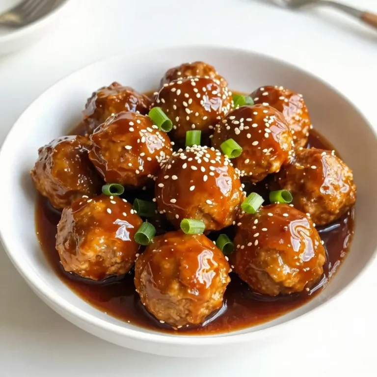 To make teriyaki glazed turkey meatballs, you need a few key items. Here’s what you’ll need: - 1 lb ground turkey - 1/4 cup breadcrumbs (preferably panko) - 1/4 cup green onions, finely chopped - 1 egg, lightly beaten - 2 cloves garlic, minced - 1 tablespoon fresh ginger, minced - 1 tablespoon soy sauce (low sodium) - 1 teaspoon sesame oil - Salt and pepper to taste - 1/2 cup teriyaki sauce (store-bought or homemade) These ingredients work together to create a juicy and flavorful meatball that shines. The ground turkey is lean and absorbs flavors well, while the breadcrumbs add a nice texture. Garnishes can elevate your dish. Here are some great options: - Sesame seeds for garnish - Additional green onions for garnish A sprinkle of sesame seeds adds a nice crunch. Chopped green onions bring fresh taste and color. You may need alternatives for some ingredients. Here are my suggestions: - Ground turkey: Use ground chicken or lean beef if you prefer. - Panko breadcrumbs: Regular breadcrumbs work too, but panko gives a better crunch. - Soy sauce: Coconut aminos can replace soy sauce for a gluten-free option. - Sesame oil: Olive oil or avocado oil can work if you don’t have sesame oil. These swaps keep the recipe flexible while still making tasty meatballs. Enjoy cooking! {{ingredient_image_1}} First, gather your ingredients. You need: - 1 lb ground turkey - 1/4 cup breadcrumbs (preferably panko) - 1/4 cup green onions, finely chopped - 1 egg, lightly beaten - 2 cloves garlic, minced - 1 tablespoon fresh ginger, minced - 1 tablespoon soy sauce (low sodium) - 1 teaspoon sesame oil - Salt and pepper to taste Start by preheating your oven to 400°F (200°C). This makes sure your meatballs cook well. Line a baking sheet with parchment paper or grease it lightly. In a large bowl, mix the ground turkey, breadcrumbs, green onions, beaten egg, garlic, ginger, soy sauce, sesame oil, salt, and pepper. Use your hands or a spoon to combine everything gently. Don’t overmix; it makes the meatballs tough. Next, shape the mixture into meatballs. Aim for about 1 inch in diameter. Place each meatball on the prepared baking sheet, leaving space between them. Now, it’s time to bake! Put the baking sheet in the oven. Bake the meatballs for 15 to 20 minutes. They should turn golden brown and be fully cooked. The internal temperature must reach 165°F (75°C) to be safe. While the meatballs bake, let’s make the sauce. In a small saucepan, heat 1/2 cup teriyaki sauce over medium heat. Stir it until it simmers. This takes about 3 to 5 minutes. If you want a thicker sauce, mix a teaspoon of cornstarch with a tablespoon of water. Add it to the sauce and stir until it thickens. Once the meatballs are ready, carefully transfer them to a large bowl. Pour the warm teriyaki sauce over the meatballs. Toss them gently in the sauce until fully coated. The sauce adds flavor and makes the meatballs shine! Finally, serve your teriyaki glazed turkey meatballs warm. You can garnish with sesame seeds and more chopped green onions for a nice touch. Enjoy! To get the best meatball texture, start with ground turkey. It is lean, so it needs some help to stay moist. Always mix the meat gently. Too much mixing makes them tough. Use breadcrumbs to help hold them together. Panko breadcrumbs work best. They add a nice crunch. Don't forget the egg; it binds everything well. Aim for meatballs that are about one inch wide. This size cooks evenly and stays juicy. Marinades boost the flavor of your meatballs. Use soy sauce, ginger, and sesame oil in the mix. They add depth and richness. You can marinate the meat mixture for a bit before cooking. Even thirty minutes can make a difference. If you want to add more flavor, try a splash of teriyaki sauce in the meat mixture. This step really amps up the taste. Sauce consistency is key for great teriyaki meatballs. You want it thick enough to coat the meatballs well. Start with store-bought or homemade teriyaki sauce. Heat it in a pan until it simmers. If it’s too thin, add cornstarch mixed with water. Just a teaspoon should do. Let it cook for a few minutes to thicken. The sauce should cling to the meatballs, making every bite flavorful. Pro Tips Use Panko for Extra Crunch: Panko breadcrumbs provide a lighter, crispier texture compared to regular breadcrumbs, making your meatballs even more delicious. Don’t Overmix: When combining ingredients, mix until just combined to keep your meatballs tender. Overworking the meat can lead to a tough texture. Check Internal Temperature: Ensure your meatballs reach an internal temperature of 165°F (75°C) for safety and optimal juiciness. Customize the Sauce: Feel free to add your favorite spices or a splash of rice vinegar to the teriyaki sauce for a personalized flavor boost. {{image_2}} You can swap the ground turkey for other meats. Ground chicken works well. Lean beef or pork is also a great choice. Each option brings a unique taste. Adjust cooking times if needed. For a vegetarian twist, use plant-based meat. These products mimic ground meat's flavor and texture. Just follow the same steps in the recipe. This option is tasty and suitable for everyone. You can change the flavor of your teriyaki meatballs. To make them sweeter, add more teriyaki sauce. For a spicy kick, mix in some chili paste or red pepper flakes. Experimenting with flavors makes cooking fun! To keep your teriyaki glazed turkey meatballs fresh, place them in an airtight container. Make sure they cool to room temperature first. You can store them in the fridge for up to three days. This way, they stay tasty and safe to eat. If you want to keep the meatballs longer, freezing is a great option. Place the cooled meatballs in a freezer-safe bag or container. Separate layers with parchment paper to prevent sticking. They can last up to three months in the freezer. When you’re ready, just thaw them in the fridge overnight. Reheating is simple. You can use the microwave for quick warmth. Place the meatballs on a plate, cover them with a damp paper towel, and heat for 1-2 minutes. If you prefer, you can reheat them in the oven. Set the oven to 350°F (175°C) and heat for about 10-15 minutes. This way, they stay juicy and delicious. Yes, you can prepare the meatballs ahead. Make the meatballs, then store them in the fridge. Keep them in an airtight container. You can also freeze them for later use. Just thaw them overnight in the fridge before cooking. This way, you save time and enjoy them fresh. Teriyaki glazed turkey meatballs pair well with many sides. Here are some ideas: - Steamed rice - Quinoa - Stir-fried vegetables - Noodles - A fresh salad These sides add color and texture to your meal, making it more enjoyable. To check if the meatballs are done, use a meat thermometer. The internal temperature should reach 165°F (75°C). If you don’t have a thermometer, cut one open. The meat should be no longer pink inside. This ensures your meatballs are safe to eat and fully cooked. You now know how to make teriyaki glazed turkey meatballs. We covered the main ingredients, options for garnishes, and substitutions too. I shared steps to prepare, bake, and combine the meatballs with sauce. You learned tips to get the right texture and flavor. We also explored fun variations, storage tips, and answered common questions. Try these meatballs for dinner. They're tasty, easy, and sure to impress!