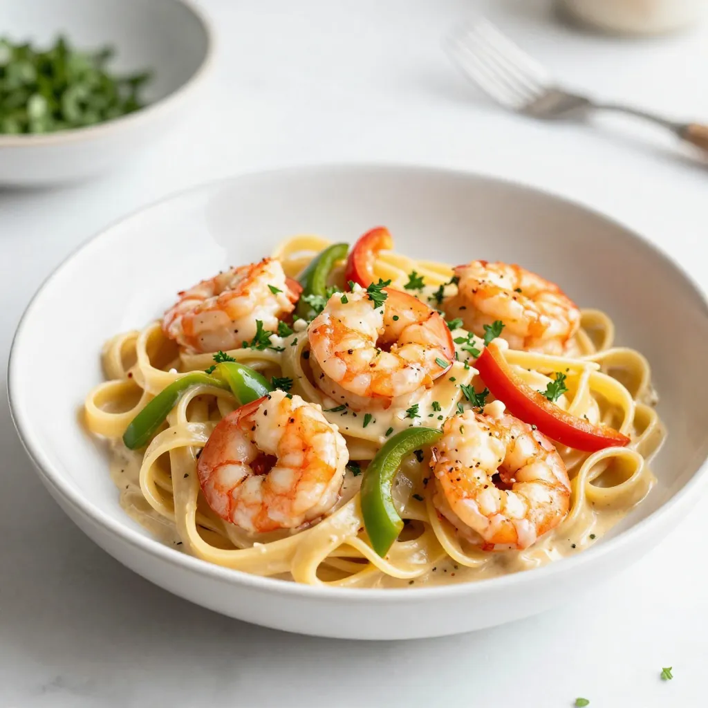 To make this tasty Cajun shrimp pasta, gather these key ingredients: - 8 oz fettuccine pasta - 1 lb shrimp, peeled and deveined - 2 tablespoons Cajun seasoning - 2 tablespoons olive oil - 3 cloves garlic, minced - 1 red bell pepper, diced - 1 green bell pepper, diced - 1 cup heavy cream - ½ cup chicken broth - 1 tablespoon lemon juice - Salt and pepper to taste - Fresh parsley, chopped (for garnish) You can add a few extra ingredients for more flavor: - 1 teaspoon smoked paprika for a smoky taste - ½ cup grated Parmesan cheese for creaminess - A pinch of red pepper flakes for more heat If you need to switch some ingredients, here are some ideas: - Use penne or spaghetti if you can't find fettuccine. - Swap shrimp for chicken or tofu for a different protein. - Use vegetable broth instead of chicken broth for a vegetarian option. - Coconut milk can replace heavy cream for a dairy-free choice. These ingredient choices help you customize your dish and suit your taste! {{ingredient_image_1}} First, fill a large pot with water and add salt. Bring the water to a boil. Add the fettuccine to the pot. Cook it according to the package directions until it’s al dente. This usually takes about 8 to 10 minutes. Once done, drain the pasta and set it aside. In a medium bowl, toss the peeled and deveined shrimp with Cajun seasoning. Make sure each shrimp is well coated with the spice. Next, heat olive oil in a large skillet over medium-high heat. Once hot, add the shrimp to the skillet. Cook them for about 2 to 3 minutes on each side. Look for them to turn pink and opaque. Once cooked, remove the shrimp and set them aside. In the same skillet, add minced garlic and diced bell peppers. Sauté these for about 3 to 4 minutes. You want the peppers to soften. Next, pour in heavy cream and chicken broth. Stir to combine and let the mixture simmer gently. Add the cooked fettuccine and the shrimp back into the skillet. Toss everything together so it gets coated in the sauce. Finally, stir in lemon juice and season with salt and pepper to taste. Cook for an additional 2 to 3 minutes to heat everything. Serve hot and garnish with fresh parsley. To make the best Cajun shrimp, start with fresh shrimp. Look for shrimp that are pink and firm. Toss the shrimp in Cajun seasoning. This adds great flavor. Let the shrimp sit for a few minutes. This helps the spice soak in. When cooking, use high heat. This cooks the shrimp quickly and gives a nice sear. Cook them just until they turn pink. Overcooked shrimp can become tough. When cooking fettuccine, always salt the water. This adds flavor to the pasta. Follow the package instructions for timing. Aim for al dente, which means firm but cooked. After draining, do not rinse the pasta. Rinsing washes away the starch, which helps the sauce stick. Keep a little pasta water aside. It can help thin the sauce if needed. Serve your Cajun shrimp pasta hot. A sprinkle of fresh parsley adds color. You can also add grated Parmesan for extra flavor. Pair this dish with a crisp salad or garlic bread. The fresh flavors balance the creamy sauce. A glass of white wine, like Sauvignon Blanc, goes well too. Enjoy your meal with friends or family for a fun dinner. Pro Tips Perfectly Cooked Shrimp: Cook shrimp just until they turn pink and opaque. Overcooking can make them rubbery, so keep an eye on them! Customize Your Spice Level: Adjust the amount of Cajun seasoning to match your desired spice level. You can also add a pinch of cayenne for extra heat! Add Freshness: For a burst of freshness, consider adding a handful of spinach or arugula just before serving. It wilts beautifully and adds color. Make It Creamy: For an even creamier sauce, you can add a bit of grated Parmesan cheese to the heavy cream mixture before tossing with pasta. {{image_2}} You can make a tasty vegetarian version of Cajun shrimp pasta. Start by swapping shrimp with mushrooms or zucchini. Use the same Cajun seasonings for flavor. You can also add a mix of your favorite veggies like spinach or asparagus. This keeps the dish vibrant and healthy. Want more heat? Increase the Cajun seasoning to three tablespoons. You can also add crushed red pepper flakes while cooking. This will give your pasta a nice kick. If you like it really hot, add diced jalapeños. Just be careful to balance the spice with the cream. Adding veggies boosts both flavor and nutrition. Consider bell peppers, broccoli, or cherry tomatoes. Sauté them with the garlic to enhance their taste. You can even toss in some peas or corn for sweetness. This not only makes the dish colorful but also packs in more vitamins. To store leftovers, first let the pasta cool down. Place it in an airtight container. Make sure to cover it tightly. It can stay in the fridge for about three days. If you want to keep it longer, consider freezing. When you’re ready to eat, reheat the pasta gently. Use a skillet over low heat. Add a splash of chicken broth or cream to keep it moist. Stir often until it's heated through. You can also microwave it. Cover it with a damp paper towel to avoid drying out. To freeze Cajun shrimp pasta, first, let it cool completely. Portion it into freezer-safe bags. Press out as much air as you can before sealing. It can last in the freezer for up to three months. When you're ready to enjoy, thaw it in the fridge overnight before reheating. Cajun shrimp pasta is a creamy and spicy dish. It features shrimp cooked with Cajun spices. You combine it with fettuccine pasta and colorful bell peppers. The heavy cream makes it rich and smooth. This dish is a great mix of flavors and textures. To make Cajun shrimp pasta spicier, add more Cajun seasoning. You can also include diced jalapeños or red pepper flakes. Another option is to use hot sauce in the sauce. Taste as you go to find the right heat for you. Yes, you can use frozen shrimp for this recipe. Just make sure to thaw the shrimp first. You can do this by leaving them in the fridge overnight or running them under cold water. This way, they cook evenly and taste great. Great sides for Cajun shrimp pasta include garlic bread and a fresh salad. You can also serve it with steamed veggies or coleslaw. These sides balance the rich flavors of the pasta and add freshness. This blog gave you the full scoop on Cajun shrimp pasta. We covered all the key ingredients and tasty options for extra flavor. You learned step-by-step how to cook the dish, plus tips for perfecting your shrimp and pasta. I also shared great variations, storage tips, and answers to common questions. Now, it's time to whip up this spicy, creamy dish. Enjoy each bite, and share your tasty results!
