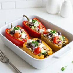 - 4 large bell peppers (red, yellow, or green) - 1 cup quinoa, rinsed - 2 cups vegetable broth - 1 cup cherry tomatoes, halved - 1 cup cucumber, diced - 1/2 cup red onion, finely chopped - 1 cup Kalamata olives, pitted and sliced - 1 cup feta cheese, crumbled - 2 tablespoons olive oil - 2 tablespoons lemon juice - 1 teaspoon dried oregano - Salt and pepper to taste - Fresh parsley, chopped (for garnish) When making Greek stuffed peppers, you need quality ingredients. Bell peppers are the stars. Choose large ones in red, yellow, or green. The colors add a fun touch to your dish. Quinoa is your healthy base. Rinse it well to remove any bitter taste. Vegetable broth gives the quinoa flavor. The fresh vegetables—cherry tomatoes, cucumber, and red onion—add crunch and brightness. Kalamata olives and feta cheese bring that classic Greek taste. Their saltiness balances the sweetness of the peppers. Olive oil and lemon juice help mix everything together. They add healthy fats and a zesty kick. Oregano, salt, and pepper season the dish. You can adjust these to fit your taste. Finally, don’t forget fresh parsley for a pop of green on top. With these ingredients, your Greek stuffed peppers will shine on the plate and in your mouth! {{ingredient_image_1}} 1. Start by preheating your oven to 375°F (190°C). This step gets the oven ready for cooking the peppers. 2. Next, cook the quinoa. In a medium saucepan, mix 1 cup of rinsed quinoa with 2 cups of vegetable broth. Bring it to a boil. Once boiling, lower the heat, cover, and let it simmer for 15 minutes. The quinoa should be fluffy when done. 3. While the quinoa cooks, prepare the bell peppers. Take 4 large peppers and slice off the tops. Remove the seeds and membranes, then stand them upright in a baking dish. 1. In a large bowl, combine the cooked quinoa with the following ingredients: - 1 cup cherry tomatoes, halved - 1 cup cucumber, diced - 1/2 cup red onion, finely chopped - 1 cup Kalamata olives, pitted and sliced - 1 cup crumbled feta cheese - 2 tablespoons olive oil - 2 tablespoons lemon juice - 1 teaspoon dried oregano - Salt and pepper to taste 2. Mix well until all ingredients are evenly distributed. This ensures every bite has great flavor. 1. Carefully fill each prepared bell pepper with the quinoa mixture. Press down gently to pack the filling. 2. Cover the baking dish with aluminum foil. Bake for 25 minutes to let the flavors meld. 3. After 25 minutes, remove the foil and bake for another 10-15 minutes. This step helps the peppers become tender and slightly caramelized. 4. Once done, take them out of the oven and let them cool for a few minutes. Garnish with chopped fresh parsley before serving. Enjoy your delicious Greek stuffed peppers! To achieve the perfect quinoa texture, rinse it well before cooking. This removes the bitter coating called saponin. Use vegetable broth for added flavor. Bring the broth to a boil, then lower the heat and cover. Cook it for about 15 minutes. Fluff it with a fork once done. This makes it light and airy. When it comes to seasoning, taste as you go. Start with salt and pepper. You can always add more later. If you like a zing, add more lemon juice. For a bolder flavor, increase the oregano. Adjusting these will help you find the taste you enjoy most. Packing the filling properly is key. Once your quinoa mixture is ready, spoon it into each bell pepper. Press it down gently but don’t squish it too hard. You want it full but not overflowing. To prevent overflow during baking, leave a little space at the top. This allows the filling to puff up without spilling out. Cover the dish with foil to keep moisture in. This helps cook the peppers evenly and keeps them tender. For garnishes, fresh parsley adds a pop of color. It brightens the dish and enhances its look. Sprinkle it right before serving for a fresh touch. You can also add a little extra feta on top for richness. Pair your stuffed peppers with a simple side salad. A cucumber and tomato salad fits well. The freshness balances the warm peppers. You might also try serving with Greek yogurt for creaminess. This adds a nice contrast to the flavors. Pro Tips Roasting the Peppers: For an extra depth of flavor, roast the bell peppers in the oven for 10 minutes before filling them. This enhances their sweetness. Quinoa Cooking Tip: To add more flavor to the quinoa, consider cooking it in vegetable broth instead of water, as suggested in the recipe. Feta Cheese: Use a high-quality feta cheese for a creamier and more flavorful filling. Crumble it just before adding it to the mixture. Serving Suggestions: These stuffed peppers are delicious served with a side of tzatziki sauce for added creaminess and flavor. {{image_2}} You can change the protein in your Greek stuffed peppers. Ground chicken or beef works well. Just cook the meat before mixing it with the quinoa and veggies. This adds rich flavor and protein. If you prefer a vegetarian option, try lentils or chickpeas. They offer great taste and nutrition. For a vegan twist, swap feta cheese with vegan feta. You can also use cashew cheese or nutritional yeast. Both give a nice creamy texture and a cheesy taste. Feel free to add other vegetables to your stuffed peppers. Zucchini, spinach, or mushrooms can bring new flavors. You can even use shredded carrots for sweetness. Think about the season too. In summer, add fresh corn or diced squash. In winter, consider using roasted root vegetables. Adjusting the filling based on what you have makes it fun. It lets you use fresh, seasonal ingredients. This way, your stuffed peppers stay unique and exciting. If you like heat, add chili flakes or diced jalapeños. This will spice up your dish. Adjust the amount based on your taste. You can also try different herbs for a fresh twist. Basil, parsley, or thyme can change the flavor profile. Mixing in some smoked paprika can add depth. Don't be afraid to experiment. Customizing spices makes your Greek stuffed peppers truly yours. To store leftover Greek stuffed peppers, let them cool first. Place them in an airtight container. Keep them in the fridge for up to three days. This helps maintain their flavor and texture. Before eating, check for any signs of spoilage. To freeze, wrap each stuffed pepper in plastic wrap. Then, place them in a freezer-safe bag or container. They will last up to three months in the freezer. To thaw, move them to the fridge overnight. This slow thaw helps keep them moist and tasty. For the best texture and flavor, reheat stuffed peppers in the oven. Preheat the oven to 350°F (175°C). Place the peppers in a baking dish with a splash of water. Cover with foil to prevent drying out. Heat for about 20 minutes. You can also microwave them, but the oven gives better results. For Greek stuffed peppers, I recommend using large bell peppers. You can choose red, yellow, or green. Each color brings a unique flavor. Red bell peppers taste sweet and rich. Yellow peppers are mild and fruity. Green peppers have a bit more bite. All types have a nice texture that holds the filling well. Look for peppers that are firm and shiny. They should feel heavy for their size, indicating freshness. Yes, you can make Greek stuffed peppers ahead of time. Prepare the filling and stuff the peppers. Then, cover them and store in the fridge for up to 24 hours. When ready to cook, bake them straight from the fridge. This makes meal prep easy for busy days. You can also freeze them for up to three months. Just thaw overnight in the fridge before baking. Greek stuffed peppers pair well with many sides. A simple Greek salad adds freshness. You can also serve it with tzatziki sauce for a cool dip. Another great option is roasted potatoes with herbs. They add a nice crunch. Grilled vegetables also complement the dish well. Choose sides that balance the flavors and make the meal more filling. This blog covered Greek stuffed peppers, from key ingredients to cooking and serving tips. You learned how to prepare, mix, and bake the dish, along with helpful advice for perfect results. Remember, you can customize the filling and adjust flavors to suit your taste. With proper storage, you can enjoy this delicious meal later. I hope you feel inspired to make these tasty stuffed peppers for your next meal! Enjoy your cooking adventure!