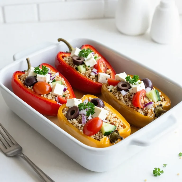 - 4 large bell peppers (red, yellow, or green) - 1 cup quinoa, rinsed - 2 cups vegetable broth - 1 cup cherry tomatoes, halved - 1 cup cucumber, diced - 1/2 cup red onion, finely chopped - 1 cup Kalamata olives, pitted and sliced - 1 cup feta cheese, crumbled - 2 tablespoons olive oil - 2 tablespoons lemon juice - 1 teaspoon dried oregano - Salt and pepper to taste - Fresh parsley, chopped (for garnish) When making Greek stuffed peppers, you need quality ingredients. Bell peppers are the stars. Choose large ones in red, yellow, or green. The colors add a fun touch to your dish. Quinoa is your healthy base. Rinse it well to remove any bitter taste. Vegetable broth gives the quinoa flavor. The fresh vegetables—cherry tomatoes, cucumber, and red onion—add crunch and brightness. Kalamata olives and feta cheese bring that classic Greek taste. Their saltiness balances the sweetness of the peppers. Olive oil and lemon juice help mix everything together. They add healthy fats and a zesty kick. Oregano, salt, and pepper season the dish. You can adjust these to fit your taste. Finally, don’t forget fresh parsley for a pop of green on top. With these ingredients, your Greek stuffed peppers will shine on the plate and in your mouth! {{ingredient_image_1}} 1. Start by preheating your oven to 375°F (190°C). This step gets the oven ready for cooking the peppers. 2. Next, cook the quinoa. In a medium saucepan, mix 1 cup of rinsed quinoa with 2 cups of vegetable broth. Bring it to a boil. Once boiling, lower the heat, cover, and let it simmer for 15 minutes. The quinoa should be fluffy when done. 3. While the quinoa cooks, prepare the bell peppers. Take 4 large peppers and slice off the tops. Remove the seeds and membranes, then stand them upright in a baking dish. 1. In a large bowl, combine the cooked quinoa with the following ingredients: - 1 cup cherry tomatoes, halved - 1 cup cucumber, diced - 1/2 cup red onion, finely chopped - 1 cup Kalamata olives, pitted and sliced - 1 cup crumbled feta cheese - 2 tablespoons olive oil - 2 tablespoons lemon juice - 1 teaspoon dried oregano - Salt and pepper to taste 2. Mix well until all ingredients are evenly distributed. This ensures every bite has great flavor. 1. Carefully fill each prepared bell pepper with the quinoa mixture. Press down gently to pack the filling. 2. Cover the baking dish with aluminum foil. Bake for 25 minutes to let the flavors meld. 3. After 25 minutes, remove the foil and bake for another 10-15 minutes. This step helps the peppers become tender and slightly caramelized. 4. Once done, take them out of the oven and let them cool for a few minutes. Garnish with chopped fresh parsley before serving. Enjoy your delicious Greek stuffed peppers! To achieve the perfect quinoa texture, rinse it well before cooking. This removes the bitter coating called saponin. Use vegetable broth for added flavor. Bring the broth to a boil, then lower the heat and cover. Cook it for about 15 minutes. Fluff it with a fork once done. This makes it light and airy. When it comes to seasoning, taste as you go. Start with salt and pepper. You can always add more later. If you like a zing, add more lemon juice. For a bolder flavor, increase the oregano. Adjusting these will help you find the taste you enjoy most. Packing the filling properly is key. Once your quinoa mixture is ready, spoon it into each bell pepper. Press it down gently but don’t squish it too hard. You want it full but not overflowing. To prevent overflow during baking, leave a little space at the top. This allows the filling to puff up without spilling out. Cover the dish with foil to keep moisture in. This helps cook the peppers evenly and keeps them tender. For garnishes, fresh parsley adds a pop of color. It brightens the dish and enhances its look. Sprinkle it right before serving for a fresh touch. You can also add a little extra feta on top for richness. Pair your stuffed peppers with a simple side salad. A cucumber and tomato salad fits well. The freshness balances the warm peppers. You might also try serving with Greek yogurt for creaminess. This adds a nice contrast to the flavors. Pro Tips Roasting the Peppers: For an extra depth of flavor, roast the bell peppers in the oven for 10 minutes before filling them. This enhances their sweetness. Quinoa Cooking Tip: To add more flavor to the quinoa, consider cooking it in vegetable broth instead of water, as suggested in the recipe. Feta Cheese: Use a high-quality feta cheese for a creamier and more flavorful filling. Crumble it just before adding it to the mixture. Serving Suggestions: These stuffed peppers are delicious served with a side of tzatziki sauce for added creaminess and flavor. {{image_2}} You can change the protein in your Greek stuffed peppers. Ground chicken or beef works well. Just cook the meat before mixing it with the quinoa and veggies. This adds rich flavor and protein. If you prefer a vegetarian option, try lentils or chickpeas. They offer great taste and nutrition. For a vegan twist, swap feta cheese with vegan feta. You can also use cashew cheese or nutritional yeast. Both give a nice creamy texture and a cheesy taste. Feel free to add other vegetables to your stuffed peppers. Zucchini, spinach, or mushrooms can bring new flavors. You can even use shredded carrots for sweetness. Think about the season too. In summer, add fresh corn or diced squash. In winter, consider using roasted root vegetables. Adjusting the filling based on what you have makes it fun. It lets you use fresh, seasonal ingredients. This way, your stuffed peppers stay unique and exciting. If you like heat, add chili flakes or diced jalapeños. This will spice up your dish. Adjust the amount based on your taste. You can also try different herbs for a fresh twist. Basil, parsley, or thyme can change the flavor profile. Mixing in some smoked paprika can add depth. Don't be afraid to experiment. Customizing spices makes your Greek stuffed peppers truly yours. To store leftover Greek stuffed peppers, let them cool first. Place them in an airtight container. Keep them in the fridge for up to three days. This helps maintain their flavor and texture. Before eating, check for any signs of spoilage. To freeze, wrap each stuffed pepper in plastic wrap. Then, place them in a freezer-safe bag or container. They will last up to three months in the freezer. To thaw, move them to the fridge overnight. This slow thaw helps keep them moist and tasty. For the best texture and flavor, reheat stuffed peppers in the oven. Preheat the oven to 350°F (175°C). Place the peppers in a baking dish with a splash of water. Cover with foil to prevent drying out. Heat for about 20 minutes. You can also microwave them, but the oven gives better results. For Greek stuffed peppers, I recommend using large bell peppers. You can choose red, yellow, or green. Each color brings a unique flavor. Red bell peppers taste sweet and rich. Yellow peppers are mild and fruity. Green peppers have a bit more bite. All types have a nice texture that holds the filling well. Look for peppers that are firm and shiny. They should feel heavy for their size, indicating freshness. Yes, you can make Greek stuffed peppers ahead of time. Prepare the filling and stuff the peppers. Then, cover them and store in the fridge for up to 24 hours. When ready to cook, bake them straight from the fridge. This makes meal prep easy for busy days. You can also freeze them for up to three months. Just thaw overnight in the fridge before baking. Greek stuffed peppers pair well with many sides. A simple Greek salad adds freshness. You can also serve it with tzatziki sauce for a cool dip. Another great option is roasted potatoes with herbs. They add a nice crunch. Grilled vegetables also complement the dish well. Choose sides that balance the flavors and make the meal more filling. This blog covered Greek stuffed peppers, from key ingredients to cooking and serving tips. You learned how to prepare, mix, and bake the dish, along with helpful advice for perfect results. Remember, you can customize the filling and adjust flavors to suit your taste. With proper storage, you can enjoy this delicious meal later. I hope you feel inspired to make these tasty stuffed peppers for your next meal! Enjoy your cooking adventure!