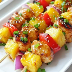 - 1 lb chicken breast, cubed - 1 cup fresh pineapple, cubed - 1 bell pepper, diced - 1/4 cup soy sauce - 2 tablespoons honey - 1 tablespoon fresh ginger, grated - 2 cloves garlic, minced - 1 tablespoon sesame oil - 1 tablespoon cornstarch (mixed with 1 tablespoon water) - Salt and pepper to taste - Skewers (wooden or metal) - Grill or grill pan Gathering these ingredients is the first step to making teriyaki chicken pineapple skewers. You want fresh chicken and juicy pineapple for the best taste. Chicken breast is easy to work with. I like to cut it into even cubes. This helps it cook evenly on the grill. The pineapple should be ripe and sweet. It adds a nice contrast to the savory chicken. For the sauce, you will need soy sauce, honey, ginger, and garlic. These flavors blend well together. The sesame oil adds a rich taste. The cornstarch thickens the sauce, making it stick to the chicken and veggies. Adjust the salt and pepper to your liking. Don't forget about your skewers! If you use wooden skewers, soak them in water first. This keeps them from burning on the grill. Metal skewers are a great alternative and can be reused. Now you have everything you need to create these tasty skewers. Let's get cooking! {{ingredient_image_1}} Soaking wooden skewers is key. This helps prevent burning on the grill. Soak them in water for at least 30 minutes before using. If you prefer metal skewers, you can skip this step. Metal skewers are reusable and heat up quickly. To make the teriyaki sauce, combine soy sauce, honey, grated ginger, minced garlic, and sesame oil in a saucepan. Heat this mixture over medium heat until it simmers. Then, thicken the sauce by stirring in the cornstarch mixed with water. Cook for one more minute to get a glossy finish. Remove from heat and allow it to cool. For the best flavor, marinate the chicken. Place cubed chicken in a bowl and add half of the teriyaki sauce. Toss well to coat the chicken. Cover the bowl and let it sit in the fridge for at least 30 minutes. For even better taste, marinate for up to 2 hours. When ready, thread the marinated chicken, pineapple, bell pepper, and red onion onto the skewers. Alternate each ingredient. This ensures even cooking and a pretty presentation. Preheat your grill to medium-high heat. Grill the skewers for about 10 to 15 minutes. Turn them every few minutes for even cooking. Check that the chicken reaches an internal temperature of 165°F (75°C). The vegetables should be slightly charred and tender. In the last few minutes of grilling, brush the skewers with the remaining teriyaki sauce. This adds a nice glaze and extra flavor. Once grilled, let the skewers rest for a few minutes. Serve them on a platter, topped with sesame seeds and chopped green onions. Pair with steamed rice and extra teriyaki sauce for dipping. Enjoy the tasty flavors! To ensure your chicken is cooked through, check the internal temperature. It should reach 165°F (75°C). Use a meat thermometer for accuracy. If you're using a gas grill, preheat it for 10-15 minutes. For charcoal grills, wait until the coals are glowing red. Cooking times may differ based on grill type. Generally, cook skewers for about 10-15 minutes, turning them often. For maximum flavor, marinate the chicken for at least 30 minutes. You can let it sit for up to 2 hours for even better taste. If you want to switch things up, try other sauces like teriyaki with a spicy kick. Sweet chili sauce works great too! When securing ingredients on skewers, alternate between chicken and vegetables. This helps them cook evenly. To make your skewers more colorful, try using zucchini or cherry tomatoes. You can also swap chicken for shrimp or tofu to cater to different tastes. Always soak wooden skewers in water for 30 minutes before grilling. This prevents burning and keeps your food safe. Pro Tips Soak Wooden Skewers: Soaking wooden skewers in water for at least 30 minutes prevents them from burning on the grill, ensuring your skewers cook evenly and safely. Marinate Longer: For a deeper flavor, consider marinating the chicken for up to 2 hours. This allows the teriyaki sauce to penetrate the meat, enhancing its taste. Check Doneness: Use a meat thermometer to check that the chicken reaches an internal temperature of 165°F (75°C) to ensure it is fully cooked and safe to eat. Serve with Extras: Enhance your presentation by serving the skewers with a sprinkle of sesame seeds and chopped green onions, along with a side of extra teriyaki sauce for dipping. {{image_2}} You can switch up the chicken for other proteins. Tofu works great for a vegetarian option. It soaks up the teriyaki flavor well. Shrimp is another tasty choice. It cooks fast and adds a sweet taste. You can also change the fruits and veggies. Instead of pineapple, try mango or peaches. Zucchini and cherry tomatoes can add color and flavor. Get creative with what you have on hand! Want more kick? Add spices like chili flakes or black pepper. Fresh herbs like cilantro or basil can brighten the dish. You can mix in a little sriracha for a spicy teriyaki sauce. You can also make a sweet and spicy teriyaki sauce. Add a bit of brown sugar and some hot sauce. This gives a nice balance of sweet and heat that everyone will love. These skewers pair well with many side dishes. Steamed rice is a classic option. You can also serve them with a fresh salad. A simple cucumber salad adds a nice crunch. You can also get creative and mix the skewers into wraps. Use lettuce leaves or tortillas. Add some extra teriyaki sauce for flavor. This makes for a fun and tasty meal! To store leftovers, place skewers in an airtight container. This keeps them fresh and safe. You can also wrap them in plastic wrap for extra protection. The recommended shelf life in the fridge is about 3 to 4 days. Make sure to check for any signs of spoilage before eating. To freeze skewers, first, let them cool completely. Then, wrap each skewer tightly in plastic wrap. Place them in a freezer-safe bag or container. Remove as much air as possible to avoid freezer burn. For best quality, use them within 2 to 3 months. When you're ready to eat, thaw them overnight in the fridge. The best methods for reheating skewers are in the oven or on the grill. Preheat your oven to 350°F (175°C). Place skewers on a baking sheet and cover with foil to keep them moist. Heat for about 10-15 minutes. If grilling, heat on low for a few minutes. To avoid dryness, brush a little teriyaki sauce on them while reheating. Enjoy your flavorful dish without losing its taste! You should marinate chicken for at least 30 minutes. This time helps the chicken soak up the flavor. For the best taste, marinate for up to 2 hours. The longer the chicken sits, the more intense the flavor becomes. Just don’t exceed 2 hours, as too much time can make the chicken mushy. Yes, making teriyaki sauce at home is easy! Combine 1/4 cup soy sauce, 2 tablespoons honey, 1 tablespoon grated ginger, and 2 minced garlic cloves in a saucepan. Add 1 tablespoon sesame oil. Heat it on medium until it simmers. Mix in 1 tablespoon cornstarch mixed with 1 tablespoon water to thicken. Let it cook for a minute until glossy. Both gas and charcoal grills work well. Gas grills heat up quickly and offer easy control. Charcoal grills give a great smoky flavor but take longer to heat. If you want a nice char, both types can do the job. Choose based on your taste and what you have on hand. Absolutely! You can add many veggies. Try zucchini, mushrooms, or cherry tomatoes. Bell peppers and onions work well too. Mix and match to your taste. Just make sure to cut them to similar sizes for even cooking. Check the chicken's internal temperature with a meat thermometer. It should reach 165°F (75°C) for safe eating. If you don't have a thermometer, cut into a piece; the meat should be white, not pink, and juices should run clear. Always ensure proper cooking for safety. Grilling teriyaki skewers is easy and fun. You learned about key ingredients, like chicken, pineapple, and teriyaki sauce. I shared step-by-step tips for prep, grilling, and serving. Plus, you got ideas for variations and storage. Now, you can impress friends and family with tasty skewers. Enjoy experimenting with flavors and ingredients. Happy grilling!