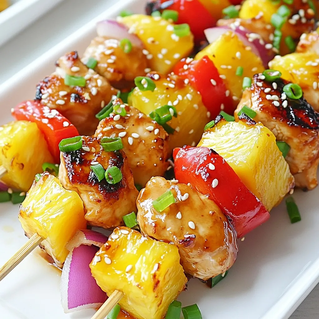 - 1 lb chicken breast, cubed - 1 cup fresh pineapple, cubed - 1 bell pepper, diced - 1/4 cup soy sauce - 2 tablespoons honey - 1 tablespoon fresh ginger, grated - 2 cloves garlic, minced - 1 tablespoon sesame oil - 1 tablespoon cornstarch (mixed with 1 tablespoon water) - Salt and pepper to taste - Skewers (wooden or metal) - Grill or grill pan Gathering these ingredients is the first step to making teriyaki chicken pineapple skewers. You want fresh chicken and juicy pineapple for the best taste. Chicken breast is easy to work with. I like to cut it into even cubes. This helps it cook evenly on the grill. The pineapple should be ripe and sweet. It adds a nice contrast to the savory chicken. For the sauce, you will need soy sauce, honey, ginger, and garlic. These flavors blend well together. The sesame oil adds a rich taste. The cornstarch thickens the sauce, making it stick to the chicken and veggies. Adjust the salt and pepper to your liking. Don't forget about your skewers! If you use wooden skewers, soak them in water first. This keeps them from burning on the grill. Metal skewers are a great alternative and can be reused. Now you have everything you need to create these tasty skewers. Let's get cooking! {{ingredient_image_1}} Soaking wooden skewers is key. This helps prevent burning on the grill. Soak them in water for at least 30 minutes before using. If you prefer metal skewers, you can skip this step. Metal skewers are reusable and heat up quickly. To make the teriyaki sauce, combine soy sauce, honey, grated ginger, minced garlic, and sesame oil in a saucepan. Heat this mixture over medium heat until it simmers. Then, thicken the sauce by stirring in the cornstarch mixed with water. Cook for one more minute to get a glossy finish. Remove from heat and allow it to cool. For the best flavor, marinate the chicken. Place cubed chicken in a bowl and add half of the teriyaki sauce. Toss well to coat the chicken. Cover the bowl and let it sit in the fridge for at least 30 minutes. For even better taste, marinate for up to 2 hours. When ready, thread the marinated chicken, pineapple, bell pepper, and red onion onto the skewers. Alternate each ingredient. This ensures even cooking and a pretty presentation. Preheat your grill to medium-high heat. Grill the skewers for about 10 to 15 minutes. Turn them every few minutes for even cooking. Check that the chicken reaches an internal temperature of 165°F (75°C). The vegetables should be slightly charred and tender. In the last few minutes of grilling, brush the skewers with the remaining teriyaki sauce. This adds a nice glaze and extra flavor. Once grilled, let the skewers rest for a few minutes. Serve them on a platter, topped with sesame seeds and chopped green onions. Pair with steamed rice and extra teriyaki sauce for dipping. Enjoy the tasty flavors! To ensure your chicken is cooked through, check the internal temperature. It should reach 165°F (75°C). Use a meat thermometer for accuracy. If you're using a gas grill, preheat it for 10-15 minutes. For charcoal grills, wait until the coals are glowing red. Cooking times may differ based on grill type. Generally, cook skewers for about 10-15 minutes, turning them often. For maximum flavor, marinate the chicken for at least 30 minutes. You can let it sit for up to 2 hours for even better taste. If you want to switch things up, try other sauces like teriyaki with a spicy kick. Sweet chili sauce works great too! When securing ingredients on skewers, alternate between chicken and vegetables. This helps them cook evenly. To make your skewers more colorful, try using zucchini or cherry tomatoes. You can also swap chicken for shrimp or tofu to cater to different tastes. Always soak wooden skewers in water for 30 minutes before grilling. This prevents burning and keeps your food safe. Pro Tips Soak Wooden Skewers: Soaking wooden skewers in water for at least 30 minutes prevents them from burning on the grill, ensuring your skewers cook evenly and safely. Marinate Longer: For a deeper flavor, consider marinating the chicken for up to 2 hours. This allows the teriyaki sauce to penetrate the meat, enhancing its taste. Check Doneness: Use a meat thermometer to check that the chicken reaches an internal temperature of 165°F (75°C) to ensure it is fully cooked and safe to eat. Serve with Extras: Enhance your presentation by serving the skewers with a sprinkle of sesame seeds and chopped green onions, along with a side of extra teriyaki sauce for dipping. {{image_2}} You can switch up the chicken for other proteins. Tofu works great for a vegetarian option. It soaks up the teriyaki flavor well. Shrimp is another tasty choice. It cooks fast and adds a sweet taste. You can also change the fruits and veggies. Instead of pineapple, try mango or peaches. Zucchini and cherry tomatoes can add color and flavor. Get creative with what you have on hand! Want more kick? Add spices like chili flakes or black pepper. Fresh herbs like cilantro or basil can brighten the dish. You can mix in a little sriracha for a spicy teriyaki sauce. You can also make a sweet and spicy teriyaki sauce. Add a bit of brown sugar and some hot sauce. This gives a nice balance of sweet and heat that everyone will love. These skewers pair well with many side dishes. Steamed rice is a classic option. You can also serve them with a fresh salad. A simple cucumber salad adds a nice crunch. You can also get creative and mix the skewers into wraps. Use lettuce leaves or tortillas. Add some extra teriyaki sauce for flavor. This makes for a fun and tasty meal! To store leftovers, place skewers in an airtight container. This keeps them fresh and safe. You can also wrap them in plastic wrap for extra protection. The recommended shelf life in the fridge is about 3 to 4 days. Make sure to check for any signs of spoilage before eating. To freeze skewers, first, let them cool completely. Then, wrap each skewer tightly in plastic wrap. Place them in a freezer-safe bag or container. Remove as much air as possible to avoid freezer burn. For best quality, use them within 2 to 3 months. When you're ready to eat, thaw them overnight in the fridge. The best methods for reheating skewers are in the oven or on the grill. Preheat your oven to 350°F (175°C). Place skewers on a baking sheet and cover with foil to keep them moist. Heat for about 10-15 minutes. If grilling, heat on low for a few minutes. To avoid dryness, brush a little teriyaki sauce on them while reheating. Enjoy your flavorful dish without losing its taste! You should marinate chicken for at least 30 minutes. This time helps the chicken soak up the flavor. For the best taste, marinate for up to 2 hours. The longer the chicken sits, the more intense the flavor becomes. Just don’t exceed 2 hours, as too much time can make the chicken mushy. Yes, making teriyaki sauce at home is easy! Combine 1/4 cup soy sauce, 2 tablespoons honey, 1 tablespoon grated ginger, and 2 minced garlic cloves in a saucepan. Add 1 tablespoon sesame oil. Heat it on medium until it simmers. Mix in 1 tablespoon cornstarch mixed with 1 tablespoon water to thicken. Let it cook for a minute until glossy. Both gas and charcoal grills work well. Gas grills heat up quickly and offer easy control. Charcoal grills give a great smoky flavor but take longer to heat. If you want a nice char, both types can do the job. Choose based on your taste and what you have on hand. Absolutely! You can add many veggies. Try zucchini, mushrooms, or cherry tomatoes. Bell peppers and onions work well too. Mix and match to your taste. Just make sure to cut them to similar sizes for even cooking. Check the chicken's internal temperature with a meat thermometer. It should reach 165°F (75°C) for safe eating. If you don't have a thermometer, cut into a piece; the meat should be white, not pink, and juices should run clear. Always ensure proper cooking for safety. Grilling teriyaki skewers is easy and fun. You learned about key ingredients, like chicken, pineapple, and teriyaki sauce. I shared step-by-step tips for prep, grilling, and serving. Plus, you got ideas for variations and storage. Now, you can impress friends and family with tasty skewers. Enjoy experimenting with flavors and ingredients. Happy grilling!