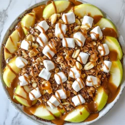 - 4 medium apples (Gala or Granny Smith), sliced - 1 cup shredded caramel (or soft caramel candies, melted) - 1/2 cup milk chocolate chips, melted - 1/2 cup mini marshmallows - 1/4 cup chopped nuts (pecans or walnuts) - 1/4 cup granola (optional for crunch) - 1 teaspoon cinnamon (optional) - Sea salt for garnish (optional) To make caramel apple nachos, you need fresh apples. I like Gala or Granny Smith because they taste great. The apples should be sliced into thin wedges. This makes them easy to grab and eat. Next, you need caramel. You can use shredded caramel or soft caramel candies. Melt this in the microwave until it is smooth. If you want to mix flavors, melt milk chocolate chips too. This chocolate adds a sweet touch to your nachos. For texture, mini marshmallows are a must. They give a fun, fluffy feel. Chopped nuts like pecans or walnuts add crunch and flavor. If you like some extra crunch, you can sprinkle granola on top. To finish, you can add cinnamon for warmth and sea salt for a balanced taste. These tiny touches make a big difference in flavor. Gather these ingredients and get ready to create a tasty treat anyone can enjoy! {{ingredient_image_1}} - Wash and slice the apples into wedges. - If you want to keep them fresh, soak them in lemon water for 5 minutes. This step helps stop browning. - Use a microwave-safe bowl for the caramel. - Heat it in 30-second bursts, stirring after each time. If it’s too thick, add a teaspoon of water. Stir until it is smooth. - Take a microwave-safe bowl for the chocolate chips. - Melt them just like the caramel, in 30-second intervals. Stir until it is smooth and shiny. - Grab a large serving platter. - Arrange the apple wedges in a circle or overlapping pattern. This makes it look nice. - Sprinkle mini marshmallows, chopped nuts, and granola on top. - For extra flavor, add a sprinkle of cinnamon and a pinch of sea salt. - Serve the nachos right away. They taste best fresh. - Use a colorful platter to make it fun. Provide small forks or skewers for easy eating. When choosing apples, pick ones that are crisp and firm. Gala apples are sweet and juicy. They add a nice flavor to your nachos. Granny Smith apples are tart and crunchy. They balance the sweetness of the caramel well. Mixing both types creates a tasty blend. Plus, they hold up well when sliced. You can make this dish vegan by using dairy-free chocolate chips. For caramel, choose vegan-friendly options or make your own. If you need gluten-free nachos, skip the granola or use gluten-free brands. This way, everyone can enjoy the treat. To boost the flavor, add a dash of cinnamon on top. It gives a warm taste that pairs well with apples. You can also try drizzling some peanut butter for an extra kick. Seasonal toppings like crushed candy canes or pumpkin spice can add fun twists. These ideas make your caramel apple nachos unique and exciting. Pro Tips Choose the Right Apples: For the best flavor combination, use a mix of sweet apples like Gala and tart apples like Granny Smith. Keep the Caramel Warm: To maintain a gooey texture, keep the melted caramel in a warm place until you're ready to drizzle it over the apples. Customize Your Toppings: Feel free to experiment with different toppings like crushed cookies, chocolate chunks, or dried fruits for a unique twist. Serving Presentation: For an extra touch, use a squeeze bottle for drizzling the caramel and chocolate, achieving a beautiful presentation. {{image_2}} You can change the chocolate on your nachos to make them special. Try a white chocolate drizzle for a creamy touch. Simply melt white chocolate chips and drizzle them over the apples. It looks pretty and tastes great. You can also mix dark and milk chocolate together. This gives a rich flavor. Melt equal parts of both chocolates. Then, drizzle the mix over your nachos. You get the best of both worlds! Adding more fruits can make your nachos even better. Slices of bananas or strawberries add freshness. Just cut these fruits into small pieces and scatter them on top. They pair well with the caramel and chocolate. You can also use seasonal fruits. In fall, try pears or pomegranates. In summer, berries are a tasty choice. Each fruit brings a unique flavor to your dish. If you want more crunch, swap out granola for other cereals. Use cornflakes or rice cereal for a different texture. Just sprinkle them on top for a fun crunch. You can also add seeds or coconut flakes. Sunflower seeds or pumpkin seeds are great options. They add health benefits and taste. Toasted coconut flakes give a tropical twist. Mix and match to find your favorite! To keep your caramel apple nachos fresh, use an airtight container. Glass or plastic work well. Store them in the fridge for up to two days. The apples may brown, but they will still taste great. If you want to warm your nachos, it's best to reheat the caramel and chocolate. Place them in separate microwave-safe bowls. Heat each in 10-second bursts, stirring in between. This keeps them smooth. Be careful not to overheat, or they may harden. Reheating works well for the caramel, but the apple slices are best fresh. You can freeze caramel apple nachos, but they may lose some texture. To freeze, first, separate the toppings from the apples. Place the apple slices in a freezer bag and freeze for up to a month. For the caramel and chocolate, store them in separate containers. When ready to eat, thaw the apples in the fridge overnight. Reheat the caramel and chocolate before serving. You can prep some parts ahead. Slice your apples a few hours before serving. Keep them in lemon water to stop browning. You can also melt the caramel and chocolate earlier. Store them in separate containers. When ready, drizzle the toppings on the apples. This keeps them fresh and tasty. Gala and Granny Smith apples work great. Gala apples are sweet and crisp. They add a nice flavor balance. Granny Smith apples are tart and firm. Their tartness contrasts well with the sweet toppings. You can try other apples too, like Fuji or Honeycrisp. Choose apples that you enjoy! To make this dish healthier, use less caramel and chocolate. You can drizzle lightly instead of pouring. Swap regular chocolate chips for dark chocolate. Use yogurt or nut butter instead of caramel. You can also add more fruit toppings, like berries. This boosts flavor and adds nutrients. Yes, there are many nut-free topping options. Use seeds like sunflower or pumpkin seeds. You can add extra granola without nuts. Mini marshmallows are also nut-free and fun. Dried fruit like raisins or cranberries adds sweetness without nuts. Customize your nachos to fit your needs! Caramel apple nachos are easy to make and fun to eat. You learn to slice apples, melt caramel, and drizzle chocolate. Then, you add toppings like marshmallows and nuts. Remember, you can adjust the recipe for different diets, too. Want to try other fruits or chocolates? Go for it! Store leftovers properly to keep them fresh. This treat is perfect for sharing or special occasions. Enjoy making and eating your tasty creation!