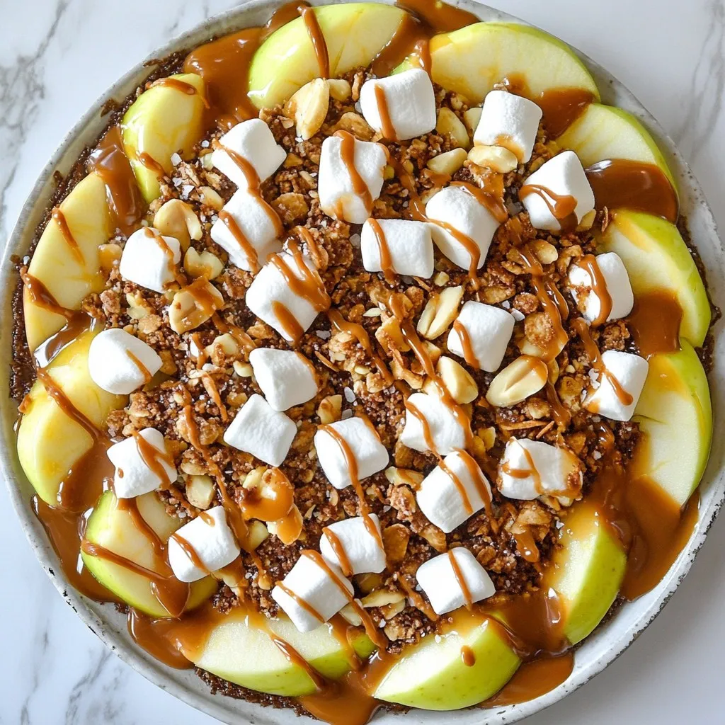 - 4 medium apples (Gala or Granny Smith), sliced - 1 cup shredded caramel (or soft caramel candies, melted) - 1/2 cup milk chocolate chips, melted - 1/2 cup mini marshmallows - 1/4 cup chopped nuts (pecans or walnuts) - 1/4 cup granola (optional for crunch) - 1 teaspoon cinnamon (optional) - Sea salt for garnish (optional) To make caramel apple nachos, you need fresh apples. I like Gala or Granny Smith because they taste great. The apples should be sliced into thin wedges. This makes them easy to grab and eat. Next, you need caramel. You can use shredded caramel or soft caramel candies. Melt this in the microwave until it is smooth. If you want to mix flavors, melt milk chocolate chips too. This chocolate adds a sweet touch to your nachos. For texture, mini marshmallows are a must. They give a fun, fluffy feel. Chopped nuts like pecans or walnuts add crunch and flavor. If you like some extra crunch, you can sprinkle granola on top. To finish, you can add cinnamon for warmth and sea salt for a balanced taste. These tiny touches make a big difference in flavor. Gather these ingredients and get ready to create a tasty treat anyone can enjoy! {{ingredient_image_1}} - Wash and slice the apples into wedges. - If you want to keep them fresh, soak them in lemon water for 5 minutes. This step helps stop browning. - Use a microwave-safe bowl for the caramel. - Heat it in 30-second bursts, stirring after each time. If it’s too thick, add a teaspoon of water. Stir until it is smooth. - Take a microwave-safe bowl for the chocolate chips. - Melt them just like the caramel, in 30-second intervals. Stir until it is smooth and shiny. - Grab a large serving platter. - Arrange the apple wedges in a circle or overlapping pattern. This makes it look nice. - Sprinkle mini marshmallows, chopped nuts, and granola on top. - For extra flavor, add a sprinkle of cinnamon and a pinch of sea salt. - Serve the nachos right away. They taste best fresh. - Use a colorful platter to make it fun. Provide small forks or skewers for easy eating. When choosing apples, pick ones that are crisp and firm. Gala apples are sweet and juicy. They add a nice flavor to your nachos. Granny Smith apples are tart and crunchy. They balance the sweetness of the caramel well. Mixing both types creates a tasty blend. Plus, they hold up well when sliced. You can make this dish vegan by using dairy-free chocolate chips. For caramel, choose vegan-friendly options or make your own. If you need gluten-free nachos, skip the granola or use gluten-free brands. This way, everyone can enjoy the treat. To boost the flavor, add a dash of cinnamon on top. It gives a warm taste that pairs well with apples. You can also try drizzling some peanut butter for an extra kick. Seasonal toppings like crushed candy canes or pumpkin spice can add fun twists. These ideas make your caramel apple nachos unique and exciting. Pro Tips Choose the Right Apples: For the best flavor combination, use a mix of sweet apples like Gala and tart apples like Granny Smith. Keep the Caramel Warm: To maintain a gooey texture, keep the melted caramel in a warm place until you're ready to drizzle it over the apples. Customize Your Toppings: Feel free to experiment with different toppings like crushed cookies, chocolate chunks, or dried fruits for a unique twist. Serving Presentation: For an extra touch, use a squeeze bottle for drizzling the caramel and chocolate, achieving a beautiful presentation. {{image_2}} You can change the chocolate on your nachos to make them special. Try a white chocolate drizzle for a creamy touch. Simply melt white chocolate chips and drizzle them over the apples. It looks pretty and tastes great. You can also mix dark and milk chocolate together. This gives a rich flavor. Melt equal parts of both chocolates. Then, drizzle the mix over your nachos. You get the best of both worlds! Adding more fruits can make your nachos even better. Slices of bananas or strawberries add freshness. Just cut these fruits into small pieces and scatter them on top. They pair well with the caramel and chocolate. You can also use seasonal fruits. In fall, try pears or pomegranates. In summer, berries are a tasty choice. Each fruit brings a unique flavor to your dish. If you want more crunch, swap out granola for other cereals. Use cornflakes or rice cereal for a different texture. Just sprinkle them on top for a fun crunch. You can also add seeds or coconut flakes. Sunflower seeds or pumpkin seeds are great options. They add health benefits and taste. Toasted coconut flakes give a tropical twist. Mix and match to find your favorite! To keep your caramel apple nachos fresh, use an airtight container. Glass or plastic work well. Store them in the fridge for up to two days. The apples may brown, but they will still taste great. If you want to warm your nachos, it's best to reheat the caramel and chocolate. Place them in separate microwave-safe bowls. Heat each in 10-second bursts, stirring in between. This keeps them smooth. Be careful not to overheat, or they may harden. Reheating works well for the caramel, but the apple slices are best fresh. You can freeze caramel apple nachos, but they may lose some texture. To freeze, first, separate the toppings from the apples. Place the apple slices in a freezer bag and freeze for up to a month. For the caramel and chocolate, store them in separate containers. When ready to eat, thaw the apples in the fridge overnight. Reheat the caramel and chocolate before serving. You can prep some parts ahead. Slice your apples a few hours before serving. Keep them in lemon water to stop browning. You can also melt the caramel and chocolate earlier. Store them in separate containers. When ready, drizzle the toppings on the apples. This keeps them fresh and tasty. Gala and Granny Smith apples work great. Gala apples are sweet and crisp. They add a nice flavor balance. Granny Smith apples are tart and firm. Their tartness contrasts well with the sweet toppings. You can try other apples too, like Fuji or Honeycrisp. Choose apples that you enjoy! To make this dish healthier, use less caramel and chocolate. You can drizzle lightly instead of pouring. Swap regular chocolate chips for dark chocolate. Use yogurt or nut butter instead of caramel. You can also add more fruit toppings, like berries. This boosts flavor and adds nutrients. Yes, there are many nut-free topping options. Use seeds like sunflower or pumpkin seeds. You can add extra granola without nuts. Mini marshmallows are also nut-free and fun. Dried fruit like raisins or cranberries adds sweetness without nuts. Customize your nachos to fit your needs! Caramel apple nachos are easy to make and fun to eat. You learn to slice apples, melt caramel, and drizzle chocolate. Then, you add toppings like marshmallows and nuts. Remember, you can adjust the recipe for different diets, too. Want to try other fruits or chocolates? Go for it! Store leftovers properly to keep them fresh. This treat is perfect for sharing or special occasions. Enjoy making and eating your tasty creation!
