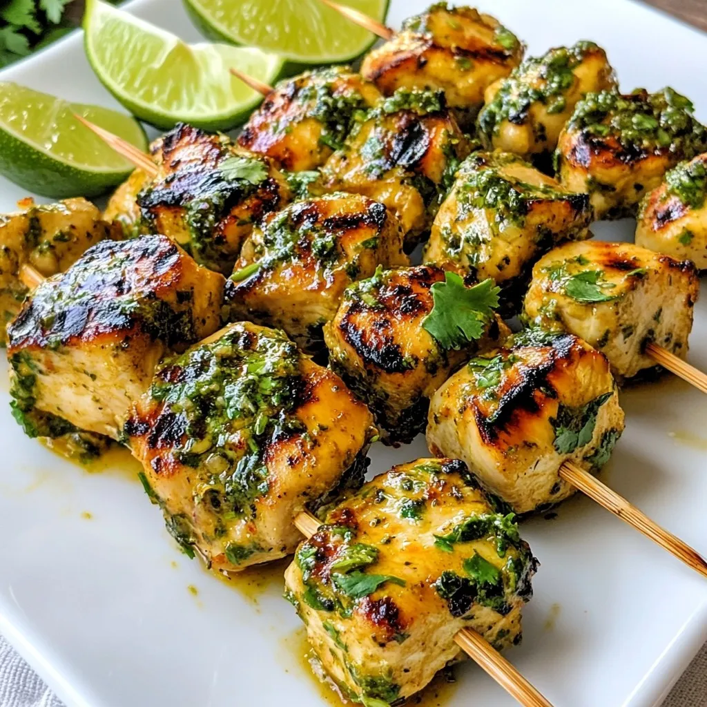 - 1 lb boneless, skinless chicken breasts - 1/4 cup fresh lime juice - 1/4 cup olive oil - 1/4 cup fresh cilantro - 3 garlic cloves - Spices: ground cumin, chili powder, salt, black pepper - Skewers To make cilantro lime chicken kebabs, gather these fresh and tasty ingredients. The chicken breasts are the star, providing a tender base. The lime juice adds a bright, zesty flavor. Olive oil helps the spices stick and keeps the chicken juicy. Fresh cilantro brings a burst of herbal goodness. You will need three minced garlic cloves for depth. The spices are key too. Ground cumin and chili powder add warmth and a hint of spice. Salt and black pepper enhance the taste. Finally, you’ll need skewers. Wooden skewers need soaking in water to avoid burning. Metal skewers are great too and don’t require soaking. This simple list of ingredients makes flavorful and juicy kebabs. Ready to cook? Let’s get started! {{ingredient_image_1}} To start, I take a large bowl and mix the marinade. I combine 1/4 cup of fresh lime juice, 1/4 cup of olive oil, 1/4 cup of finely chopped cilantro, and 3 minced garlic cloves. Then, I add 1 teaspoon of ground cumin, 1 teaspoon of chili powder, 1/2 teaspoon of salt, and 1/2 teaspoon of black pepper. I stir it all together until the mixture is smooth. Next, I add the chicken, which I have cut into 1-inch cubes. I make sure each piece is coated well in the marinade. I cover the bowl with plastic wrap and let it sit in the fridge for at least 30 minutes. If I have time, I let it marinate for up to 2 hours for more flavor. If I’m using wooden skewers, I soak them in water for 30 minutes. This step helps prevent them from burning on the grill. While the skewers soak, I preheat my grill to medium-high heat. This temperature is perfect for getting those beautiful grill marks on the chicken. Now it’s time to assemble the kebabs. I carefully thread the marinated chicken pieces onto the skewers. I leave a little space between each piece. This space helps the chicken cook evenly. Once the skewers are ready, I place them on the preheated grill. I cook the kebabs for about 10 to 12 minutes. I turn them occasionally to ensure all sides are cooked well. I check that the internal temperature of the chicken reaches 165°F (74°C). When they are done, I remove them from the grill and let them rest for a couple of minutes. This resting time helps keep the chicken juicy and flavorful. The ideal internal temperature for chicken is 165°F (74°C). This ensures your chicken is safe to eat and juicy. Use a meat thermometer to check the temperature. Insert it into the thickest part of the chicken. To ensure even grilling, soak wooden skewers for 30 minutes in water. This helps prevent burning. When grilling, leave space between each chicken piece on the skewer. This allows hot air to circulate around the chicken. Turn the skewers every few minutes for even cooking. You can try adding bell peppers or onions to your kebabs. These add color and extra flavor. For a spicy kick, add jalapeños or red pepper flakes. For different marinades, consider using yogurt or vinegar as a base. These can make the chicken even more tender. You can also add herbs like oregano or thyme for a twist. Don't be afraid to experiment! Pro Tips Marinate for Maximum Flavor: Allow the chicken to marinate for at least 2 hours, or overnight if possible, to enhance the flavors and tenderness of the meat. Soak Wooden Skewers: If using wooden skewers, soak them in water for 30 minutes before grilling to prevent them from burning on the grill. Even Cooking: Leave a little space between each piece of chicken on the skewers to ensure even cooking and that each piece gets those beautiful grill marks. Rest Before Serving: Let the kebabs rest for a few minutes after grilling. This helps the juices redistribute, resulting in juicier chicken. {{image_2}} You can make your kebabs even better by adding vegetables. Pairing chicken with colorful veggies makes the dish fun and tasty. Try using bell peppers, zucchini, and onions. - Bell Peppers: They add sweetness and crunch. Use red, yellow, or green for a rainbow effect. - Zucchini: This veggie soaks up flavor well. Cut it into thick rounds for grilling. - Onions: They add a nice sharpness. Use red or white onions for the best taste. Simply cut the veggies into pieces similar in size to the chicken. Thread them onto the skewers with the chicken. This way, you get a mix of flavors and textures. If you want to switch things up, shrimp or tofu work great too. Both can soak in the marinade just like chicken. - Shrimp: Use peeled and deveined shrimp. Marinate for 15-30 minutes. Shrimp cooks fast, so keep an eye on them on the grill. They only need about 3-5 minutes per side. - Tofu: Use firm or extra-firm tofu. Cut it into cubes and press it to remove excess water. Marinate for 30-60 minutes. Tofu will soak up all the tasty flavors. These choices give you a fresh way to enjoy cilantro lime kebabs. Mix and match to find your favorite combination! To keep your cilantro lime chicken kebabs fresh, cool them quickly. Place them on a plate and let them sit for about 30 minutes. After they cool, transfer them to an airtight container. This helps lock in the flavor. You can store the kebabs in the refrigerator for up to four days. If you want to keep them longer, consider freezing them. They’ll stay tasty in the freezer for up to three months. Just make sure to wrap them well in plastic wrap or foil before placing them in a freezer bag. When reheating your chicken kebabs, you want to keep them juicy and flavorful. The best method is to use your oven. Preheat it to 350°F (175°C). Place the kebabs on a baking sheet and cover them with foil. Heat for about 10-15 minutes, checking to ensure they don’t dry out. You can also use a microwave, but this method may make them less juicy. If you choose the microwave, heat them in short bursts of 30 seconds. Always check the temperature to ensure they reach 165°F (74°C) for safe eating. Enjoy your delicious leftovers just as much as the first time! Marinate the chicken for at least 30 minutes. This time allows the flavors to soak in. For the best taste, aim for 2 hours. The longer you marinate, the more intense the flavor. Yes, you can prepare the kebabs in advance. Marinate the chicken and assemble the skewers. Store them in the fridge for up to 24 hours. Just remember to keep them covered. This way, you save time when you're ready to grill. These kebabs pair well with rice, salad, or grilled veggies. Consider serving with a fresh corn salad or a zesty coleslaw. You can also add a side of warm tortillas for a fun twist. Enjoy mixing and matching to suit your taste! To sum up, we explored how to make delicious cilantro lime chicken kebabs. You learned about the key ingredients, marination, and grilling steps. We also shared tips for perfect kebabs, like adding veggies or using alternative proteins. Proper storage and reheating techniques ensure tasty leftovers. Make these kebabs a staple in your kitchen. Enjoy the fresh flavors and impress friends at your next gathering!
