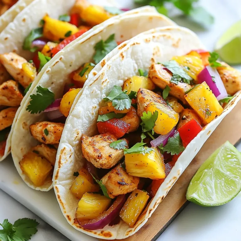 - Chicken and Pineapple Ingredients - 2 chicken breasts, cut into bite-sized pieces - 1 cup fresh pineapple, diced - Spices and Seasonings - 1 tablespoon olive oil - 1 red bell pepper, sliced - 1 small red onion, sliced - 2 cloves garlic, minced - 1 tablespoon chili powder - 1 teaspoon cumin - 1 teaspoon smoked paprika - 1/2 teaspoon cayenne pepper (adjust for heat preference) - Salt and pepper to taste - Tortilla and Garnish Ingredients - 8 small corn tortillas - Fresh cilantro, for garnish - Lime wedges, for serving Gather all these items to make your tacos burst with flavor. The chicken and pineapple form a sweet and spicy base. The spices add depth and heat. Corn tortillas hold everything together and add texture. Don't forget the cilantro and lime for a fresh finish! {{ingredient_image_1}} To start, grab a bowl. You will need to mix the chicken pieces with garlic, chili powder, cumin, smoked paprika, cayenne pepper, olive oil, salt, and pepper. Make sure every piece is coated well. This step adds deep flavors to the chicken. Cover the bowl and let it sit in the fridge for at least 30 minutes. This wait makes the chicken even tastier. Next, heat a large skillet over medium-high heat. Once hot, add the marinated chicken to the skillet. Cook it for about 7 to 9 minutes. Stir occasionally to avoid sticking. You want the chicken to turn a nice brown color and be fully cooked. When done, set it aside while you prepare the veggies. With the chicken cooked, it’s time to add the sliced red bell pepper and onion. Toss them into the skillet and sauté for about 5 to 6 minutes. You want them to soften but not lose all their crunch. After that, stir in the diced pineapple. Cook for another 2 to 3 minutes until the pineapple is warm and slightly caramelized. This will add a sweet touch to your tacos. While the chicken and pineapple mixture is cooking, it’s time for the tortillas. Heat a separate pan over medium heat. Place each corn tortilla in the pan for about 30 seconds on each side. The goal is for them to be warm and pliable. This step helps the tortillas hold the filling without breaking. Now comes the fun part! Take a warm tortilla and place a portion of the chicken, pineapple, and vegetable mix in the center. Fold the tortilla gently to wrap the filling. Repeat with the remaining tortillas. For an extra touch, top each taco with fresh cilantro. Serve with lime wedges on the side for added zing. Enjoy your flavorful tacos! Marinating chicken adds so much flavor. I recommend marinating for at least 30 minutes. You can go longer if you want richer taste. Use a bowl that fits the chicken well. Make sure to coat all pieces with the marinade. This helps the spices soak in. If you have time, try marinating overnight. This gives more depth to the flavor. Cooking chicken at the right temperature is key. I suggest medium-high heat for the skillet. This temp helps the chicken brown nicely. Make sure the internal temperature reaches 165°F. Use a meat thermometer to check. If you don't have one, cut a piece open. Ensure there is no pink inside. This guarantees it's cooked through. Warm tortillas make your tacos even better. Use a dry skillet over medium heat. Place the tortillas in for about 30 seconds on each side. This keeps them soft and pliable. You can also wrap them in a clean towel and microwave for 20 seconds. Just keep an eye on them to avoid drying out. Warm tortillas hold the filling better and taste great! Pro Tips Marinate Longer for Flavor: For even more flavor, consider marinating the chicken for a few hours or overnight. This allows the spices to penetrate deeper into the meat. Use Fresh Ingredients: Whenever possible, opt for fresh ingredients, especially the pineapple and vegetables. Fresh produce enhances the flavor and texture of the tacos. Customize the Heat: Adjust the cayenne pepper according to your heat preference. You can also add sliced jalapeños for an extra kick! Warm Tortillas Properly: Ensure the corn tortillas are warm before assembling the tacos. This prevents them from cracking and makes them easier to fold. {{image_2}} You can swap chicken for other proteins. Shrimp adds a nice seafood touch. It cooks fast and soaks up flavors well. Just marinate and cook it the same way. Tofu is perfect for a vegan option. Firm tofu holds its shape and absorbs spices. Press it to remove extra water, then marinate and sauté. To make this dish gluten-free, use corn tortillas. Always check the label to be sure. For a vegan taco, replace chicken with marinated jackfruit or mushrooms. Both options provide great texture. Use a vegan chili powder to keep flavors bold. You can also add black beans for extra protein and fiber. Pineapple gives a sweet kick, but you can try other fruits. Mango adds a tropical flair and sweetness. Peaches provide a juicy burst when cooked. For a savory twist, use roasted bell peppers or even peaches. Each fruit brings its own flavor and makes the dish unique. Experiment to find your favorite! To store leftover spicy pineapple chicken tacos, let them cool first. Place them in an airtight container. You can keep them in the fridge for up to three days. Make sure to separate the chicken mixture from the tortillas. This helps keep the tortillas fresh and prevent sogginess. When you’re ready to eat, reheat the chicken mixture in a pan over medium heat. Stir it well until it’s hot. For tortillas, warm them in a dry skillet for about 30 seconds on each side. This keeps them soft and tasty. You can freeze the chicken mixture too! Use a freezer-safe container or bag. It will stay good for up to three months. When you want to eat it, thaw it in the fridge overnight. Reheat as mentioned above for the best taste. You can serve many tasty sides with these tacos. Here are some ideas: - Mexican rice: Fluffy and flavorful, it makes a great base. - Refried beans: Creamy beans pair well with the tacos. - Guacamole: Fresh and creamy, it adds a nice touch. - Corn salad: Sweet corn salad adds crunch and flavor. - Chips and salsa: A classic snack that everyone loves. To tone down the heat, you can adjust a few ingredients: - Use less cayenne pepper: Start with a pinch instead of half a teaspoon. - Add more pineapple: The sweetness will balance the heat. - Use mild chili powder: It adds flavor without too much spice. - Top with sour cream: This cooling element helps reduce heat. Yes, you can use frozen pineapple. Just remember to: - Thaw it first: Let it sit out or microwave it briefly. - Drain excess juice: This keeps your tacos from being soggy. Frozen pineapple can still taste sweet and delicious. Warming tortillas is easy! Here’s how: - Use a skillet: Heat over medium for about 30 seconds per side. - Microwave: Wrap tortillas in a damp paper towel and heat for 20-30 seconds. - Oven method: Wrap tortillas in foil and heat in a 350°F oven for 10-15 minutes. Warmed tortillas make your tacos even better! You learned about making tasty Spicy Pineapple Chicken Tacos. We covered ingredients, cooking steps, and helpful tips. You can replace chicken with shrimp or tofu for tasty changes. Remember to store leftovers well and warm tortillas correctly. Now, you can enjoy making these tacos for your next meal. With simple steps and fresh ingredients, you can create something delicious. Happy cooking!
