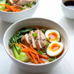 - 2 boneless, skinless chicken breasts, thinly sliced - 4 cups chicken broth - 2 packs of instant ramen noodles (discard flavor packets) - 4 cloves of garlic, minced - 1 tablespoon freshly grated ginger - 2 green onions, sliced - 1 cup bok choy, chopped - 1 carrot, julienned - 2 soft-boiled eggs (optional for garnish) For this Spicy Garlic Chicken Ramen, the main ingredients shine through. The chicken breasts give the dish a hearty base. I love using instant ramen noodles for quick cooking. The chicken broth adds depth, making each sip rich and flavorful. Aromatics play a big role. Garlic brings a punch, while ginger adds warmth. Green onions give a fresh crunch. Together, they create a fragrant base that makes you want to dive in. You can't forget the veggies. Bok choy adds a nice green touch. The carrot brings sweetness and color. If you want, top it off with soft-boiled eggs for richness. The yolk creates a creamy texture that blends perfectly with the broth. With these ingredients, you have a balanced and tasty meal. {{ingredient_image_1}} To start, heat sesame oil in a large skillet over medium-high heat. Add the thinly sliced chicken breasts. Make sure to season them with salt and pepper. Cook the chicken for about 5-7 minutes, until it turns golden brown and is fully cooked. Once done, remove the chicken from the skillet and set it aside. In the same skillet, add minced garlic and freshly grated ginger. Sauté these for about 1 minute. You want to smell their lovely aroma but be careful not to burn them. Burning can ruin the flavor of your dish. Next, pour in 4 cups of chicken broth into the skillet. Add 2 tablespoons of soy sauce and 2 teaspoons of chili paste. Stir all the ingredients together. Bring the mixture to a gentle simmer. If you like it spicier, feel free to add more chili paste to suit your taste. Now it’s time to add the ramen noodles. Toss them into the simmering broth and cook according to the package instructions, usually about 3-4 minutes. Keep an eye on the timer! In the last minute of cooking, add chopped bok choy and julienned carrots. This timing ensures they stay fresh and crisp. Once the noodles and vegetables are ready, return the cooked chicken to the pot. Stir everything together well. Take a moment to taste the broth. If you want more flavor, adjust with extra salt or chili paste. When serving, ladle the ramen into deep bowls. This makes your meal look appealing. If you want, you can halve soft-boiled eggs and place them on top. Finish with sliced green onions and a sprinkle of sesame seeds for that extra touch. To make great Spicy Garlic Chicken Ramen, follow these tips: - Perfectly Cooked Chicken: Slice chicken breasts thinly for even cooking. Cook them in hot sesame oil. This helps to seal in juices. Keep an eye on them. You want them brown and cooked through in about 5-7 minutes. - Avoid Overcooking Noodles: Instant ramen cooks fast, usually in 3-4 minutes. Add them to the simmering broth last. This keeps the noodles chewy, not mushy. You can change the heat in your ramen: - Modifying Chili Paste: Start with 2 teaspoons of chili paste. Taste the broth and add more if you want it spicier. - Alternatives for Milder Versions: Want less heat? Use less chili paste. You can also swap it for a bit of sweet soy sauce or omit it altogether. Want to jazz up your ramen? Here are some ideas: - Additional Seasonings: Try adding a splash of rice vinegar or a dash of fish sauce. These add depth to your broth. - Suggestions for Toppings: Top your ramen with sliced green onions, sesame seeds, or fresh herbs like cilantro. Soft-boiled eggs are a nice touch too, adding creaminess and richness. Pro Tips Perfect Chicken: To ensure your chicken stays tender, avoid overcooking it. The meat should be just cooked through, around 5-7 minutes, depending on thickness. Flavor Boost: For an extra depth of flavor, consider adding a splash of mirin or rice vinegar to your broth along with the soy sauce. Ramen Noodle Tip: Be careful not to overcook the ramen noodles. They should be al dente for the best texture, as they will continue to cook slightly in the hot broth. Garnish Matters: Don't skip the garnishes! Sliced green onions and sesame seeds add not just flavor but also visual appeal to your dish. {{image_2}} You can change up the vegetables in your spicy garlic chicken ramen. Try adding mushrooms, spinach, or bell peppers for more flavor and texture. Seasonal veggies also work well. In spring, toss in asparagus or peas. In winter, consider root veggies like radishes or turnips. If you want to switch proteins, use tofu or shrimp instead of chicken. Tofu absorbs flavors well and is a great choice for a vegetarian option. If using shrimp, cook it for only 2-3 minutes until pink and firm. Adjust your cooking times to ensure that proteins cook properly. For a vegetarian broth, use vegetable stock instead of chicken broth. Miso adds a rich, umami flavor and is a great substitute. Bone broth also gives deep flavor and is packed with nutrients. These options let you customize your ramen to fit your taste and diet. To store leftovers, let the ramen cool down. Place it in an airtight container. This keeps it fresh. The dish lasts for about 3 to 4 days in the fridge. Make sure to eat it within this time for best taste. You can reheat ramen in a pot or microwave. If using a pot, add a splash of broth or water. Heat it slowly to keep the noodles soft. In the microwave, use a bowl with a cover. Heat in short bursts to avoid drying out the dish. This way, you keep the texture and flavor intact. Yes, you can freeze this dish! However, it’s best to freeze the broth and chicken separately from the noodles. Cooked noodles get mushy when frozen. Store the broth and chicken in airtight containers. It can last up to 2 months in the freezer. When ready to eat, thaw the broth overnight in the fridge. Then heat and add fresh noodles for the best taste. Yes, you can use different noodles for this dish. Here are some suggestions: - Soba noodles: A great option that adds a nutty flavor. - Udon noodles: Thick and chewy, they soak up broth well. - Rice noodles: Perfect for a lighter, gluten-free choice. - Whole wheat noodles: A healthier twist on traditional ramen. Each type of noodle will give a unique taste and texture to your spicy garlic chicken ramen. If you lack chili paste, here are some substitutes: - Sriracha: Offers heat and a hint of sweetness. - Hot sauce: Any brand can work, just adjust quantity to taste. - Red pepper flakes: A quick fix for spice, but less saucy. - Harissa: A North African chili paste that adds depth. These options can keep your dish flavorful and spicy, even if you run out of chili paste. To make this ramen gluten-free, consider these ingredients: - Gluten-free ramen noodles: Many brands offer gluten-free options. - Tamari: A gluten-free soy sauce alternative. - Check broth labels: Ensure your chicken broth is gluten-free. By swapping these items, you can enjoy a hearty bowl without gluten. To deepen the flavor of your broth, try these tips: - Roast the chicken: Browning adds depth before you simmer. - Use homemade broth: It often has more flavor than store-bought. - Add miso paste: Stir in miso for umami richness. - Incorporate more aromatics: Extra garlic or ginger can enhance taste. These steps can take your broth from good to amazing, making your ramen even more enjoyable. This post covered a simple and tasty ramen recipe. We looked at main ingredients like chicken and noodles, along with aromatic garlic and ginger. I explained easy steps to prepare the broth and cook the noodles without overdoing it. Also, I shared tips for customizing flavors and making the dish your own. Remember, cooking should be fun and creative! Enjoy making this ramen your way. Happy cooking!