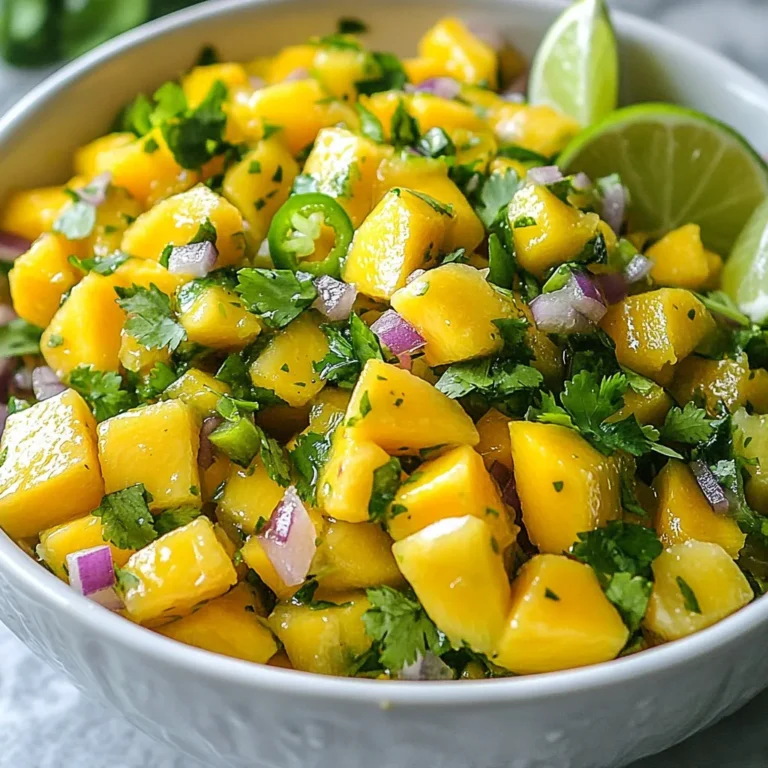 - 2 ripe mangoes, diced - 1 small red onion, finely chopped - 1 jalapeño pepper, minced (adjust for heat preference) - 1/4 cup fresh cilantro, chopped - Juice of 2 limes - 1 tablespoon olive oil - Salt and pepper to taste - Optional: 1 small red bell pepper, diced You can add a small red bell pepper for extra crunch and color. This makes the salsa even more vibrant and tasty. If you don’t have fresh mangoes, try using canned mango chunks. Just drain them well. For a milder salsa, skip the jalapeño. Instead, use a pinch of red pepper flakes. You can also use lemon juice instead of lime juice for a different twist. If cilantro isn’t your favorite, parsley can work as a substitute. {{ingredient_image_1}} First, gather all your ingredients. You need ripe mangoes, a red onion, and a jalapeño. Dice two ripe mangoes into small pieces. Chop one small red onion finely. Mince one jalapeño pepper, and adjust the amount for your heat level. If you want more color, you can add a small red bell pepper, diced. Don’t forget to chop 1/4 cup of fresh cilantro. You want it nice and fine. Now, take a large mixing bowl. Start by adding the diced mangoes, chopped red onion, minced jalapeño, and red bell pepper if you chose to add it. Next, toss in the chopped cilantro. The colors should look bright and fresh. Squeeze the juice of two limes over the mixture to add tang. Drizzle one tablespoon of olive oil over everything. Then, gently mix the ingredients together until combined. Don’t mash the mangoes; you want to keep them in chunks. Let the salsa sit for at least 15 minutes at room temperature. This short wait helps all the flavors blend well. The lime juice will soften the onions and jalapeño, making them taste milder and sweeter. Before serving, taste the salsa. Add salt and pepper to fit your taste. You can always adjust the lime juice or seasoning to make it perfect. Enjoy your bright and zesty salsa! To adjust the heat in your Mango Cilantro Salsa, focus on the jalapeño. If you like it spicy, add more minced jalapeño. For less heat, use only half or skip it. You can also remove the seeds and membranes, which hold most of the heat. Another option is to add a pinch of cayenne pepper for a milder kick. You can boost the flavor by adding more ingredients. Try a small red bell pepper for sweetness and color. Diced avocados bring creaminess and make the salsa richer. Consider adding a splash of orange juice for a fruity twist. A pinch of cumin or garlic powder can deepen the flavor profile, too. Just remember to mix well after adding anything new. For a beautiful presentation, choose a colorful bowl. A vibrant ceramic bowl or a clear glass bowl works well. Garnish your salsa with fresh cilantro leaves on top. Add lime wedges on the side for a pop of color and extra zest. Serve it with crispy tortilla chips or use it as a topping on grilled chicken or fish. A well-presented dish makes every meal feel special. Pro Tips Choose Ripe Mangoes: Ensure your mangoes are ripe for the best sweetness and flavor. They should yield slightly to pressure and have a fragrant aroma. Adjust Heat Level: The jalapeño can add significant heat. If you're sensitive to spice, consider removing the seeds or using a milder pepper. Let It Rest: Allow the salsa to sit for at least 15 minutes before serving. This resting time enhances the flavors as they meld together. Customize Ingredients: Feel free to add other ingredients such as corn or black beans for added texture and flavor variations. {{image_2}} You can mix in other fruits for fun flavors. Try adding diced pineapple. It gives a sweet twist. Chopped peaches work well too. They add a juicy texture. For a tropical vibe, add some diced kiwi. Each fruit brings a new taste that brightens the salsa. You control the heat with the jalapeño. If you want it spicy, use more jalapeño. For a milder salsa, use less or remove the seeds. You can also add a dash of hot sauce for warmth. If you prefer no heat, skip the jalapeño entirely. This salsa fits many meals. Serve it with crispy tortilla chips for a snack. It also makes a great topping for grilled chicken or fish. Try it on tacos for a fresh kick. You can even mix it into salads for color and taste. Each way you serve it adds a bright note to your meal. To store leftover mango cilantro salsa, use an airtight container. Place the salsa in the container and cover it tightly. This keeps the freshness locked in and prevents smells from other foods from getting in. Always refrigerate the salsa. It’s best to eat it within a few days to enjoy its bright flavors. You can freeze mango cilantro salsa, but some texture changes may occur. To freeze, pour the salsa into a freezer-safe bag. Squeeze out all the air before sealing the bag. Label the bag with the date. When you're ready to use it, thaw it in the fridge overnight. Stir before serving to mix the flavors back together. In the fridge, mango cilantro salsa lasts for about 3 to 5 days. If you freeze it, the salsa can last for up to three months. Always check for any off smells or colors before using it. If it looks or smells bad, throw it out. Enjoy your fresh salsa while it's at its best! Yes, you can make this salsa ahead of time. I like to prepare it a few hours before serving. This gives the flavors time to mix and deepen. Store it in the fridge in a sealed container. Just remember to stir before serving. Mango cilantro salsa pairs well with many dishes. Here are some great options: - Grilled chicken or fish for a fresh topping - Tacos, especially fish or shrimp tacos - Tortilla chips for a tasty snack - Burrito bowls to add color and flavor - Salads for a zesty kick Yes, you can make this salsa without cilantro. If you are not a fan, try using fresh parsley instead. It adds a nice touch without the strong taste. You can also skip the herbs and just enjoy the mango and lime flavors. This blog post covers the key aspects of making delicious Mango Cilantro Salsa. We explored the main ingredients and measurements, plus optional items and substitutes. You learned step-by-step preparation and mixing methods to blend flavors. Tips for adjusting heat and ideas for presentation were shared too. We discussed tasty variations and smart storage solutions for leftovers. Finally, we answered common questions about making and serving this salsa. Enjoy experimenting with this recipe! It’s easy, fun, and sure to impress.