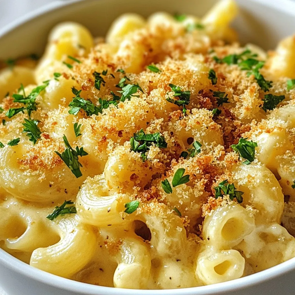 - 8 oz elbow macaroni - 4 cups whole milk - 4 tablespoons unsalted butter - 1/4 cup all-purpose flour - 2 cups shredded white cheddar cheese - 1/2 cup grated Parmesan cheese - 1 teaspoon garlic powder - 1/2 teaspoon onion powder - Salt and black pepper to taste - 1/2 cup breadcrumbs (for topping) - 2 tablespoons chopped fresh parsley (for garnish) Gathering the right ingredients is key to making the best white cheddar mac and cheese. I love using elbow macaroni because it holds the cheese sauce well. Whole milk adds creaminess and richness to the dish. Unsalted butter works best for making a smooth sauce. The flour helps thicken the cheese sauce, creating that wonderful creamy texture. My favorite part is the cheese. I use a mix of white cheddar and Parmesan for depth of flavor. For seasoning, garlic powder and onion powder add great taste without being too strong. Don't forget salt and black pepper to balance it all out. Finally, breadcrumbs give a nice crunch on top, while fresh parsley brightens up the dish. Keep these ingredients on hand, and you’ll be ready to whip up this creamy dinner delight anytime! {{ingredient_image_1}} - Fill a large pot with water. Add a good amount of salt. - Turn on the heat and bring the water to a boil. - Add the elbow macaroni to the boiling water. Cook it until it is al dente. - Drain the macaroni in a colander and set it aside. - In the same pot, melt the butter over medium heat. - Once the butter is melted, add the flour. Whisk it for about one minute to form a roux. - Gradually pour in the whole milk while whisking. This helps avoid lumps. - Keep cooking and stir until the sauce thickens, which takes about 5-7 minutes. - Reduce the heat to low and add the shredded white cheddar and Parmesan cheese. Stir until everything is melted and smooth. - Add the cooked macaroni into the cheese sauce. Stir gently to coat all the pasta. - Preheat your oven to 350°F (175°C). - Pour the mac and cheese into a greased baking dish. - Sprinkle breadcrumbs evenly over the top for a crunchy finish. - Place the dish in the oven and bake for 20-25 minutes. Look for a golden brown top and bubbling cheese. How can I avoid lumps in the cheese sauce? To avoid lumps in your cheese sauce, whisk the whole milk in slowly. Start with a small amount and blend it well with the roux. Then, add the rest of the milk gradually. This method helps ensure a smooth sauce. What cheese combinations work best? For a rich flavor, use a mix of white cheddar and Parmesan. White cheddar gives a creamy texture, while Parmesan adds a nice bite. You can also try Gruyère or Monterey Jack for a different taste. Just remember to shred your cheese finely for easy melting. Why is proper seasoning important? Proper seasoning brings out the flavors in your mac and cheese. Use salt and black pepper to enhance the taste. Garlic and onion powder add depth, too. Always taste as you go, adjusting the seasoning to your liking. What sides or proteins pair well with mac and cheese? Mac and cheese goes great with a fresh salad or roasted vegetables. Grilled chicken or crispy bacon can also make it a full meal. Try serving it next to steamed broccoli for a colorful plate. What are the best ways to serve and garnish? For serving, place the mac and cheese in a nice bowl. Sprinkle fresh parsley on top for color. You can also add more cheese on top before baking for extra richness. What drinks complement this dish? Pair your mac and cheese with a light drink like iced tea or lemonade. A crisp white wine can also enhance the meal. If you prefer non-alcoholic options, try sparkling water with a slice of lemon. Pro Tips Use Fresh Cheese: Freshly shredded cheese melts better and creates a creamier texture than pre-shredded cheese which often contains anti-caking agents. Customize Your Seasoning: Feel free to add a pinch of cayenne pepper or a dash of hot sauce for a spicy kick to your mac and cheese. Breadcrumb Alternatives: For a unique twist, try topping with crushed potato chips or panko breadcrumbs for extra crunch and flavor. Rest Before Serving: Allow the mac and cheese to sit for a few minutes after baking; this helps it set and makes it easier to serve. {{image_2}} You can change the cheese in this dish for fun. Try sharp cheddar for a bolder taste. You can also mix in Gruyère for a nutty flavor. Don't forget about pepper jack for a spicy kick. If you need gluten-free options, choose rice or corn pasta. They work well in this recipe, too. Just follow the same cooking steps. Adding proteins can make this dish even heartier. Cooked chicken or crispy bacon adds a nice touch. You can stir them in before baking. Vegetables can boost the nutrition and flavor. Spinach adds a nice color and taste. Broccoli gives a nice crunch and pairs well with cheese. Just steam them first, then mix them in. Don't shy away from spices. A pinch of cayenne pepper brings heat to your dish. You could also try smoked paprika for a smoky taste. These small changes can make your mac and cheese stand out. To keep your white cheddar mac and cheese fresh, use airtight containers. Glass or plastic containers work well. Make sure to cool the dish before sealing it. This helps prevent moisture buildup. Your leftovers will last about 3-5 days in the fridge. When reheating, the oven is your best friend. Preheat it to 350°F (175°C). Place the mac and cheese in a baking dish. Add a splash of milk for creaminess. Cover with foil to keep it moist. Bake for about 20 minutes or until heated through. If you prefer the microwave, use a microwave-safe bowl. Add a little milk and cover it loosely. Heat in short increments, stirring often. This helps keep the texture creamy and smooth. White cheddar is my top choice for mac and cheese. It melts well and adds a rich flavor. Other good options include sharp cheddar, Gruyere, and Monterey Jack. Sharp cheddar gives a tangy taste. Gruyere adds a nice nutty touch, while Monterey Jack makes it creamy. Mixing different cheeses can create a unique blend of flavors. Yes, you can make mac and cheese ahead of time. Cook the pasta and make the cheese sauce as normal. Let both cool, then combine them. Place the mixture in a baking dish and cover it. You can store it in the fridge for up to two days. When ready to eat, bake it at 350°F (175°C) for 25 to 30 minutes. To make your mac and cheese extra cheesy, use a mix of cheeses. Try adding a bit more white cheddar and some Gruyere. You can also add cream cheese for extra creaminess. Another tip is to sprinkle more cheese on top before baking. This gives a nice, gooey layer on the surface. In this guide, we covered how to create delicious mac and cheese from scratch. You learned about the key ingredients, step-by-step cooking instructions, and tips for a creamy sauce. Variations allow you to customize flavors, while proper storage ensures leftovers stay tasty. Use these techniques for memorable meals that please everyone. Mac and cheese is a beloved dish, and with these insights, you can make it your own. Enjoy your cooking journey and share your best results!