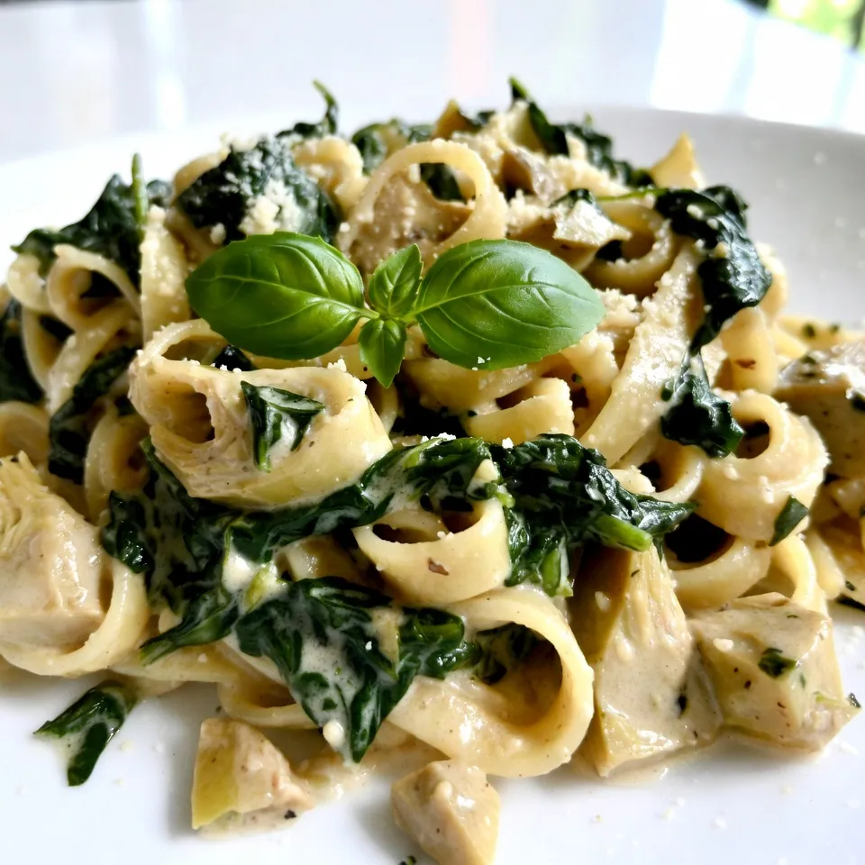- 8 oz fettuccine pasta - 1 tablespoon olive oil - 2 cloves garlic, minced - 1 small onion, finely chopped - 1 can (14 oz) artichoke hearts, drained and chopped - 4 cups fresh spinach (or 1 cup frozen spinach) - 1 cup cream cheese, softened - 1/2 cup sour cream - 1/2 cup grated Parmesan cheese - 1 teaspoon lemon juice - Salt and pepper to taste - Red pepper flakes (optional for heat) - Fresh basil leaves for garnish When measuring ingredients, use dry measuring cups for solids like pasta and cheese. For liquids, use a liquid measuring cup. A kitchen scale can help ensure accuracy. Remember, precision matters for creamy pasta. Choose fresh spinach for the best flavor. Go for high-quality fettuccine; it holds the sauce well. Use good cream cheese and real Parmesan for a rich taste. Fresh garlic and onions work wonders in this dish. If you love spice, get fresh red pepper flakes for that extra kick. {{ingredient_image_1}} Start by boiling a large pot of salted water. Once it boils, add 8 ounces of fettuccine pasta. Cook it according to the package instructions until it is al dente. This usually takes about 8 to 10 minutes. After cooking, drain the pasta and set it aside. Remember to save a cup of the pasta water for later. Next, take a large skillet and heat 1 tablespoon of olive oil over medium heat. Add 2 minced garlic cloves and 1 small chopped onion. Sauté these until the onion turns clear, which should take about 3 to 4 minutes. The smell will be fantastic as the garlic and onion cook together. Now it's time to make the creamy sauce. Add 1 can of drained and chopped artichoke hearts and 4 cups of fresh spinach to the skillet. Cook for 2 to 3 minutes until the spinach wilts down. Lower the heat and add 1 cup of softened cream cheese and 1/2 cup of sour cream. Stir until everything is smooth and creamy. If it feels too thick, slowly add some reserved pasta water until you get the right texture. Finally, add the cooked fettuccine to your creamy sauce. Gently toss the pasta until it is well coated. Add 1/2 cup of grated Parmesan cheese, 1 teaspoon of lemon juice, salt, and pepper to taste. If you like a bit of heat, sprinkle in some red pepper flakes. Stir until the cheese melts and everything mixes well. Now you're ready to serve! One common mistake is overcooking the pasta. Always cook it al dente. This way, it stays firm and holds up well in the sauce. Another mistake is not seasoning enough. Salt enhances the flavors, so don’t be shy. Also, avoid adding too much cream cheese at once. This can make it hard to mix. Gradually add it for a smoother sauce. Lastly, don’t skip the lemon juice. It brightens the dish and balances the creaminess. If you want your pasta creamier, you can add more cream cheese or sour cream. If it’s too thick, slowly stir in some reserved pasta water. This water helps create a smooth texture. You can also try adding a splash of milk or heavy cream for extra richness. Just remember, adjust little by little until you find your perfect creaminess. To boost the flavor, consider adding fresh herbs like basil or parsley. You can also sprinkle in some garlic powder for a stronger garlic taste. For heat, red pepper flakes work great. If you like a tangy flavor, try adding a splash of white wine while cooking the garlic and onion. Nuts, like toasted pine nuts or walnuts, add a nice crunch and depth. Experiment with these extras to make your dish unique! Pro Tips Use Fresh Spinach: Fresh spinach will provide a vibrant color and better texture compared to frozen spinach. If using frozen, ensure it is fully thawed and drained to avoid excess moisture. Adjust Creaminess: If you prefer a lighter sauce, you can substitute some of the cream cheese and sour cream with Greek yogurt or a lower-fat cream alternative. Save Pasta Water: Always reserve some pasta water before draining. This starchy water can help adjust the consistency of your sauce without thinning it out too much. Flavor Boost: For an extra kick, consider adding a splash of white wine to the skillet after sautéing the onions and garlic, allowing it to reduce before adding the cream cheese. {{image_2}} To make this dish vegan, swap the cream cheese and sour cream for vegan versions. Use almond cream cheese or cashew cream for a rich taste. Nutritional yeast can add a cheesy flavor without dairy. Choose a plant-based pasta, like chickpea or lentil pasta, for a protein boost. These swaps keep the dish creamy and satisfying. If you need a gluten-free option, use gluten-free fettuccine. Many brands make pasta from brown rice or quinoa. These options can give you a great texture while being gluten-free. Cook them as directed on the package. This way, everyone can enjoy creamy spinach artichoke pasta. You can add seasonal vegetables for extra flavor. Try using asparagus or zucchini in spring. In summer, add cherry tomatoes for a sweet burst. Fall brings butternut squash, which adds creaminess. Feel free to mix and match. This keeps the dish fresh and exciting all year round. To keep your creamy spinach artichoke pasta fresh, let it cool first. Once cooled, transfer it to an airtight container. This helps prevent drying out. Store it in the fridge. It will last for about 3 to 5 days. When you're ready to enjoy leftovers, use a skillet or microwave. If using a skillet, add a splash of water or broth. Heat on low, stirring gently. This helps rehydrate the pasta. If using the microwave, cover the dish. Heat in short intervals, stirring often. This will warm it evenly. If you want to freeze the pasta, it’s best to do so without the fresh basil. Place the cooled pasta in a freezer-safe container. It can last for about 2 to 3 months in the freezer. When ready to eat, thaw it in the fridge overnight. Warm it on the stove with a bit of cream or broth for added creaminess. Yes, you can use frozen spinach. It saves time and works well in this dish. Just be sure to thaw it and drain any excess water before adding it to the mix. You can use Greek yogurt or ricotta cheese. Both add creaminess. If you prefer a lighter option, Greek yogurt is great. Ricotta gives a nice texture but is a bit richer. Leftovers can last up to three days in the fridge. Store them in an airtight container to keep them fresh. When ready to eat, reheat gently on the stove or in the microwave. Yes, you can prepare the sauce in advance. Just cook the pasta fresh when you are ready to serve. This helps keep the pasta from getting mushy. You can pair this dish with a simple green salad or garlic bread. A light, crisp salad adds a nice crunch. Garlic bread complements the creamy sauce perfectly. In this post, I covered all the essentials for making creamy spinach artichoke pasta. We explored key ingredients and tips for measuring and ensuring quality. You learned the step-by-step process, from cooking fettuccine to perfecting the sauce. I shared common mistakes to avoid and fun variations, like vegan options. I also included storage tips to keep your pasta fresh. This dish is simple yet full of flavor, making it great for any meal. Enjoy creating your own creamy masterpiece!