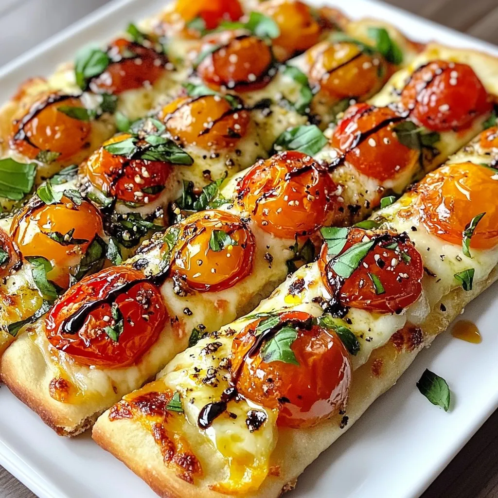 - 1 large flatbread (store-bought or homemade) - 2 cups cherry tomatoes, halved - 1 tablespoon olive oil - 1 cup fresh basil leaves, chopped (plus extra for garnish) - 1 cup mozzarella cheese, shredded - 2 tablespoons balsamic glaze - 1 teaspoon garlic powder - 1/2 teaspoon red pepper flakes - Salt - Pepper To make a great roasted tomato basil flatbread, you need a few key ingredients. Start with a large flatbread. You can buy it or make it yourself. Next, grab some cherry tomatoes. These sweet gems add flavor and color. You will also need olive oil. It helps roast the tomatoes and adds richness. Fresh basil leaves bring a bright taste. They add a wonderful aroma too. Mozzarella cheese makes the flatbread creamy and melty. This is key for the perfect bite. If you want extra flavor, consider optional add-ins. Balsamic glaze can add sweetness and tang. Garlic powder gives a nice kick. Red pepper flakes add heat but are optional. Adjust to your taste. Finally, don't forget salt and pepper. These simple seasonings help bring out all the flavors. Make sure to season your ingredients well for the best taste. {{ingredient_image_1}} Set your oven to 400°F (200°C). This step is key for a great flatbread. The right heat helps the tomatoes roast well and the cheese melt perfectly. Spread the halved cherry tomatoes on a baking sheet. Drizzle with olive oil. Season them with salt, pepper, garlic powder, and optional red pepper flakes. Toss to coat them evenly. Roast in the oven for 15 to 20 minutes. Look for blistered and caramelized tomatoes. They should be soft and slightly shriveled. While the tomatoes roast, place the flatbread on a baking sheet or pizza stone. Once the tomatoes are done, use a spatula to spread them evenly over the flatbread. Be sure to sprinkle the shredded mozzarella cheese on top. Add the chopped basil last so it stays fresh. Bake the flatbread for another 10 to 15 minutes. Check for melted cheese that is bubbly. The edges of the flatbread should turn golden and crispy. It’s done when the cheese is gooey and the crust is firm. Enjoy the wonderful aroma as it bakes! You can make your flatbread unique. Try adding protein like grilled chicken or shrimp. You can also mix in other veggies. Spinach, bell peppers, or mushrooms work well. For cheese, try goat cheese or feta. These options can change the taste and make it fun. Fresh ingredients make a big difference. Use ripe cherry tomatoes and fragrant basil. They bring vibrant flavors. Balance the seasonings too. A pinch of salt and pepper can enhance the taste. Adjust the garlic and red pepper flakes for spice. This helps create a better flavor profile. Flatbread pairs well with dips. Hummus or tzatziki add a fresh touch. Salads also make a great side. A light green salad complements the flatbread. This dish is perfect for gatherings, game nights, or casual dinners. It’s easy to share and enjoy with friends and family. Pro Tips Use Fresh Ingredients: Whenever possible, opt for fresh basil and ripe cherry tomatoes to enhance the flavor of your flatbread. Experiment with Cheese: Feel free to mix mozzarella with other cheeses like goat cheese or feta for a unique flavor profile. Perfect Your Balsamic Glaze: If you have time, reduce balsamic vinegar on low heat to create a thicker glaze for a more intense flavor. Make it Crispy: For extra crispiness, pre-bake the flatbread for 5 minutes before adding toppings. {{image_2}} You can switch up your flatbread with seasonal vegetables. In summer, add zucchini or bell peppers. In fall, try roasted squash or Brussels sprouts. Seasonal veggies bring fresh tastes and colors. You can also explore different herbs. If basil is not available, try oregano or thyme. These herbs can add a new twist to your flavors. For a vegan flatbread, swap the mozzarella cheese for a plant-based cheese. You can also make a cashew cheese spread for a creamy feel. For gluten-free options, use a gluten-free flatbread. Many stores offer this choice, or you can make one at home. Both changes keep the dish tasty and inclusive. To create a Mediterranean-style flatbread, add feta cheese and olives. This gives a salty flavor that pairs well with tomatoes. You can even top it with arugula for a fresh bite. For fusion flavors, consider adding kimchi or sriracha. These twists will surprise your taste buds and keep it fun. To keep your flatbread fresh, store it in an airtight container. If you don't have one, wrap it tightly in plastic wrap. Place it in the fridge. This helps to keep the flavors intact. Your flatbread stays fresh for about 3 days this way. If you notice any moisture, it’s best to eat it soon. When reheating, use an oven for the best results. Preheat it to 375°F (190°C). Place the flatbread on a baking sheet. Heat it for about 10 minutes. This method keeps the flatbread crispy. You can also use a toaster oven if you like. Avoid the microwave, as it can make the flatbread soggy. Yes, you can freeze the flatbread! First, let it cool completely. Wrap it in plastic wrap tightly. Then place it in a freezer bag. It stays good for up to 2 months. When you’re ready to eat, take it out and thaw it in the fridge overnight. To reheat, follow the same oven method. Enjoy a fresh taste even after freezing! To get a crispy flatbread, you need to follow a few tips: - Preheat your oven: Always start by preheating your oven to 400°F (200°C). - Use a pizza stone: If you have one, a pizza stone helps get a crispy base. - Bake directly on the rack: For maximum crispiness, place the flatbread directly on the oven rack. - Watch the time: Bake until the cheese bubbles and the edges turn golden brown. Yes, you can use many types of cheese! Here are some tasty options: - Parmesan: Adds a sharp flavor. - Feta: Gives a nice salty kick. - Goat cheese: Provides a creamy texture. - Provolone: Melts well and has a mild taste. This flatbread pairs well with several sides: - Mixed greens salad: A light salad adds freshness. - Garlic bread: For extra flavor and crunch. - Soup: Tomato soup or a light broth complements it well. - Wine: A chilled white wine enhances the meal. Roasting tomatoes usually takes about 15-20 minutes. Here are some tips: - Spread evenly: Place them cut-side up on a baking sheet. - Watch for blistering: Look for that nice blistered look to tell when they’re done. - Caramelization: You'll know they’re perfect when they turn sweet and slightly brown. You learned how to make roasted tomato basil flatbread. We covered main ingredients, optional add-ins, and costs. I also shared step-by-step instructions and ways to customize your dish. You now have tips for seasoning, storage, and variations. Try different toppings to match your taste. Enjoy with friends or family at any gathering. This flatbread is easy and fun to make. It brings fresh flavors to your table. Enjoy your delicious creation!