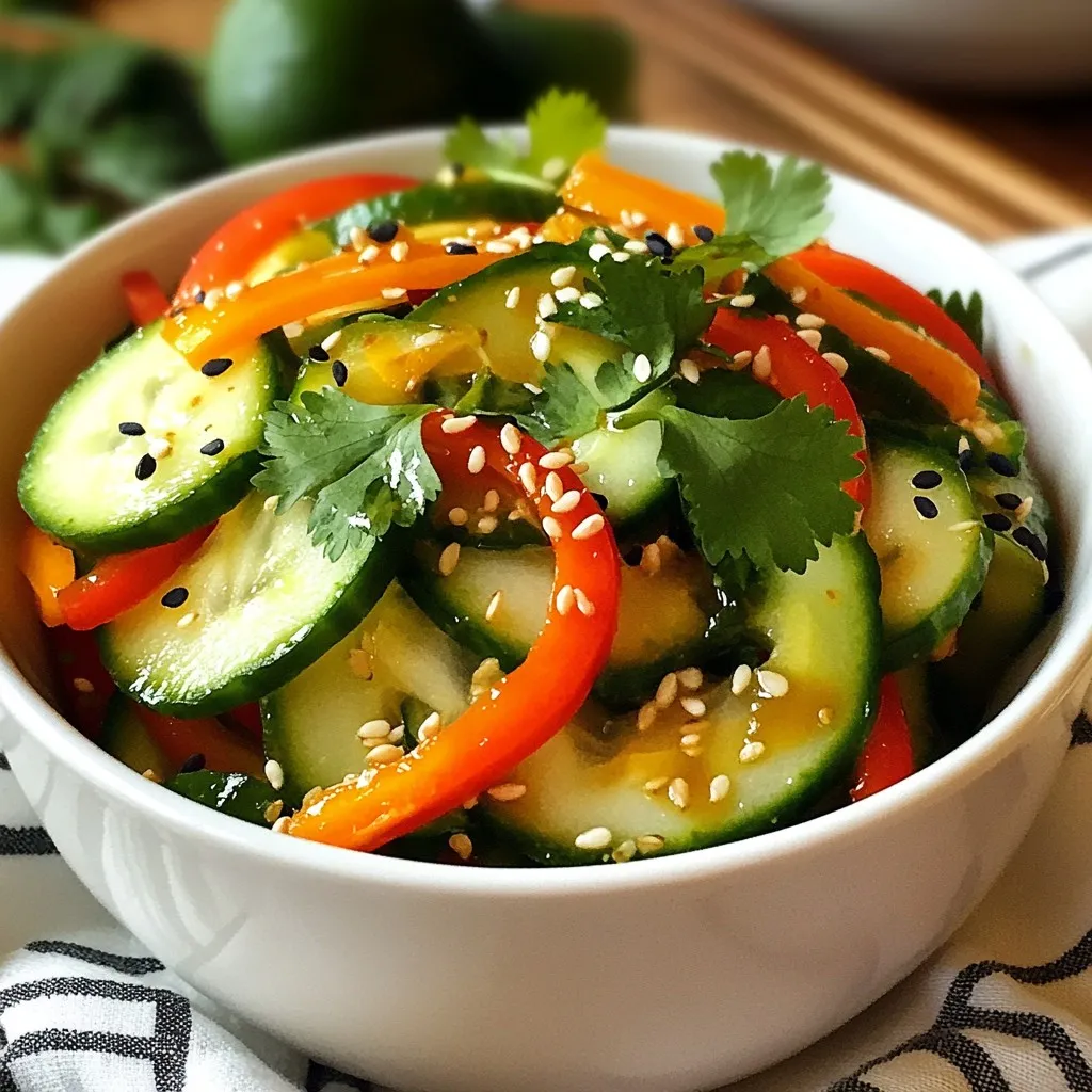 - 3 medium cucumbers, thinly sliced - 1 carrot, julienned - 1 red bell pepper, thinly sliced - 3 green onions, chopped - 1/4 cup rice vinegar - 2 tablespoons soy sauce or tamari - 1 tablespoon sesame oil - 1 tablespoon honey or maple syrup - 1 teaspoon grated fresh ginger - 1/2 teaspoon crushed red pepper flakes - 1/4 cup sesame seeds, toasted - Fresh cilantro for garnish {{ingredient_image_1}} 1. Start with your three medium cucumbers. Thinly slice them. 2. Place the cucumber slices in a colander. 3. Sprinkle a little salt over them. This step helps pull out extra moisture. 4. Let them sit for about 15 minutes. 5. After that, rinse the cucumbers under cold water. 6. Pat them dry with a clean towel. This process makes the cucumbers crisp and fresh in your salad. 1. Grab a small bowl to mix your dressing. 2. Combine rice vinegar, soy sauce, sesame oil, honey or maple syrup, and grated ginger. 3. If you like a bit of heat, add crushed red pepper flakes. 4. Whisk everything together well. 5. Taste it and adjust the seasoning as needed. This dressing brings a burst of flavor to your salad. 1. Take a large mixing bowl and add the drained cucumbers. 2. Next, add the julienned carrot, sliced red bell pepper, and chopped green onions. 3. Pour your prepared dressing over the veggies. 4. Toss gently to combine. Make sure all the veggies are coated. 5. Finally, sprinkle toasted sesame seeds on top and toss lightly again. Your salad should now look vibrant and colorful. 1. For the best flavor, cover the bowl and place it in the refrigerator. 2. Let the salad chill for about 30 minutes. Chilling allows the flavors to blend nicely, making every bite delicious. - Slicing techniques for cucumbers: For even slices, use a sharp knife. Hold the cucumber steady. Cut it into thin rounds. Aim for about 1/8 inch thick. This keeps the crunch and helps the flavors mix well. - Julienning carrots: To julienne carrots, first peel them. Cut them into sections about 2-3 inches long. Then, slice each piece into thin strips. Aim for about 1/8 inch wide. This adds nice texture and color. - Adjusting sweetness and spice: Taste your dressing before adding it to the salad. If it’s too tangy, add more honey or maple syrup. For extra heat, add more crushed red pepper flakes. Balance is key to make it tasty. - Incorporating additional herbs or vegetables: Fresh herbs like mint or basil can brighten the dish. You can also add diced bell peppers or radishes for more crunch. Experiment with your favorites to create your perfect salad. - Best serving dishes: Use a large, shallow bowl to showcase your salad. The wide surface lets everyone see the colorful ingredients. A glass bowl can also highlight the vibrant colors. - Pairing with proteins or grain dishes: This salad goes well with grilled chicken, shrimp, or tofu. You can also serve it alongside rice or quinoa for a complete meal. The salad adds a fresh contrast to heartier dishes. Pro Tips Salt the Cucumbers: Sprinkling salt on the cucumbers helps draw out excess moisture, making the salad less watery and enhancing the flavor. Adjust the Sweetness: Taste the dressing before adding it to the salad; you can adjust the sweetness by adding more honey or maple syrup to your liking. Use Fresh Ingredients: Always opt for fresh vegetables and herbs, as they will enhance the flavor and crunch of the salad. Chill for Flavor: Letting the salad chill in the refrigerator allows the flavors to meld together, creating a more delicious and cohesive dish. {{image_2}} If you need a gluten-free option, use tamari instead of soy sauce. Tamari has a similar taste but is made without wheat. It works well in the dressing and keeps the salad tasty. You can also swap out other ingredients. For example, you can use coconut aminos as a soy sauce alternative. This gives a slightly sweeter flavor. To make your salad heartier, add protein like tofu or grilled chicken. Tofu adds a nice texture and absorbs flavors well. Grilled chicken gives a savory taste that pairs nicely with the veggies. You can also add more vegetables for extra nutrition. Try incorporating bell peppers or shredded cabbage. These will add crunch and color to your salad. Want to switch up the dressing? You can create a citrus-based alternative with lime or lemon juice. This adds a bright and zesty flavor. For a creamy option, mix in some Greek yogurt or tahini. This gives a rich texture and enhances the overall taste. Experiment with these variations to find your favorite! To keep your Asian sesame cucumber salad fresh, use an airtight container. Glass containers work well since they do not absorb odors. Avoid using metal containers, as they can react with the dressing. Layer a paper towel on top to absorb excess moisture. This method helps keep your salad crisp. You can store the salad in the fridge for up to three days. Always check for freshness before eating. If you see any slimy cucumbers or discoloration, it’s time to toss the salad. The dressing may separate, but a quick stir will help. Always trust your senses when it comes to food safety. Freezing this salad is not recommended. Cucumbers and other fresh veggies lose their crunch and texture when frozen. However, you can freeze the dressing for later use. For best results, store it in a small container or a freezer bag. When ready to use, thaw it in the fridge overnight and shake well before adding to fresh veggies. You can use olive oil or peanut oil as substitutes for sesame oil. Both oils have mild flavors, but they will change the taste of the salad slightly. Olive oil adds richness, while peanut oil gives a nutty hint. If you want a different flavor, try sunflower or canola oil. Keep in mind that these oils won't provide the same unique taste that sesame oil does. Yes, you can make this salad ahead of time. It is best to prepare it a few hours in advance. This way, the flavors can mix well. To keep it fresh, store it in the fridge in a covered container. Avoid adding sesame seeds until just before serving. This helps them stay crunchy and not soggy. Yes, this salad is vegan! All the ingredients are plant-based. If you want to make it even more vegan-friendly, use maple syrup instead of honey. You can also add more veggies or nuts for extra crunch and flavor. This dish is a great option for anyone looking for a light, tasty meal. In this article, we explored a refreshing salad with vibrant ingredients like cucumbers, carrots, and bell peppers. We made a tasty dressing using rice vinegar, soy sauce, and ginger. I shared step-by-step instructions for preparing, mixing, and chilling your salad for maximum flavor. You also learned tips for cutting and enhancing flavors, plus variations and storage methods. Overall, this salad is not just simple, but also fun. Enjoy making it your way and share it with others!