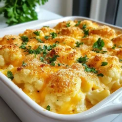 To make a tasty cheesy cauliflower casserole, you need a few key items: - 1 large head of cauliflower, cut into florets - 1 cup shredded sharp cheddar cheese - 1 cup cream cheese, softened - 1/2 cup sour cream - 1/2 cup milk - 1/2 cup grated Parmesan cheese - 2 cloves garlic, minced - 1/4 teaspoon cayenne pepper (optional) - 1/2 teaspoon smoked paprika - Salt and pepper to taste - 1/2 cup breadcrumbs (preferably whole wheat) - 2 tablespoons olive oil - Fresh parsley, chopped (for garnish) These ingredients come together to create a creamy, cheesy dish that warms the heart. You can change up this casserole to suit your taste. Here are some optional ingredients: - Cooked bacon bits for extra flavor - Chopped green onions for a fresh touch - Spinach or kale for added greens - Different types of cheese, like gouda or mozzarella Feel free to mix and match what you like. If you don’t have all the ingredients, here are some substitutes: - Use Greek yogurt instead of sour cream for a tangy twist. - Swap cream cheese with ricotta cheese for a lighter option. - If you are out of cauliflower, broccoli works well too. - You can use vegetable broth instead of milk for a dairy-free version. These swaps keep the dish delightful while catering to your pantry needs. {{ingredient_image_1}} First, gather all your ingredients. You will need a large head of cauliflower, cheeses, sour cream, and spices. Make sure you have a good baking dish ready, too. This dish will be a hit, so let’s get started. Begin by filling a large pot with water. Add a pinch of salt and bring it to a boil. Once boiling, add the cauliflower florets. Cook them for about five minutes. You want them tender but still a bit firm. After cooking, drain the florets and set them aside to cool. In a big bowl, mix the softened cream cheese, sour cream, and milk. Stir until the mixture is smooth. Next, add minced garlic, shredded cheddar cheese, grated Parmesan, cayenne pepper, smoked paprika, salt, and pepper. Blend everything well. Now, gently fold in the cooked cauliflower. Make sure each floret is well-coated in the creamy cheese mix. Next, transfer the mixture to a greased baking dish. Spread it evenly. In a small bowl, take the breadcrumbs and mix them with olive oil. Once they are coated, sprinkle this mix over the cauliflower. Finally, top with the reserved cheddar cheese. Bake in the preheated oven for 25 to 30 minutes. Look for a golden, bubbly top. When it’s ready, take it out and let it sit for five minutes before serving. Enjoy your tasty Cheesy Cauliflower Casserole! To make your Cheesy Cauliflower Casserole burst with flavor, use fresh ingredients. Fresh garlic adds a strong taste. Smoked paprika gives a nice depth. If you like heat, add cayenne pepper. It gives a fun kick! Mix all the cheese types well. Each cheese adds its unique taste. Don't forget to season with salt and pepper. Taste as you mix to balance the flavors. You can prepare this casserole ahead of time. Just follow the steps, but do not bake it. Cover it with foil and store it in the fridge. It can stay fresh for up to two days. When you are ready to bake, just add a few extra minutes to the cooking time. This makes dinner easy on busy nights. Serve your casserole hot from the oven. Garnish it with fresh parsley for color. Pair it with a light salad to balance the meal. You can also serve it as a side dish. It goes well with roasted chicken or grilled fish. This dish is good for gatherings too. Everyone loves cheesy goodness! Pro Tips Perfectly Cooked Cauliflower: Ensure your cauliflower florets are tender but still firm by boiling them for about 5 minutes. This way, they won't turn mushy in the oven. Cheese Variations: Experiment with different types of cheese such as Gruyère or mozzarella for a unique flavor profile. Mixing cheeses can elevate the dish further. Breadcrumb Texture: For extra crunch, consider using panko breadcrumbs instead of regular ones. They add a delightful texture to the casserole. Make Ahead: Prepare the casserole a day in advance and refrigerate it. Just bake it when you're ready to serve for a quick and easy meal. {{image_2}} You can easily make this dish gluten-free. Simply swap the breadcrumbs for gluten-free options. Look for gluten-free bread crumbs or crushed nuts. They add a nice crunch, just like regular bread crumbs. This change keeps the casserole tasty while ensuring everyone can enjoy it. If you want to make your casserole heartier, add some protein. Cooked chicken, turkey, or even crumbled sausage work great. Mix in about one cup of your chosen protein. This addition turns the dish into a full meal that fills you up and satisfies your hunger. Cheese is key to this dish's flavor. While sharp cheddar is a classic choice, feel free to get creative. Try mozzarella for a stretchy texture or gouda for a smoky taste. Mixing different cheeses can give you a unique flavor that surprises your taste buds. Aim for a total of two cups of cheese for the best results. Storing leftovers is easy and helps keep your dish fresh. Once the casserole cools, cover it tightly. You can use plastic wrap or a lid. Place it in the fridge. It will last for about 3 to 5 days. If you want to enjoy it later, freezing is a great option. To reheat the casserole, preheat your oven to 350°F (175°C). Place the casserole in an oven-safe dish. Cover it with foil to keep it moist. Heat for about 20-25 minutes, or until it is hot. You can also use the microwave for quick reheating. Just heat it in 1-minute intervals, stirring in between. Freezing is a smart way to save your Cheesy Cauliflower Casserole. First, let it cool completely. Then, cut it into portions. Wrap each piece tightly in plastic wrap. Place these in a freezer-safe bag or container. This will help avoid freezer burn. It can stay frozen for up to 3 months. When you are ready to enjoy it, thaw it in the fridge overnight before reheating. Yes, you can use frozen cauliflower. Just make sure to thaw it first. Drain any excess water after thawing. This helps keep the casserole from getting too watery. Frozen cauliflower is convenient and saves time. It cooks well in this dish, giving you the same great taste. To make a lighter version, swap cream cheese with Greek yogurt. Use low-fat sour cream instead of regular sour cream. You can also reduce the cheese by half. This keeps the flavor while lowering the calories. Adding more veggies, like spinach or mushrooms, can boost nutrition too. This casserole pairs well with a light salad. Consider serving it with mixed greens and a lemon vinaigrette. Grilled chicken or fish can also be great options. For a hearty meal, serve it with whole grain bread. These sides complement the flavors and add balance to your meal. In this blog post, we explored the essential ingredients for a tasty cheesy cauliflower casserole, along with options for variations and substitutes. I provided easy steps for preparation, cooking, and combining ingredients. You also learned tips for great flavor and storage. Remember, this dish is flexible. You can make it your own by using different cheeses or adding proteins. Keep these ideas in mind, and enjoy every bite of your casserole!