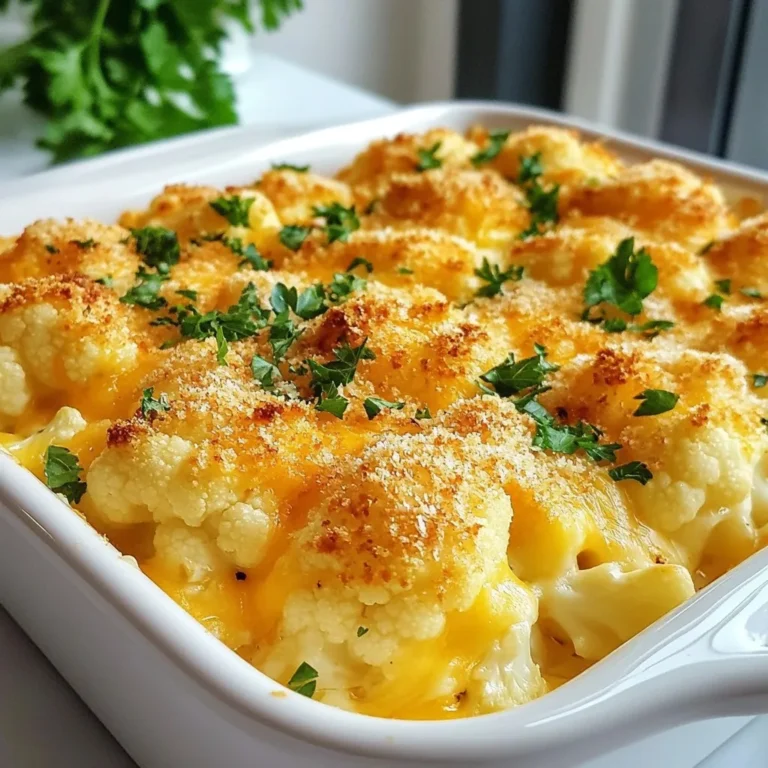 To make a tasty cheesy cauliflower casserole, you need a few key items: - 1 large head of cauliflower, cut into florets - 1 cup shredded sharp cheddar cheese - 1 cup cream cheese, softened - 1/2 cup sour cream - 1/2 cup milk - 1/2 cup grated Parmesan cheese - 2 cloves garlic, minced - 1/4 teaspoon cayenne pepper (optional) - 1/2 teaspoon smoked paprika - Salt and pepper to taste - 1/2 cup breadcrumbs (preferably whole wheat) - 2 tablespoons olive oil - Fresh parsley, chopped (for garnish) These ingredients come together to create a creamy, cheesy dish that warms the heart. You can change up this casserole to suit your taste. Here are some optional ingredients: - Cooked bacon bits for extra flavor - Chopped green onions for a fresh touch - Spinach or kale for added greens - Different types of cheese, like gouda or mozzarella Feel free to mix and match what you like. If you don’t have all the ingredients, here are some substitutes: - Use Greek yogurt instead of sour cream for a tangy twist. - Swap cream cheese with ricotta cheese for a lighter option. - If you are out of cauliflower, broccoli works well too. - You can use vegetable broth instead of milk for a dairy-free version. These swaps keep the dish delightful while catering to your pantry needs. {{ingredient_image_1}} First, gather all your ingredients. You will need a large head of cauliflower, cheeses, sour cream, and spices. Make sure you have a good baking dish ready, too. This dish will be a hit, so let’s get started. Begin by filling a large pot with water. Add a pinch of salt and bring it to a boil. Once boiling, add the cauliflower florets. Cook them for about five minutes. You want them tender but still a bit firm. After cooking, drain the florets and set them aside to cool. In a big bowl, mix the softened cream cheese, sour cream, and milk. Stir until the mixture is smooth. Next, add minced garlic, shredded cheddar cheese, grated Parmesan, cayenne pepper, smoked paprika, salt, and pepper. Blend everything well. Now, gently fold in the cooked cauliflower. Make sure each floret is well-coated in the creamy cheese mix. Next, transfer the mixture to a greased baking dish. Spread it evenly. In a small bowl, take the breadcrumbs and mix them with olive oil. Once they are coated, sprinkle this mix over the cauliflower. Finally, top with the reserved cheddar cheese. Bake in the preheated oven for 25 to 30 minutes. Look for a golden, bubbly top. When it’s ready, take it out and let it sit for five minutes before serving. Enjoy your tasty Cheesy Cauliflower Casserole! To make your Cheesy Cauliflower Casserole burst with flavor, use fresh ingredients. Fresh garlic adds a strong taste. Smoked paprika gives a nice depth. If you like heat, add cayenne pepper. It gives a fun kick! Mix all the cheese types well. Each cheese adds its unique taste. Don't forget to season with salt and pepper. Taste as you mix to balance the flavors. You can prepare this casserole ahead of time. Just follow the steps, but do not bake it. Cover it with foil and store it in the fridge. It can stay fresh for up to two days. When you are ready to bake, just add a few extra minutes to the cooking time. This makes dinner easy on busy nights. Serve your casserole hot from the oven. Garnish it with fresh parsley for color. Pair it with a light salad to balance the meal. You can also serve it as a side dish. It goes well with roasted chicken or grilled fish. This dish is good for gatherings too. Everyone loves cheesy goodness! Pro Tips Perfectly Cooked Cauliflower: Ensure your cauliflower florets are tender but still firm by boiling them for about 5 minutes. This way, they won't turn mushy in the oven. Cheese Variations: Experiment with different types of cheese such as Gruyère or mozzarella for a unique flavor profile. Mixing cheeses can elevate the dish further. Breadcrumb Texture: For extra crunch, consider using panko breadcrumbs instead of regular ones. They add a delightful texture to the casserole. Make Ahead: Prepare the casserole a day in advance and refrigerate it. Just bake it when you're ready to serve for a quick and easy meal. {{image_2}} You can easily make this dish gluten-free. Simply swap the breadcrumbs for gluten-free options. Look for gluten-free bread crumbs or crushed nuts. They add a nice crunch, just like regular bread crumbs. This change keeps the casserole tasty while ensuring everyone can enjoy it. If you want to make your casserole heartier, add some protein. Cooked chicken, turkey, or even crumbled sausage work great. Mix in about one cup of your chosen protein. This addition turns the dish into a full meal that fills you up and satisfies your hunger. Cheese is key to this dish's flavor. While sharp cheddar is a classic choice, feel free to get creative. Try mozzarella for a stretchy texture or gouda for a smoky taste. Mixing different cheeses can give you a unique flavor that surprises your taste buds. Aim for a total of two cups of cheese for the best results. Storing leftovers is easy and helps keep your dish fresh. Once the casserole cools, cover it tightly. You can use plastic wrap or a lid. Place it in the fridge. It will last for about 3 to 5 days. If you want to enjoy it later, freezing is a great option. To reheat the casserole, preheat your oven to 350°F (175°C). Place the casserole in an oven-safe dish. Cover it with foil to keep it moist. Heat for about 20-25 minutes, or until it is hot. You can also use the microwave for quick reheating. Just heat it in 1-minute intervals, stirring in between. Freezing is a smart way to save your Cheesy Cauliflower Casserole. First, let it cool completely. Then, cut it into portions. Wrap each piece tightly in plastic wrap. Place these in a freezer-safe bag or container. This will help avoid freezer burn. It can stay frozen for up to 3 months. When you are ready to enjoy it, thaw it in the fridge overnight before reheating. Yes, you can use frozen cauliflower. Just make sure to thaw it first. Drain any excess water after thawing. This helps keep the casserole from getting too watery. Frozen cauliflower is convenient and saves time. It cooks well in this dish, giving you the same great taste. To make a lighter version, swap cream cheese with Greek yogurt. Use low-fat sour cream instead of regular sour cream. You can also reduce the cheese by half. This keeps the flavor while lowering the calories. Adding more veggies, like spinach or mushrooms, can boost nutrition too. This casserole pairs well with a light salad. Consider serving it with mixed greens and a lemon vinaigrette. Grilled chicken or fish can also be great options. For a hearty meal, serve it with whole grain bread. These sides complement the flavors and add balance to your meal. In this blog post, we explored the essential ingredients for a tasty cheesy cauliflower casserole, along with options for variations and substitutes. I provided easy steps for preparation, cooking, and combining ingredients. You also learned tips for great flavor and storage. Remember, this dish is flexible. You can make it your own by using different cheeses or adding proteins. Keep these ideas in mind, and enjoy every bite of your casserole!