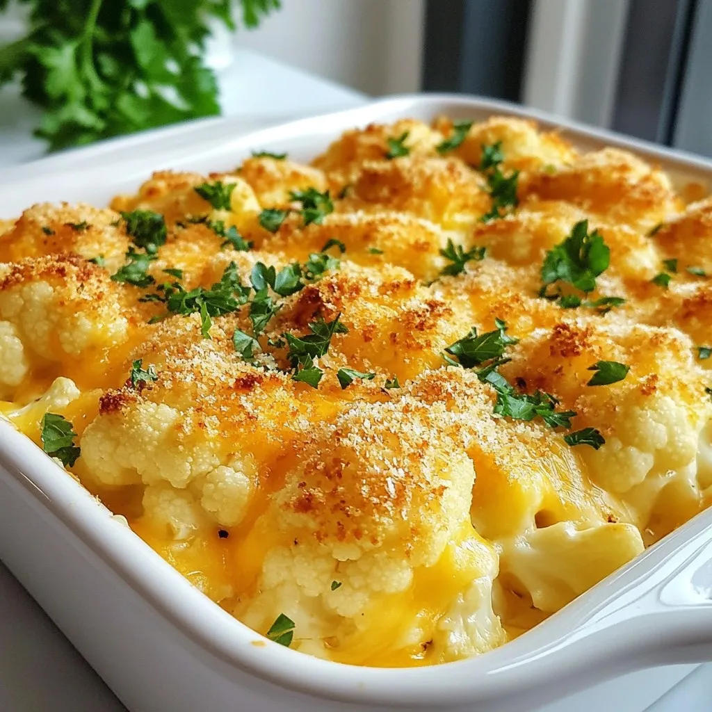 To make a tasty cheesy cauliflower casserole, you need a few key items: - 1 large head of cauliflower, cut into florets - 1 cup shredded sharp cheddar cheese - 1 cup cream cheese, softened - 1/2 cup sour cream - 1/2 cup milk - 1/2 cup grated Parmesan cheese - 2 cloves garlic, minced - 1/4 teaspoon cayenne pepper (optional) - 1/2 teaspoon smoked paprika - Salt and pepper to taste - 1/2 cup breadcrumbs (preferably whole wheat) - 2 tablespoons olive oil - Fresh parsley, chopped (for garnish) These ingredients come together to create a creamy, cheesy dish that warms the heart. You can change up this casserole to suit your taste. Here are some optional ingredients: - Cooked bacon bits for extra flavor - Chopped green onions for a fresh touch - Spinach or kale for added greens - Different types of cheese, like gouda or mozzarella Feel free to mix and match what you like. If you don’t have all the ingredients, here are some substitutes: - Use Greek yogurt instead of sour cream for a tangy twist. - Swap cream cheese with ricotta cheese for a lighter option. - If you are out of cauliflower, broccoli works well too. - You can use vegetable broth instead of milk for a dairy-free version. These swaps keep the dish delightful while catering to your pantry needs. {{ingredient_image_1}} First, gather all your ingredients. You will need a large head of cauliflower, cheeses, sour cream, and spices. Make sure you have a good baking dish ready, too. This dish will be a hit, so let’s get started. Begin by filling a large pot with water. Add a pinch of salt and bring it to a boil. Once boiling, add the cauliflower florets. Cook them for about five minutes. You want them tender but still a bit firm. After cooking, drain the florets and set them aside to cool. In a big bowl, mix the softened cream cheese, sour cream, and milk. Stir until the mixture is smooth. Next, add minced garlic, shredded cheddar cheese, grated Parmesan, cayenne pepper, smoked paprika, salt, and pepper. Blend everything well. Now, gently fold in the cooked cauliflower. Make sure each floret is well-coated in the creamy cheese mix. Next, transfer the mixture to a greased baking dish. Spread it evenly. In a small bowl, take the breadcrumbs and mix them with olive oil. Once they are coated, sprinkle this mix over the cauliflower. Finally, top with the reserved cheddar cheese. Bake in the preheated oven for 25 to 30 minutes. Look for a golden, bubbly top. When it’s ready, take it out and let it sit for five minutes before serving. Enjoy your tasty Cheesy Cauliflower Casserole! To make your Cheesy Cauliflower Casserole burst with flavor, use fresh ingredients. Fresh garlic adds a strong taste. Smoked paprika gives a nice depth. If you like heat, add cayenne pepper. It gives a fun kick! Mix all the cheese types well. Each cheese adds its unique taste. Don't forget to season with salt and pepper. Taste as you mix to balance the flavors. You can prepare this casserole ahead of time. Just follow the steps, but do not bake it. Cover it with foil and store it in the fridge. It can stay fresh for up to two days. When you are ready to bake, just add a few extra minutes to the cooking time. This makes dinner easy on busy nights. Serve your casserole hot from the oven. Garnish it with fresh parsley for color. Pair it with a light salad to balance the meal. You can also serve it as a side dish. It goes well with roasted chicken or grilled fish. This dish is good for gatherings too. Everyone loves cheesy goodness! Pro Tips Perfectly Cooked Cauliflower: Ensure your cauliflower florets are tender but still firm by boiling them for about 5 minutes. This way, they won't turn mushy in the oven. Cheese Variations: Experiment with different types of cheese such as Gruyère or mozzarella for a unique flavor profile. Mixing cheeses can elevate the dish further. Breadcrumb Texture: For extra crunch, consider using panko breadcrumbs instead of regular ones. They add a delightful texture to the casserole. Make Ahead: Prepare the casserole a day in advance and refrigerate it. Just bake it when you're ready to serve for a quick and easy meal. {{image_2}} You can easily make this dish gluten-free. Simply swap the breadcrumbs for gluten-free options. Look for gluten-free bread crumbs or crushed nuts. They add a nice crunch, just like regular bread crumbs. This change keeps the casserole tasty while ensuring everyone can enjoy it. If you want to make your casserole heartier, add some protein. Cooked chicken, turkey, or even crumbled sausage work great. Mix in about one cup of your chosen protein. This addition turns the dish into a full meal that fills you up and satisfies your hunger. Cheese is key to this dish's flavor. While sharp cheddar is a classic choice, feel free to get creative. Try mozzarella for a stretchy texture or gouda for a smoky taste. Mixing different cheeses can give you a unique flavor that surprises your taste buds. Aim for a total of two cups of cheese for the best results. Storing leftovers is easy and helps keep your dish fresh. Once the casserole cools, cover it tightly. You can use plastic wrap or a lid. Place it in the fridge. It will last for about 3 to 5 days. If you want to enjoy it later, freezing is a great option. To reheat the casserole, preheat your oven to 350°F (175°C). Place the casserole in an oven-safe dish. Cover it with foil to keep it moist. Heat for about 20-25 minutes, or until it is hot. You can also use the microwave for quick reheating. Just heat it in 1-minute intervals, stirring in between. Freezing is a smart way to save your Cheesy Cauliflower Casserole. First, let it cool completely. Then, cut it into portions. Wrap each piece tightly in plastic wrap. Place these in a freezer-safe bag or container. This will help avoid freezer burn. It can stay frozen for up to 3 months. When you are ready to enjoy it, thaw it in the fridge overnight before reheating. Yes, you can use frozen cauliflower. Just make sure to thaw it first. Drain any excess water after thawing. This helps keep the casserole from getting too watery. Frozen cauliflower is convenient and saves time. It cooks well in this dish, giving you the same great taste. To make a lighter version, swap cream cheese with Greek yogurt. Use low-fat sour cream instead of regular sour cream. You can also reduce the cheese by half. This keeps the flavor while lowering the calories. Adding more veggies, like spinach or mushrooms, can boost nutrition too. This casserole pairs well with a light salad. Consider serving it with mixed greens and a lemon vinaigrette. Grilled chicken or fish can also be great options. For a hearty meal, serve it with whole grain bread. These sides complement the flavors and add balance to your meal. In this blog post, we explored the essential ingredients for a tasty cheesy cauliflower casserole, along with options for variations and substitutes. I provided easy steps for preparation, cooking, and combining ingredients. You also learned tips for great flavor and storage. Remember, this dish is flexible. You can make it your own by using different cheeses or adding proteins. Keep these ideas in mind, and enjoy every bite of your casserole!