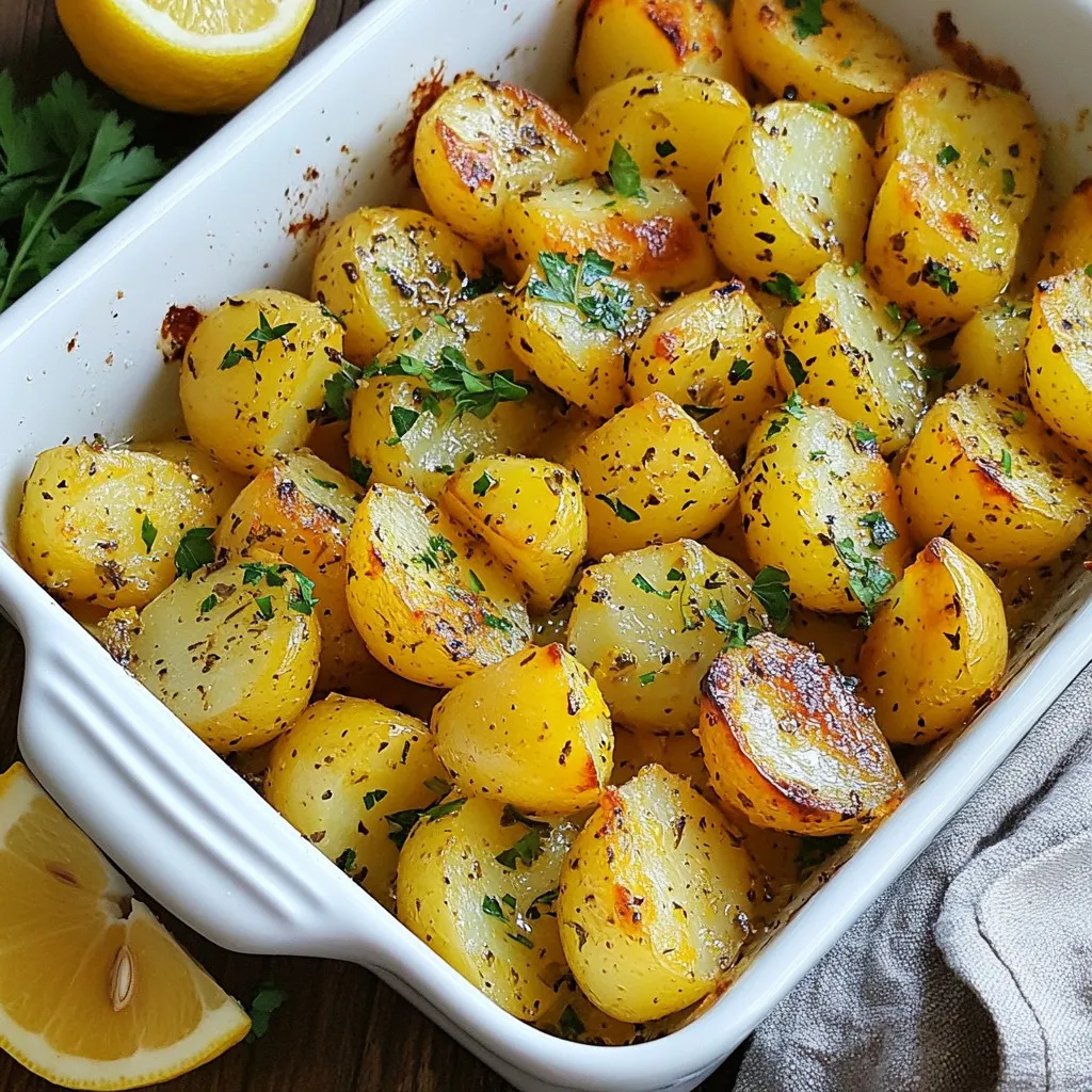 - 2 lbs baby Yukon Gold potatoes, halved - 1/4 cup olive oil - 1/4 cup fresh lemon juice - 2 teaspoons dried oregano - 4 cloves garlic, minced - Salt and pepper to taste - 1/2 cup vegetable broth or chicken broth - Zest of 1 lemon - Fresh parsley, chopped (for garnish) When measuring, use standard measuring cups and spoons for accuracy. For the potatoes, choose ones that are uniform in size for even cooking. - Use a liquid measuring cup for olive oil and lemon juice. - For dry ingredients like oregano, use a dry measuring cup. - A kitchen scale can help with precise potato weights. You can easily swap out some ingredients if needed. Here are a few ideas: - Potatoes: Use red potatoes or sweet potatoes instead of Yukon Gold. - Olive Oil: Canola oil or avocado oil works well too. - Broth: Water can replace broth in a pinch, but broth adds more flavor. - Oregano: Fresh oregano can replace dried oregano for a brighter taste. - Lemon Juice: Lime juice can be used if you want a different citrus taste. These swaps keep the recipe flexible and fun. {{ingredient_image_1}} 1. First, preheat your oven to 400°F (200°C). This helps cook the potatoes evenly. 2. In a big bowl, mix together the olive oil, fresh lemon juice, dried oregano, minced garlic, salt, and pepper. Stir until all the ingredients blend well. 3. Next, add the halved baby Yukon Gold potatoes to the bowl. Toss them gently so each piece gets coated with the marinade. 1. Spread the seasoned potatoes on a large baking sheet in a single layer. This allows them to cook evenly. 2. Pour the vegetable or chicken broth over the potatoes. Make sure the broth covers them well for extra flavor. 3. Sprinkle lemon zest on top. This adds a bright, fresh taste to the dish. 4. Bake the potatoes in the oven for 45-55 minutes. Stir them halfway through for even cooking. They should turn golden brown and become tender. - To check if the potatoes are ready, pierce one with a fork. If it goes in easily, they are done. - Look for a golden color on the outside. This indicates they are crispy and full of flavor. - Let the potatoes sit for a few minutes after baking. This helps them soak up the delicious juices. To get the best flavor in your Greek lemon potatoes, use fresh ingredients. Always choose fresh lemons over bottled juice. Fresh herbs, like oregano, give a brighter taste. For a richer flavor, let the potatoes soak in the marinade for at least 30 minutes. This helps the flavors seep in well. Use a good quality olive oil; it makes a difference. Drizzle the olive oil right before baking to enhance the flavor further. One common mistake is not cutting the potatoes evenly. If they are not all the same size, some will cook faster than others. Also, avoid overcrowding the baking sheet. If the potatoes are too close, they will steam instead of roast. Stirring them halfway through baking ensures an even, golden color. Lastly, don’t skip the lemon zest; it adds a bright note that elevates the dish. Serve your Greek lemon potatoes in a large, shallow dish. Drizzle any pan juices over the top for added flavor. Garnish with fresh parsley to add color. You can also add lemon wedges on the side for extra zest. These potatoes pair well with grilled meats, like chicken or lamb. They also taste great alongside a fresh Greek salad. Enjoy the vibrant flavors of Greece in every bite! Pro Tips Choose the Right Potatoes: Yukon Gold potatoes are ideal for this recipe because they are creamy and hold their shape well during baking. Marinate for Flavor: If you have time, let the potatoes marinate in the olive oil and lemon mixture for at least 30 minutes before baking to enhance the flavor. Use Fresh Ingredients: Fresh garlic and lemon juice will elevate the taste of the dish significantly compared to dried versions. Check for Doneness: Potatoes are done when they are golden brown and can be easily pierced with a fork; adjust your baking time if necessary. {{image_2}} You can change the herbs to suit your taste. Oregano is classic, but you might try thyme or rosemary. These herbs add depth and aroma to the dish. Fresh herbs add more flavor than dried ones. If you have fresh herbs, use double the amount. This makes the potatoes even tastier. Greek lemon potatoes pair well with other veggies. Consider adding carrots, bell peppers, or zucchini. Cut them into similar sizes as the potatoes. This ensures they cook evenly. You can mix and match based on what you have. This way, you can create a colorful and healthy side dish. Making Greek lemon potatoes vegan is easy. Use vegetable broth instead of chicken broth. You can also add a splash of coconut milk for a creamier texture. This adds a rich taste without any animal products. You can enjoy these potatoes while following a vegan diet. Store Greek lemon potatoes in an airtight container. They stay fresh in the fridge for up to three days. Make sure they cool down before sealing. This helps keep them from getting soggy. If you have a lot, divide them into smaller containers. To reheat, place the potatoes on a baking sheet. Heat your oven to 350°F (175°C) and bake for about 15-20 minutes. This keeps them crispy and warm. You can also use a microwave. Just heat them in short bursts of 30 seconds. Check often to avoid drying them out. You can freeze Greek lemon potatoes, but texture may change. Let them cool completely. Place them in a freezer-safe bag or container. They can last up to three months in the freezer. When ready to eat, thaw in the fridge overnight. Reheat them in the oven for the best taste. Yes, you can use other types of potatoes. I recommend using red potatoes or russet potatoes. Each type brings its own flavor and texture. Yukon Gold potatoes are creamy, while red potatoes hold their shape well. Just cut them into even pieces for even cooking. To make your potatoes crispy, try these tips: - Higher heat: Bake at 425°F (220°C) for more crunch. - Less broth: Use less broth for drier potatoes. - Broil at the end: Broil for a few minutes to crisp the tops. - Stir often: Stir the potatoes halfway through baking for even browning. These potatoes pair well with many dishes. Here are some ideas: - Grilled chicken or fish for protein. - A fresh Greek salad for crunch. - Tzatziki sauce adds a nice cool dip. - Roasted veggies make a colorful side. This blog post covered all you need to know about making Greek Lemon Potatoes. We discussed ingredients, how to prepare and bake them, and tips to avoid mistakes. I shared ways to mix flavors and offered storage advice. With these methods, you can create a dish that shines. Remember, experimenting is key to finding your favorite twist. Enjoy your cooking, and savor every bite!