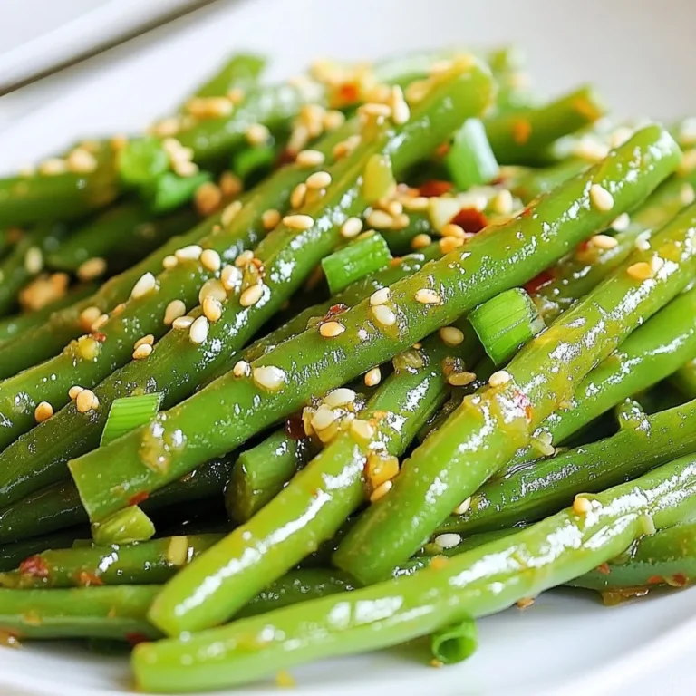 - 1 pound fresh green beans, trimmed - 4 cloves garlic, minced - 2 tablespoons sesame oil - 1 tablespoon soy sauce - 1 tablespoon sesame seeds (toasted) - 1 teaspoon red pepper flakes (optional) - Salt to taste - 1 tablespoon olive oil - 1 green onion, thinly sliced (for garnish) - 1 teaspoon ginger, minced - 1 tablespoon rice vinegar - Additional vegetables like bell peppers or carrots - Large pot for blanching - Bowl for ice water - Large skillet for sautéing - Mixing bowl for sauce - Cutting board and knife - Slotted spoon for draining Gathering these ingredients is easy. Fresh green beans are key for that crunchy texture. Minced garlic gives a strong, tasty punch. Sesame oil adds a rich flavor that pairs well with green beans. Soy sauce brings a touch of saltiness. Don't forget the toasted sesame seeds; they add a nutty finish. If you like heat, add red pepper flakes. For tools, a large pot, a skillet, and a mixing bowl are all you need. These simple items make cooking fun and easy. {{ingredient_image_1}} Start with one pound of fresh green beans. Trim the ends to remove tough parts. Fill a large pot with salted water and bring it to a boil. Once boiling, add the green beans. Blanch them for about three minutes. They should turn bright green and be slightly tender. Drain the beans and quickly place them in a bowl of ice water. This stops the cooking. After a minute, drain the beans again and set them aside. In a small bowl, gather four cloves of minced garlic. Add two tablespoons of sesame oil and one tablespoon of soy sauce. If you like some heat, add one teaspoon of red pepper flakes. Mix it all well and set this tasty sauce aside. The garlic and sesame oil create a rich flavor. Heat one tablespoon of olive oil in a large skillet over medium-high heat. Once the oil is hot, add the blanched green beans. Sauté them for about three to four minutes. You want them to be slightly caramelized and crisp-tender. Next, pour the garlic-sesame sauce over the green beans. Stir well to mix everything. Cook for an additional two minutes to blend the flavors. Finally, sprinkle toasted sesame seeds over the top. Stir to coat the beans evenly. Season with salt to taste. Transfer to a serving dish and garnish with sliced green onions for a fresh touch. To get crisp green beans, start by blanching them. Boil salted water and add the trimmed beans. Cook them for three minutes. This keeps their bright green color and crunch. After blanching, place the beans in ice water. This stops the cooking and keeps them firm. When you sauté, cook on medium-high heat. This helps the beans caramelize and stay crisp. You can change some ingredients to fit your taste. Instead of sesame oil, try olive oil for a lighter flavor. If you don’t have soy sauce, use tamari for a gluten-free option. For a milder garlic taste, use less garlic or try garlic powder. You can skip red pepper flakes if you prefer no heat. To boost flavor, add lemon juice for a fresh twist. You can also mix in ginger for a zing. Try adding other veggies like bell peppers or snap peas. For a nutty taste, toss in some chopped nuts like almonds. Finish with fresh herbs like cilantro or basil for extra color and flavor. Pro Tips Choose Fresh Beans: Look for bright green, firm green beans with no blemishes for the best flavor and texture. Toast Sesame Seeds: Toast sesame seeds in a dry skillet over medium heat for a few minutes until golden to enhance their flavor. Adjust Spice Level: Feel free to modify the amount of red pepper flakes according to your heat preference. Perfect Sautéing: Make sure the skillet is hot before adding the green beans to achieve a nice caramelization without steaming. {{image_2}} You can easily add protein to this dish. Cooked chicken or tofu works great. For chicken, slice it thinly and sauté it before adding the green beans. If using tofu, press it to remove water, then cube it. Sauté the tofu until it is golden. Then, mix it with the green beans when you add the sauce. This recipe is already vegetarian. To make it vegan, just ensure your soy sauce is vegan. You can also use coconut aminos if you prefer a sweeter taste. It works well with the sesame flavor. Try different seasonings to switch things up. Add ginger for a fresh kick. You can also use lime juice instead of soy sauce for a zesty twist. Top with crushed peanuts or cashews for extra crunch. If you like heat, sprinkle more red pepper flakes on top. Each change gives a new flavor, making this dish more exciting! Store your leftover sesame garlic green beans in an airtight container. They will stay fresh for up to three days in the fridge. To keep them crisp, avoid stacking them too high to prevent squishing. When you're ready to eat, just take out what you need. If you want to freeze these green beans, use a freezer-safe bag. Make sure to let them cool completely before packing. They can last up to three months in the freezer. To thaw, place them in the fridge overnight or use the microwave for a quick thaw. Reheat your green beans in a skillet over low heat. Add a splash of water or a little olive oil to keep them moist. Stir often for even warming. You can also use the microwave; just cover them to avoid drying out. Enjoy them warm for the best taste! Yes, you can use frozen green beans. They are quick and easy to prepare. Just make sure to thaw them first. Blanching is still a good idea. This helps keep them bright and crisp. To add heat, use red pepper flakes. You can also add fresh chili or sriracha. Start with a little, then taste. Adjust until it suits your spice level. These green beans go great with rice or quinoa. They also pair nicely with grilled chicken or fish. Try them alongside stir-fried tofu for a tasty vegetarian meal. To make this dish gluten-free, swap soy sauce for tamari. Tamari is a great gluten-free option. Check labels to ensure they are certified gluten-free. This way, everyone can enjoy this meal. In this blog post, we covered how to make delicious Sesame Garlic Green Beans. You learned the key ingredients, tools, and steps needed. We shared tips for crisp beans and flavor choices, plus ideas for adding protein. We also looked at storage options to keep your dish fresh. Overall, this recipe offers great flexibility and taste for everyone. Enjoy your cooking journey!