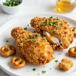 - 2 large chicken breasts - 1 cup crushed pretzel nuggets or sticks - 1/2 cup all-purpose flour - 1 tablespoon Dijon mustard - 1 teaspoon garlic powder - 1 teaspoon paprika - 1/2 teaspoon black pepper - Salt to taste - 1 tablespoon olive oil - 1 tablespoon honey (for drizzling) - Fresh parsley, chopped (for garnish) Gathering the right ingredients makes all the difference. Start with two large chicken breasts. These will serve as our protein base. Next, we need one cup of crushed pretzel nuggets or sticks. They give our chicken that delightfully crunchy crust. Then, grab half a cup of all-purpose flour. This helps the coating stick. We can’t forget the seasonings! We’ll use one tablespoon of Dijon mustard. This adds a nice tang. One teaspoon of garlic powder gives it depth. Paprika adds warmth and rich color. You’ll also need half a teaspoon of black pepper and some salt to taste. For optional garnishes, have olive oil on hand. It helps with browning. A drizzle of honey brings out the flavors. Finally, fresh parsley adds a pop of color on top. Now you're ready to create a crispy meal everyone will love! {{ingredient_image_1}} 1. Preheat the oven and prepare the baking sheet Set your oven to 400°F (200°C). Line a baking sheet with parchment paper. This makes cleanup easy. 2. Tenderizing the chicken breasts Take the large chicken breasts and gently pound them with a meat mallet. This helps cook them evenly and keeps them juicy. 1. Dredging in flour mixture In a shallow dish, mix flour, garlic powder, paprika, black pepper, and salt. Take one chicken breast and coat it in this flour mixture. Make sure to cover all sides well. 2. Dipping in egg mixture In another dish, whisk two eggs with Dijon mustard. Dip the floured chicken in this mixture. Let any extra egg drip off. 3. Pressing into pretzel crumbs Place crushed pretzel nuggets or sticks in a third shallow dish. Roll the chicken in the pretzel crumbs until fully coated. Press gently to make them stick. 1. Baking time and temperature Place the coated chicken on the prepared baking sheet. Drizzle olive oil over the top. Bake in the oven for about 25-30 minutes. The chicken should be cooked through and the crust golden brown. 2. Tips for achieving crispiness Drizzle a little olive oil to help with browning. For extra crispiness, turn on the broiler for the last few minutes. Just watch closely to avoid burning! To make sure your chicken cooks evenly, tenderize it first. Use a meat mallet to pound the chicken breasts gently. This step helps them cook well and stay juicy. For a crispy crust, here are some tips. First, coat the chicken well with the flour before the egg. Then, press it firmly into the crushed pretzels. This helps the crust stick better. Drizzle olive oil on top before baking. It adds flavor and promotes crispiness. Want to boost the taste? Try adding more seasonings. You can mix in some onion powder or smoked paprika for a twist. Another great idea is to add some cayenne pepper for heat. For sauces, consider honey mustard or a tangy barbecue sauce. You can serve these on the side or drizzle them on top. They add a nice touch to the dish. When handling raw chicken, keep safety in mind. Always wash your hands and tools after touching it. Use separate cutting boards for chicken and other foods to avoid cross-contamination. After cooking, let the chicken cool down for a bit. Store leftovers in an airtight container in the fridge. It stays fresh for about three days. If you want to keep it longer, freeze it for up to three months. Pro Tips Use Fresh Ingredients: Always opt for fresh chicken and high-quality pretzels for the best flavor and texture. Perfecting the Coating: Make sure to press the chicken into the crushed pretzels firmly to ensure an even and thick coating. Resting Time: Allow the chicken to rest after baking; this helps the juices redistribute, keeping the meat tender and juicy. Experiment with Flavors: Feel free to add herbs or spices to the pretzel coating for an extra burst of flavor, such as dried thyme or cayenne pepper. {{image_2}} You can switch up the protein in this recipe. Turkey or pork can work well. Just make sure they are cut to a similar size as chicken breasts. This keeps your cooking time the same. For a vegetarian option, try using eggplant or tofu. Slice them thick enough to hold up to the crust. Both options give a great texture and flavor. Get creative with spices! You can add cayenne for heat or Italian herbs for a twist. Try mixing in some onion powder or smoked paprika for deeper flavor. Another fun idea is to add cheese to the crust. Grated Parmesan or cheddar can give a rich taste. Just mix the cheese in with the crushed pretzels before coating the chicken. This chicken pairs well with many side dishes. Crispy roasted potatoes or a fresh salad work nicely. You can also serve it with steamed veggies for a healthy touch. For plating, slice the chicken and arrange it on a colorful plate. Drizzle some honey on top and sprinkle parsley for a pop of color. This makes the dish look as good as it tastes! After enjoying your pretzel crusted chicken, store any leftovers. Use airtight containers. Glass or plastic containers work well. Make sure they seal tightly to keep the chicken fresh. Refrigeration is the best option for short-term storage. You can keep the chicken in the fridge for up to three days. If you want to store it longer, freezing is a good choice. Wrap the chicken tightly in plastic wrap and then place it in a freezer bag. This way, it can last up to three months. To enjoy your chicken again, reheating properly is key. For oven reheating, preheat your oven to 375°F (190°C). Place the chicken on a baking sheet. Bake for about 15-20 minutes until heated through. This method keeps the coating crispy. If you need a quicker option, use the microwave. Place the chicken on a microwave-safe plate. Heat it for 1-2 minutes. Check that the chicken is hot in the middle. Note that the crust may not stay as crispy in the microwave. How long can you store this chicken? In the refrigerator, it lasts for three days. In the freezer, it can stay fresh for three months. Watch for signs of spoilage. If the chicken has an off smell or changes color, it’s best to throw it away. Always prioritize food safety. To make the chicken extra crispy, follow these tips: - Use olive oil. Drizzle it over the chicken before baking. - Preheat your oven to 400°F (200°C). This helps the crust become crunchy. - Bake on parchment paper or a silicone mat. This prevents sticking and helps with even cooking. - Avoid overcrowding the baking sheet. Leave space around each piece for good air flow. Baking at a high temperature helps the crust turn golden. If you want an even crispier result, you can broil the chicken for the last few minutes. This adds more crunch without overcooking the meat. Yes, you can! Here are some fun options: - Use pretzel sticks, nuggets, or even pretzel chips. Each brings a different crunch. - Try flavored pretzels, like cheese or spicy varieties. This adds a new taste to your chicken. - If you want a gluten-free option, use gluten-free pretzels. They work well too. Feel free to mix and match pretzel types for added texture and flavor! Here are some great side dishes to pair with your pretzel crusted chicken: - French fries: A classic choice that kids love. - Coleslaw: The crunch and creaminess balance the chicken's texture. - Steamed vegetables: Broccoli or green beans add color and nutrients. - Mac and cheese: Creamy and cheesy, this satisfies any comfort food craving. - Potato salad: A nice cold side that works well for gatherings. These sides complement the flavors of the chicken and make your meal complete! In this blog post, we explored the steps to make pretzel-crusted chicken. We covered the key ingredients, essential seasonings, and optional garnishes. I shared clear cooking instructions, tips for a crispy finish, and even some flavorful variations. Remember, you can use different proteins or add your own spices. Don't forget to store leftovers properly and reheat them to keep that crunch. With these tips, you can create a tasty dish that your family will love. Enjoy your cooking adventure and impress everyone with your new skills!