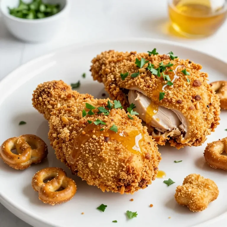 - 2 large chicken breasts - 1 cup crushed pretzel nuggets or sticks - 1/2 cup all-purpose flour - 1 tablespoon Dijon mustard - 1 teaspoon garlic powder - 1 teaspoon paprika - 1/2 teaspoon black pepper - Salt to taste - 1 tablespoon olive oil - 1 tablespoon honey (for drizzling) - Fresh parsley, chopped (for garnish) Gathering the right ingredients makes all the difference. Start with two large chicken breasts. These will serve as our protein base. Next, we need one cup of crushed pretzel nuggets or sticks. They give our chicken that delightfully crunchy crust. Then, grab half a cup of all-purpose flour. This helps the coating stick. We can’t forget the seasonings! We’ll use one tablespoon of Dijon mustard. This adds a nice tang. One teaspoon of garlic powder gives it depth. Paprika adds warmth and rich color. You’ll also need half a teaspoon of black pepper and some salt to taste. For optional garnishes, have olive oil on hand. It helps with browning. A drizzle of honey brings out the flavors. Finally, fresh parsley adds a pop of color on top. Now you're ready to create a crispy meal everyone will love! {{ingredient_image_1}} 1. Preheat the oven and prepare the baking sheet Set your oven to 400°F (200°C). Line a baking sheet with parchment paper. This makes cleanup easy. 2. Tenderizing the chicken breasts Take the large chicken breasts and gently pound them with a meat mallet. This helps cook them evenly and keeps them juicy. 1. Dredging in flour mixture In a shallow dish, mix flour, garlic powder, paprika, black pepper, and salt. Take one chicken breast and coat it in this flour mixture. Make sure to cover all sides well. 2. Dipping in egg mixture In another dish, whisk two eggs with Dijon mustard. Dip the floured chicken in this mixture. Let any extra egg drip off. 3. Pressing into pretzel crumbs Place crushed pretzel nuggets or sticks in a third shallow dish. Roll the chicken in the pretzel crumbs until fully coated. Press gently to make them stick. 1. Baking time and temperature Place the coated chicken on the prepared baking sheet. Drizzle olive oil over the top. Bake in the oven for about 25-30 minutes. The chicken should be cooked through and the crust golden brown. 2. Tips for achieving crispiness Drizzle a little olive oil to help with browning. For extra crispiness, turn on the broiler for the last few minutes. Just watch closely to avoid burning! To make sure your chicken cooks evenly, tenderize it first. Use a meat mallet to pound the chicken breasts gently. This step helps them cook well and stay juicy. For a crispy crust, here are some tips. First, coat the chicken well with the flour before the egg. Then, press it firmly into the crushed pretzels. This helps the crust stick better. Drizzle olive oil on top before baking. It adds flavor and promotes crispiness. Want to boost the taste? Try adding more seasonings. You can mix in some onion powder or smoked paprika for a twist. Another great idea is to add some cayenne pepper for heat. For sauces, consider honey mustard or a tangy barbecue sauce. You can serve these on the side or drizzle them on top. They add a nice touch to the dish. When handling raw chicken, keep safety in mind. Always wash your hands and tools after touching it. Use separate cutting boards for chicken and other foods to avoid cross-contamination. After cooking, let the chicken cool down for a bit. Store leftovers in an airtight container in the fridge. It stays fresh for about three days. If you want to keep it longer, freeze it for up to three months. Pro Tips Use Fresh Ingredients: Always opt for fresh chicken and high-quality pretzels for the best flavor and texture. Perfecting the Coating: Make sure to press the chicken into the crushed pretzels firmly to ensure an even and thick coating. Resting Time: Allow the chicken to rest after baking; this helps the juices redistribute, keeping the meat tender and juicy. Experiment with Flavors: Feel free to add herbs or spices to the pretzel coating for an extra burst of flavor, such as dried thyme or cayenne pepper. {{image_2}} You can switch up the protein in this recipe. Turkey or pork can work well. Just make sure they are cut to a similar size as chicken breasts. This keeps your cooking time the same. For a vegetarian option, try using eggplant or tofu. Slice them thick enough to hold up to the crust. Both options give a great texture and flavor. Get creative with spices! You can add cayenne for heat or Italian herbs for a twist. Try mixing in some onion powder or smoked paprika for deeper flavor. Another fun idea is to add cheese to the crust. Grated Parmesan or cheddar can give a rich taste. Just mix the cheese in with the crushed pretzels before coating the chicken. This chicken pairs well with many side dishes. Crispy roasted potatoes or a fresh salad work nicely. You can also serve it with steamed veggies for a healthy touch. For plating, slice the chicken and arrange it on a colorful plate. Drizzle some honey on top and sprinkle parsley for a pop of color. This makes the dish look as good as it tastes! After enjoying your pretzel crusted chicken, store any leftovers. Use airtight containers. Glass or plastic containers work well. Make sure they seal tightly to keep the chicken fresh. Refrigeration is the best option for short-term storage. You can keep the chicken in the fridge for up to three days. If you want to store it longer, freezing is a good choice. Wrap the chicken tightly in plastic wrap and then place it in a freezer bag. This way, it can last up to three months. To enjoy your chicken again, reheating properly is key. For oven reheating, preheat your oven to 375°F (190°C). Place the chicken on a baking sheet. Bake for about 15-20 minutes until heated through. This method keeps the coating crispy. If you need a quicker option, use the microwave. Place the chicken on a microwave-safe plate. Heat it for 1-2 minutes. Check that the chicken is hot in the middle. Note that the crust may not stay as crispy in the microwave. How long can you store this chicken? In the refrigerator, it lasts for three days. In the freezer, it can stay fresh for three months. Watch for signs of spoilage. If the chicken has an off smell or changes color, it’s best to throw it away. Always prioritize food safety. To make the chicken extra crispy, follow these tips: - Use olive oil. Drizzle it over the chicken before baking. - Preheat your oven to 400°F (200°C). This helps the crust become crunchy. - Bake on parchment paper or a silicone mat. This prevents sticking and helps with even cooking. - Avoid overcrowding the baking sheet. Leave space around each piece for good air flow. Baking at a high temperature helps the crust turn golden. If you want an even crispier result, you can broil the chicken for the last few minutes. This adds more crunch without overcooking the meat. Yes, you can! Here are some fun options: - Use pretzel sticks, nuggets, or even pretzel chips. Each brings a different crunch. - Try flavored pretzels, like cheese or spicy varieties. This adds a new taste to your chicken. - If you want a gluten-free option, use gluten-free pretzels. They work well too. Feel free to mix and match pretzel types for added texture and flavor! Here are some great side dishes to pair with your pretzel crusted chicken: - French fries: A classic choice that kids love. - Coleslaw: The crunch and creaminess balance the chicken's texture. - Steamed vegetables: Broccoli or green beans add color and nutrients. - Mac and cheese: Creamy and cheesy, this satisfies any comfort food craving. - Potato salad: A nice cold side that works well for gatherings. These sides complement the flavors of the chicken and make your meal complete! In this blog post, we explored the steps to make pretzel-crusted chicken. We covered the key ingredients, essential seasonings, and optional garnishes. I shared clear cooking instructions, tips for a crispy finish, and even some flavorful variations. Remember, you can use different proteins or add your own spices. Don't forget to store leftovers properly and reheat them to keep that crunch. With these tips, you can create a tasty dish that your family will love. Enjoy your cooking adventure and impress everyone with your new skills!