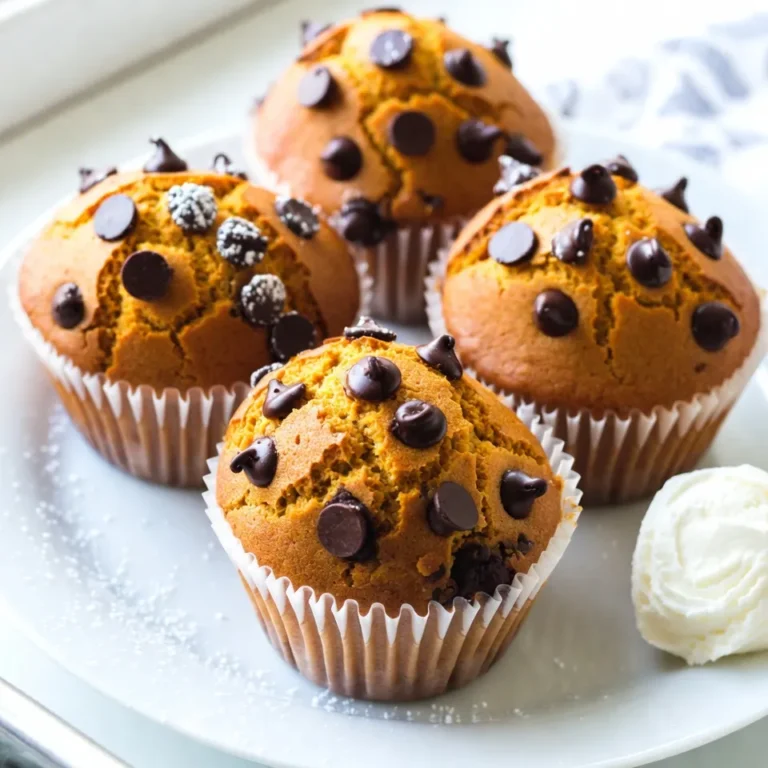 To make Chocolate Chip Pumpkin Muffins, you need the following ingredients: - 1 cup canned pumpkin puree - 1/2 cup vegetable oil - 1/2 cup brown sugar - 1/2 cup granulated sugar - 2 large eggs - 1 teaspoon vanilla extract - 1 ½ cups all-purpose flour - 1 teaspoon baking powder - 1 teaspoon baking soda - 1 teaspoon ground cinnamon - 1/2 teaspoon ground nutmeg - 1/4 teaspoon ground ginger - 1/4 teaspoon salt - 1 cup semi-sweet chocolate chips These ingredients combine to create moist, flavorful muffins. The pumpkin gives a rich taste, while the spices enhance the fall vibe. The chocolate chips add a sweet touch that kids love. If you don’t have some ingredients, don’t worry! Here are simple swaps: - Instead of vegetable oil, you can use melted coconut oil. - Use light brown sugar if dark brown sugar is not available. - You can replace semi-sweet chocolate chips with dark chocolate or even white chocolate. - If you want a dairy-free option, use plant-based eggs instead of regular eggs. - You might try using whole wheat flour for a healthier muffin. These substitutions can change the flavor and texture, but they still work well in this recipe. Using high-quality ingredients makes a big difference in baking. Fresh eggs and pure vanilla extract lead to better taste. Canned pumpkin should be 100% pumpkin, not pie filling. The spices should be fresh, too. Old spices lose their flavor, making your muffins taste flat. Always choose the best ingredients you can find. This ensures your Chocolate Chip Pumpkin Muffins taste amazing and look great! {{ingredient_image_1}} Start by preheating your oven to 350°F (175°C). Line your muffin tin with paper liners or grease it with butter. In a large bowl, whisk together 1 cup of canned pumpkin puree, 1/2 cup of vegetable oil, 1/2 cup of brown sugar, and 1/2 cup of granulated sugar. Mix until the batter is smooth. Next, add in 2 large eggs, one at a time, with 1 teaspoon of vanilla extract. Stir until it all blends well. In another bowl, sift together 1 ½ cups of all-purpose flour, 1 teaspoon of baking powder, 1 teaspoon of baking soda, 1 teaspoon of ground cinnamon, 1/2 teaspoon of ground nutmeg, 1/4 teaspoon of ground ginger, and 1/4 teaspoon of salt. Gradually mix this dry mixture into the wet mixture, stirring gently. Be careful not to overmix; you want to keep the batter light and fluffy. Finally, fold in 1 cup of semi-sweet chocolate chips. Save a handful for topping. Once your batter is ready, divide it evenly among the muffin cups, filling each about 2/3 full. Sprinkle the reserved chocolate chips on top. Place the muffin tin in your preheated oven. Bake for 18-22 minutes. To test doneness, insert a toothpick into the center of a muffin. If it comes out clean, your muffins are ready. Mixing is key to great muffins. Always whisk wet and dry ingredients in separate bowls first. This helps ensure even mixing. When you combine them, mix gently. Overmixing can make your muffins tough. You want a few lumps in the batter; that’s okay! Let your muffins rise and become light and airy. Enjoying these simple steps will lead to amazing Chocolate Chip Pumpkin Muffins. To get a great rise, use room temperature eggs. Cold eggs can weigh down your batter. Mix your wet ingredients first, then add the dry. This helps the muffins rise well. Fill each muffin cup about two-thirds full. This gives them space to grow without overflowing. Keep your muffins fresh by storing them in an airtight container. This keeps moisture in and prevents them from getting dry. If you want to keep them longer, freeze them. Wrap each muffin in plastic wrap, then place them in a freezer bag. They will stay fresh for up to three months. These muffins taste great warm. A sprinkle of powdered sugar adds a nice touch. Serve them with whipped cream for a treat. You can also add cream cheese spread for extra flavor. Pair them with a hot cup of coffee or tea for a cozy snack. Enjoy them as a breakfast or dessert! Pro Tips Use Fresh Pumpkin: If possible, use fresh pumpkin instead of canned for a richer flavor and better texture. Don’t Overmix: Mix the batter gently to keep the muffins tender and light. Overmixing can lead to dense muffins. Add Nuts for Crunch: Incorporate chopped nuts like walnuts or pecans for added texture and flavor contrast. Check for Doneness: Test the muffins by inserting a toothpick; it should come out clean or with a few crumbs, but not wet batter. {{image_2}} You can make your chocolate chip pumpkin muffins even better. Try adding nuts for crunch. Chopped walnuts or pecans work well. Dried fruits like cranberries or raisins give a nice twist. For a more spiced flavor, add a pinch of cardamom or allspice. Consider using dark chocolate chips for a richer taste. You can even mix in a swirl of cream cheese for a creamy center. If you want a healthier muffin, swap some ingredients. Use apple sauce instead of half the oil. This keeps muffins moist while cutting fat. You can also use whole wheat flour instead of all-purpose flour for extra fiber. For sweetness, try maple syrup or honey in place of sugar. These swaps help keep your muffins delicious and slightly better for you. Embrace the seasons with fun variations. In fall, add chopped apples or pears for a fruity touch. You can also mix in pumpkin seeds for added texture. During the holidays, sprinkle in some crushed peppermint for a festive twist. In winter, warm spices like cloves or anise can really enhance the flavor. Each season offers a chance to change your muffins and make them special. To keep your chocolate chip pumpkin muffins fresh, use airtight containers. Let the muffins cool completely before storing them. Place them in the container in a single layer. If you stack them, add parchment paper between layers to prevent sticking. Store them at room temperature for up to three days. This method keeps them soft and moist. Freezing is a great way to save muffins for later. Wrap each muffin in plastic wrap. Then, place them in a freezer bag. Make sure to squeeze out as much air as you can. You can freeze muffins for up to three months. When you are ready to enjoy them, simply take them out and let them thaw at room temperature. To reheat your muffins, use an oven or microwave. If you use the oven, preheat it to 350°F (175°C). Place the muffins on a baking sheet and heat for about 5-7 minutes. This warms them well and keeps them soft. If using a microwave, heat one muffin at a time for about 15-20 seconds. This quick method is perfect for a warm treat anytime. Yes, you can use fresh pumpkin. Just cook it first. Cut the pumpkin and roast it until soft. Then, mash it until smooth for your muffins. Fresh pumpkin gives a great taste and texture. However, canned pumpkin is easy and quick. You can choose what works best for you. If you lack a spice, feel free to skip it. The muffins will still taste good. You can also swap spices. For example, use allspice or pumpkin pie spice for a twist. Be creative! Just remember, spices add warmth and depth to your muffins. To check if your muffins are done, use a toothpick. Insert it into the center of a muffin. If it comes out clean or with a few crumbs, they are ready. You can also look for a golden-brown top. If the muffins spring back when touched, they are done. In this blog post, we explored key ingredients for perfect muffins, including their quality and substitutions. I shared step-by-step instructions, tips for getting a great rise, and storage tips to keep them fresh. We looked at exciting variations and answered common FAQs about ingredients and baking times. Remember, the right ingredients and careful baking lead to delicious muffins. Enjoy your baking and let your creativity shine!