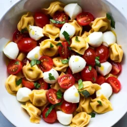 - 1 package (12 oz) cheese tortellini, cooked and cooled - 1 cup cherry tomatoes, halved - 1 cup fresh mozzarella balls, halved Tortellini is a star in this salad. I love using cheese tortellini because it adds a creamy texture. The cherry tomatoes bring a burst of sweetness. Halving them makes them easy to eat. Fresh mozzarella balls add a soft, milky flavor. They pair perfectly with the other ingredients. - 1/4 cup extra virgin olive oil - 2 tablespoons balsamic vinegar - 1 tablespoon honey The dressing is simple yet tasty. Extra virgin olive oil adds a fruity note. Balsamic vinegar gives a tangy kick. Honey balances out the acidity with sweetness. Together, they create a dressing that enhances every bite of the salad. - Salt and pepper to taste - 1/2 cup fresh basil leaves, torn Seasoning is key to this dish. A little salt and pepper bring out the flavors. Fresh basil leaves add a fragrant aroma. Torn leaves mix in well, giving each bite a fresh taste. This combination makes the salad bright and refreshing. {{ingredient_image_1}} Start by cooking the cheese tortellini according to the package directions. Make sure to boil it in salted water. This adds flavor to the pasta. Once the tortellini is tender, drain it and place it in a bowl. Let it cool to room temperature. This helps keep the pasta firm and prevents it from getting mushy. In a large mixing bowl, add the cooled tortellini. Next, add one cup of halved cherry tomatoes and one cup of halved fresh mozzarella balls. Toss in half a cup of torn basil leaves. Gently mix everything together. This way, each bite has a taste of all the fresh ingredients. In a small bowl, whisk together a quarter cup of extra virgin olive oil, two tablespoons of balsamic vinegar, and one tablespoon of honey. Add salt and pepper to taste. Whisk until the mixture is smooth and well combined. Pour the dressing over the salad and toss gently. This coats all the ingredients in flavor. Taste the salad and adjust the seasoning if needed. Chill it in the fridge for at least thirty minutes. This allows the flavors to blend nicely. Enjoy your fresh and vibrant Tortellini Caprese Pasta Salad! To enhance the taste of your Tortellini Caprese Pasta Salad, use balsamic vinegar. It adds a sweet and tangy kick. Just a bit brightens the dish. If you want extra flavor, try fresh herbs. Oregano or parsley work great. They add depth and a fresh touch. Serving your salad well makes it even better. Use a big bowl to show off those colors. A glass bowl can be lovely, too. For garnishes, consider fresh basil leaves on top. You can also drizzle some balsamic glaze for flair. It looks nice and tastes great! A few mistakes can ruin your salad. First, do not overcook the tortellini. Cook it just until al dente for the best texture. Second, avoid dressing the salad before chilling. Let it chill first to blend flavors. Then, add the dressing to keep everything fresh and vibrant. Pro Tips Fresh Ingredients: Use the freshest cherry tomatoes and basil for the best flavor in your salad. Chill Time: Letting the salad sit in the refrigerator for at least 30 minutes enhances the flavor as it allows the ingredients to meld together. Make It Ahead: This salad can be prepared a day in advance. Just keep it covered in the fridge and stir before serving. Customize: Feel free to add other ingredients like olives, arugula, or grilled chicken to make it your own! {{image_2}} You can change up the cheese in your tortellini caprese pasta salad. Try using feta for a tangy twist. Goat cheese also adds a nice creaminess. For a lighter option, use ricotta. You can also swap out vegetables based on your taste. Instead of cherry tomatoes, try diced bell peppers. You can add cucumbers for crunch, or even olives for a briny kick. Make this salad a main dish by adding grilled chicken or shrimp. The protein makes it filling and satisfying. You can also serve it as a side dish. Pair it with grilled steak or fish for a complete meal. If you need gluten-free options, look for gluten-free tortellini. Many brands offer this choice now. You can also make a vegan version. Use vegan cheese or skip the cheese altogether. Add more veggies to keep it hearty and delicious. To keep your Tortellini Caprese Pasta Salad fresh, use an airtight container. Glass or plastic containers work great. Make sure to store the salad in the fridge right after serving. It will taste best when eaten cold. You can freeze this salad, but some ingredients may change in texture. If you want to freeze it, leave out the fresh basil and mozzarella. These ingredients do not freeze well. To freeze, place the salad in a freezer bag. Squeeze out as much air as possible. When you want to eat it, thaw it in the fridge overnight. In the fridge, this salad lasts for about 3 days. After that, the quality may drop. Look for signs of spoilage like a sour smell or slimy texture. If you see any mold, toss it out. Always trust your senses when checking food safety. Yes, you can make this salad ahead of time. It tastes even better after chilling. To prep in advance, cook the tortellini and let it cool. Combine the tortellini with the other ingredients in a bowl. Make the dressing and mix it in. Store the salad in the fridge for up to 24 hours before serving. Just remember to toss it again before serving. This gives all the flavors time to blend. If you can’t find tortellini, don’t worry! You can use other types of pasta. Bow tie, penne, or farfalle work well. Just cook them according to package directions. Make sure to cool them before mixing them in. These options keep the salad tasty and fun. While you can use dried basil, fresh basil has a better flavor. Dried basil lacks the bright taste of fresh. If fresh isn't available, use about one teaspoon of dried basil for each tablespoon of fresh. Mix it in the dressing for a nice taste. Remember, fresh herbs always add a vibrant touch to your dishes. This blog post covered how to create a delicious Tortellini Caprese Pasta Salad. We explored key ingredients like tortellini, cherry tomatoes, and fresh mozzarella. You learned to make a tasty dressing and boost flavors with herbs. We also shared tips on avoiding common mistakes, making variations, and storing leftovers. Enjoy making this pasta salad. With fresh ingredients and simple steps, you can impress anyone. You now have tools to customize it to your taste and needs. Dive in and savor each bite!