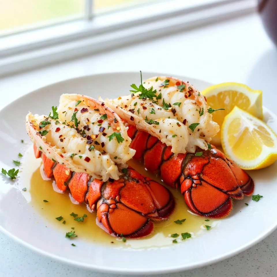 To make the best Spicy Garlic Butter Lobster Tails, you need a few key items. Each ingredient adds its own magic to the dish. Here’s what you will need: - 4 lobster tails - 1/2 cup unsalted butter - 4 cloves garlic, minced - 1 tablespoon lemon juice - 1 teaspoon red pepper flakes (adjust to spice preference) - 1 teaspoon smoked paprika - Salt and pepper to taste - Fresh parsley, chopped, for garnish - Lemon wedges, for serving Each ingredient plays a role. The lobster tails are the star, bringing sweet and tender meat. Unsalted butter adds richness. Garlic gives it that wonderful aroma. Lemon juice brightens the flavor. Red pepper flakes and smoked paprika provide a spicy kick. Salt and pepper bring balance. Finally, parsley and lemon wedges make the dish look and taste fresh. When you gather these ingredients, ensure they are fresh. Fresh lobster and garlic enhance the taste. Using high-quality butter makes a difference too. The right spices can elevate your dish from good to great. Enjoy the process of gathering these items; it sets the stage for a wonderful meal. {{ingredient_image_1}} 1. Preheating the oven: Start by preheating your oven to 425°F (220°C). This heat will help cook the lobster tails evenly and quickly. 2. Splitting the lobster tails: Next, grab your kitchen shears. Carefully split the lobster tails in half lengthwise. Place them flat on a baking dish with the flesh side up. This step helps the butter soak into the meat. 3. Preparing the garlic butter mixture: In a small saucepan, melt 1/2 cup of unsalted butter over medium heat. Once melted, add 4 cloves of minced garlic. Sauté this for about 1-2 minutes until the garlic smells great. Be careful not to burn it. Then, stir in 1 tablespoon of lemon juice, 1 teaspoon of red pepper flakes, 1 teaspoon of smoked paprika, salt, and pepper to taste. Mix it well to combine all these flavors. 1. Brushing the lobster with butter: Take your spicy garlic butter mixture and generously brush it over the flesh of each lobster tail. Make sure each tail is well coated for the best flavor. 2. Baking time and temperature: Place the baking dish in your preheated oven. Bake the lobster tails for 12-15 minutes. This timing helps ensure they are cooked just right. 3. Checking for doneness: To know if the lobster tails are done, check if the meat is opaque and cooked through. The internal temperature should reach 140°F (60°C). Once they reach this point, they are ready to eat! How to avoid overcooking lobster To keep lobster tender, watch the time closely. Overcooking makes it chewy. Bake lobster tails for 12 to 15 minutes. Check them often. The key is to take them out as soon as they turn opaque. Ideal internal temperature for lobster tails The perfect temperature for lobster tails is 140°F (60°C). Use a meat thermometer to check. Insert it into the thickest part of the tail, avoiding the shell. This ensures the lobster cooks evenly and stays juicy. Adding herbs or additional spices You can boost flavor by adding herbs. Fresh thyme or basil works well. You can also try more spices. Cayenne pepper adds heat. Paprika gives a nice color. Mix and match based on your taste. Best ways to serve Serve lobster tails with lemon wedges. The fresh juice brightens the dish. You can also pair it with a side salad or rice. A light white wine complements the meal nicely. Present it on a beautiful plate for a fancy touch. Pro Tips Choose Fresh Lobster: Ensure your lobster tails are fresh for the best flavor and texture. Look for tails that feel firm and have a slight ocean smell. Butter Temperature: When melting the butter, keep the heat low to avoid burning the garlic. You want it to be fragrant, not browned. Adjust Spice Level: Feel free to adjust the amount of red pepper flakes to suit your taste. You can add more for extra heat or less for a milder flavor. Broil for Extra Crisp: If you prefer a crispy top, switch to broil for the last couple of minutes of cooking. Just keep an eye on it to prevent burning. {{image_2}} You can change the spice level of your lobster tails easily. If you love heat, add more red pepper flakes. For milder flavors, use less. This lets you control the dish to your taste. Garnishes can also change the vibe of the dish. Try adding fresh chives or dill instead of parsley. You can even use lemon zest for a bright touch. Pair your lobster with garlic bread or a fresh salad for a complete meal. Grilling lobster tails gives them a smoky flavor. To grill, preheat your grill to medium-high. Brush the lobster with the garlic butter mix and grill for 6-8 minutes. Keep an eye on them to avoid overcooking. Baking is another great method. You already know how to bake them at 425°F (220°C) for a juicy lobster. Using a broiler can add a nice finish. Broil the lobster tails for 3-4 minutes at the end of cooking. This gives them a nice char and extra flavor. To keep leftovers fresh, store lobster tails in the fridge. Place them in an airtight container. They are best eaten within two days. For longer storage, you can freeze the lobster tails. Wrap them tightly in plastic wrap and then in aluminum foil. This helps avoid freezer burn. They can last up to three months in the freezer. When reheating lobster tails, aim to keep them moist. The best method is to use the oven. Preheat your oven to 350°F (175°C). Place the lobster tails in a baking dish. Add a splash of water or broth for moisture. Cover with foil to trap steam. Heat for about 10-15 minutes. Check to ensure they don’t dry out. You can also use a microwave, but be careful. Heat in short bursts to avoid overcooking. Enjoy your leftovers just as much as the first time! To check if lobster tails are cooked, look for the color. The meat should turn opaque and white. It should also spring back when touched. The internal temperature should reach 140°F (60°C). Use a food thermometer for accuracy. If you see the meat pulling away from the shell, it is done. Yes, you can use frozen lobster tails. Just thaw them before cooking. To thaw, place them in the fridge overnight. You can also run them under cold water for about 30 minutes. This helps keep the meat tender. Ensure they are fully thawed for best results. Lobster tails pair well with many sides. Here are some great options: - Garlic bread - Steamed asparagus - Roasted potatoes - Creamy risotto - Fresh salad These sides enhance the meal and add balance to the dish. You can also serve with a light white wine for a nice touch. This blog post shared the perfect way to cook lobster tails. We covered key ingredients, easy steps, and helpful tips. Remember to check your lobster’s doneness and adjust flavors to suit your taste. You can choose different cooking methods or add spices for more variety. Storing leftovers correctly keeps your meal fresh. Try new variations to make it your own. Cooking lobster tails can be simple and tasty. Enjoy your rich flavors and impress your guests with this dish!