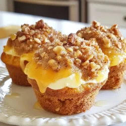 - 1 cup all-purpose flour - 1 cup whole wheat flour - 1 tablespoon pumpkin pie spice - 1 teaspoon baking powder - 1 teaspoon baking soda - ½ teaspoon salt - 1 cup canned pumpkin puree - ¾ cup granulated sugar - ½ cup brown sugar, packed - 2 large eggs - ½ cup vegetable oil - 1 cup cream cheese, softened - ¼ cup powdered sugar - 1 teaspoon vanilla extract - ½ cup rolled oats - ⅓ cup chopped pecans (or walnuts) - 2 tablespoons unsalted butter, melted In this recipe, I focus on creating layers of flavor and texture. The dry ingredients form a solid base. The flours and spices create a warm, cozy flavor. The pumpkin adds moisture and richness. The wet ingredients bring sweetness and a soft, fluffy texture. Canned pumpkin puree is easy to use and gives a great taste. Eggs help bind everything together while vegetable oil keeps the muffins moist. For the cheesecake filling, I use cream cheese for a rich, creamy layer. The powdered sugar sweetens it up, and vanilla adds a lovely aroma. This filling is key to making the muffins special. The streusel topping is the finishing touch. Rolled oats give a nice crunch. Chopped pecans add a nutty flavor. Melted butter helps bind the topping, creating a crumbly texture. This topping adds a delightful crunch to each bite. With these ingredients, you’ll make muffins that are fluffy, flavorful, and perfect for fall! {{ingredient_image_1}} Start by preheating your oven to 350°F (175°C). This step is key for fluffy muffins. While the oven warms up, line a muffin tin with paper liners. If you prefer, you can grease it lightly with cooking spray. In a large bowl, whisk together the dry ingredients. Combine 1 cup of all-purpose flour, 1 cup of whole wheat flour, 1 tablespoon of pumpkin pie spice, 1 teaspoon of baking powder, 1 teaspoon of baking soda, and ½ teaspoon of salt. Make sure everything is mixed well. In another bowl, mix the wet ingredients. Use 1 cup of canned pumpkin puree, ¾ cup of granulated sugar, ½ cup of brown sugar, 2 large eggs, and ½ cup of vegetable oil. Stir until the mixture is smooth and creamy. Now, gently fold the wet mixture into the dry mixture. Use a spatula for this step. Mix until just combined. Be careful not to overmix, as this keeps the muffins fluffy. In a medium bowl, prepare the cheesecake filling. Beat together 1 cup of softened cream cheese, ¼ cup of powdered sugar, and 1 teaspoon of vanilla extract. Mix until you have a smooth texture. Set it aside for later. For the streusel topping, mix ½ cup of rolled oats, ⅓ cup of chopped pecans (or walnuts), and 2 tablespoons of melted unsalted butter in a small bowl. Stir until the mixture becomes crumbly. To assemble, spoon about 1 tablespoon of muffin batter into each muffin cup. Next, add about 1 teaspoon of the cheesecake filling on top. Cover this with another tablespoon of muffin batter. Finally, sprinkle the streusel topping generously over each muffin. Place the muffin tin in your preheated oven. Bake for 20 to 25 minutes. To check if they’re done, insert a toothpick into the center. It should come out clean when they are ready. Once baked, let the muffins cool in the tin for about 5 minutes. Then, transfer them to a wire rack. Allow them to cool completely before serving. To get soft and fluffy muffins, use the right flour mix. I blend all-purpose and whole wheat flour. This combo gives a nice balance of fluff and nutrition. Be careful not to overmix the batter. Gently fold the wet and dry ingredients together until just combined. This keeps your muffins light and airy. For a smooth cheesecake filling, start with softened cream cheese. I let it sit at room temperature for about 30 minutes. This makes it mix easier. Whisk it with powdered sugar and vanilla until creamy. If you want some extra flavor, try adding a pinch of cinnamon or nutmeg to the filling. It adds warmth and depth. A great streusel topping adds a lovely crunch. Mix rolled oats, chopped pecans, and melted butter in a bowl. Make sure the butter is just melted, not hot. This helps the topping clump nicely. Crumble it over the muffins before baking. It will create a beautiful golden crust. Serve your muffins warm for the best taste. I like to drizzle them with honey or maple syrup. A touch of sweet makes them extra special. You can also garnish with a sprig of mint for a pop of color. These muffins are perfect for breakfast or a cozy snack. Enjoy every bite! Pro Tips Use Fresh Spices: For the best flavor, use freshly ground spices instead of pre-ground. This will enhance the aroma and taste of your muffins. Check for Doneness: To ensure your muffins are perfectly baked, insert a toothpick in the center. It should come out clean or with a few crumbs attached. Cool Completely: Allow muffins to cool completely on a wire rack before storing. This prevents moisture buildup and keeps them fresh longer. Experiment with Mix-ins: Feel free to add chocolate chips, dried cranberries, or shredded coconut to the batter for an extra flavor twist! {{image_2}} You can make these muffins even better with fun add-ins. Chocolate chips add a sweet twist. I recommend using semi-sweet or dark chocolate for a rich contrast. Dried fruit like cranberries or raisins can add a chewy texture. Just mix in about half a cup of your choice with the batter. This step makes your muffins unique every time. If you need a gluten-free version, switch the flour. Use a gluten-free flour blend instead of all-purpose and whole wheat flours. Make sure the blend has a good binding agent like xanthan gum. This change keeps the muffins soft while being gluten-free. Check the labels to avoid hidden gluten in other ingredients. Spices can change the flavor of your muffins. While pumpkin pie spice is classic, you can try other blends. Cinnamon adds warmth, while nutmeg brings a hint of sweetness. For a spicy kick, add a dash of cayenne pepper. Experiment with these spices to find your favorite mix. Each blend can create a new taste experience in your muffins. To keep your Pumpkin Cheesecake Streusel Muffins fresh, use an airtight container. Place them in a cool, dry spot. These muffins taste best within three days. If you want to enjoy them longer, freezing is a great option. To freeze muffins, let them cool completely first. Wrap each muffin tightly with plastic wrap. Then, place them in a freezer-safe bag. This helps keep them fresh for up to three months. When you're ready to enjoy, simply remove them from the freezer. Reheat your muffins easily. Preheat your oven to 350°F (175°C). Place the muffins on a baking sheet. Heat them for about 10 minutes. You can also use the microwave for a quick option. Warm them for 15-20 seconds, but be careful not to overheat. Enjoy your warm muffins with a cup of coffee or tea! Yes, you can use fresh pumpkin. Start by cooking the pumpkin until soft. Then, blend it until smooth. This will work just like canned pumpkin puree. Fresh pumpkin adds a bright flavor. To check if your muffins are done, insert a toothpick in the center. If it comes out clean, they are ready. You can also gently press the top. If it springs back, they are baked. Yes, you can make these muffins ahead of time. Bake them and then cool completely. Store in an airtight container. They will stay fresh for about three days at room temperature. You can use Greek yogurt as a cream cheese substitute. It gives a similar creamy texture. Silken tofu is another option. Blend it until smooth for a dairy-free choice. We covered all the key parts of making delicious cheesecake muffins. You learned about the dry and wet ingredients, then mixed and baked them step by step. Tips and tricks help you get the best texture and flavor. You can even try different add-ins or store them for later. Lastly, you have answers to common questions. Enjoy your baking and delight your friends with these tasty treats!