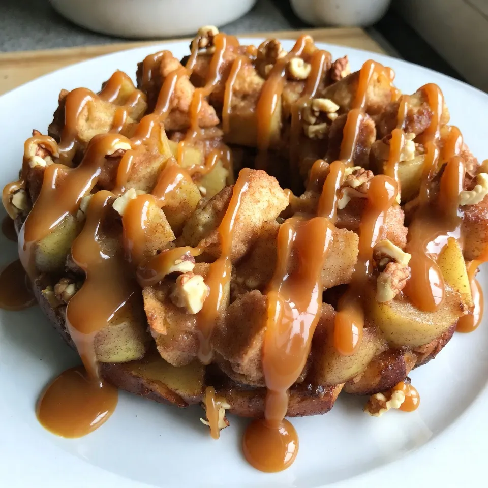 - 2 cans of refrigerated biscuit dough (16 oz each) - 2 medium apples, peeled and diced (such as Granny Smith or Honeycrisp) - 1/2 cup brown sugar - 1/2 cup granulated sugar - 1 teaspoon ground cinnamon - 1/2 cup caramel sauce (store-bought or homemade) - 1/4 cup unsalted butter, melted - 1/2 cup chopped nuts (optional, such as pecans or walnuts) - 1 teaspoon vanilla extract To make Caramel Apple Monkey Bread, gather these ingredients first. I love using refrigerated biscuit dough because it saves time. You can find it in any store. Apples add flavor and texture. I prefer Granny Smith or Honeycrisp for their sweetness and tartness. For sweetness, mix brown sugar and granulated sugar. Ground cinnamon gives a warm spice note. Caramel sauce and melted butter bring richness to the dish. If you want to add nuts, choose pecans or walnuts for a crunchy contrast. Lastly, vanilla extract enhances the flavor beautifully. Once you have everything, you are ready to create this tasty dessert. Each ingredient plays a role in making the final dish delicious and irresistible. Enjoy the process! {{ingredient_image_1}} 1. Preheat your oven to 350°F (175°C). Grease your bundt pan well with cooking spray or butter. This helps the bread come out easily after baking. 2. In a large bowl, mix together 1/2 cup brown sugar, 1/2 cup granulated sugar, and 1 teaspoon ground cinnamon. Stir well to combine. 3. Open one can of refrigerated biscuit dough. Cut each biscuit into quarters. This makes them easier to coat. Toss the quartered biscuits in the sugar mixture until they are fully coated. 1. Take half of the coated biscuit pieces. Layer them at the bottom of the prepared bundt pan. 2. Add half of the diced apples and half of the chopped nuts (if using) over the biscuit layer. This adds flavor and texture. 3. Repeat with the remaining biscuit pieces, followed by the rest of the apples and nuts. 1. In a small bowl, mix 1/4 cup melted butter and 1 teaspoon vanilla extract. Drizzle half of the caramel sauce over the layers in the bundt pan. 2. Pour the butter mixture evenly over the layered biscuits and apples. 3. Bake in the preheated oven for 30-35 minutes. Check for doneness by inserting a toothpick. It should come out clean when the bread is ready. 4. Allow it to cool for about 10 minutes. This makes it easier to invert onto a serving plate. 5. Drizzle the remaining caramel sauce over the top of the monkey bread before serving. Enjoy your delicious treat! Choosing the right apples For the best flavor, use tart apples like Granny Smith or Honeycrisp. These apples add a nice balance to the sweet caramel. Their firm texture holds up well when baked. You want apples that are fresh and crisp. This makes them taste even better in your monkey bread. Achieving the best caramel flavor To get rich caramel, use a good quality store-bought sauce or make your own. If you make it at home, combine sugar and butter in a pan. Stir until it melts and turns golden. This creates a deep flavor that pairs perfectly with the apples. Always drizzle some on top for a sweet finish. Tips for a fluffy texture For fluffy monkey bread, do not overmix the biscuit pieces. Gently coat them in the sugar mixture. Layer them loosely in the pan. This allows space for the dough to rise as it bakes. Always check the bake time; it should be golden brown. Best accompaniments for monkey bread Serve the monkey bread warm with a scoop of vanilla ice cream. The cold ice cream melts slightly on the warm bread. You can also pair it with whipped cream or even a sprinkle of nuts for crunch. These add extra flavor and texture. Serving temperatures Monkey bread tastes best warm, right out of the oven. Let it cool for about ten minutes before serving. This makes it easier to remove from the pan. If you have leftovers, reheat them briefly in the oven or microwave. They will still taste delicious! Pro Tips Use Fresh Apples: For the best flavor, choose fresh, crisp apples like Granny Smith or Honeycrisp, which add a nice tartness that balances the sweetness of the caramel. Properly Coat Biscuit Pieces: Ensure each piece of biscuit is well-coated in the sugar and cinnamon mixture to maximize flavor in every bite. Check for Doneness: Use a toothpick to check for doneness; it should come out clean from the center, but be careful not to overbake, as this can dry out the monkey bread. Serve Warm: Monkey bread is best enjoyed warm! If you have leftovers, reheat them in the microwave for a few seconds to bring back the gooey texture. {{image_2}} You can switch up the flavors in your Caramel Apple Monkey Bread easily. Using different fruits can add a fun twist. Try pears, peaches, or even berries. Each fruit brings its own taste and texture. For a fall vibe, use diced pumpkin or butternut squash. They pair well with the caramel and spices. Adding spices or extracts can also change the flavor. You might use nutmeg for warmth or ginger for a kick. A splash of almond extract can add a sweet note. Vanilla extract gives depth to the dish. Mix and match to find your favorite combo! If you need a gluten-free option, use gluten-free biscuit dough. Many brands offer tasty alternatives that work well. You won’t lose the great taste or texture. To make it healthier, reduce sugar. You can use less brown sugar and granulated sugar. Try substituting with honey or maple syrup instead. These options can give you that sweet flavor without the extra calories. You can also swap out the butter for coconut oil. This keeps it moist while adding a different taste. To store leftovers, first let the monkey bread cool. Wrap it tightly in plastic wrap or place it in an airtight container. This keeps it fresh. You can store it in the fridge for up to three days. To reheat, preheat your oven to 350°F (175°C). Place the monkey bread in a baking dish, cover with foil, and heat for about 15 minutes. This warms it up without drying it out. For quick reheating, you can microwave individual pieces for about 30 seconds. If you want to freeze the monkey bread, wait until it cools down completely. Wrap it well in plastic wrap, then place it in a freezer-safe bag. You can freeze it for up to three months. To thaw, move the wrapped monkey bread to the fridge for several hours or overnight. Once thawed, you can reheat it in the oven at 350°F (175°C). Heat it for about 15-20 minutes, just like when you refrigerate it. To avoid soggy monkey bread, make sure to use the right baking time. Bake it until golden brown. If you see liquid pooling, it likely needs more time in the oven. Also, use the right amount of caramel sauce. Drizzling too much can lead to sogginess. Stick to the recipe for the best results. Yes, you can use homemade caramel sauce! Making your own adds a personal touch. Just ensure it’s thick enough to drizzle. Thin caramel will soak into the dough too much. Test your sauce to see if it holds its shape when drizzled. You can prepare the monkey bread ahead of time. Assemble it the night before, then cover it and place it in the fridge. Bake it in the morning. Just note that the dough may rise slightly in the fridge. Be sure to adjust your baking time if needed. Absolutely! You can swap the refrigerated biscuit dough for other dough types. Try pizza dough or croissant dough for a different flavor. Just keep in mind that different doughs may change the texture and taste of your monkey bread. You can change the nuts to fit your taste. Pecans and walnuts work great, but almonds or hazelnuts are also tasty. Just chop them into smaller pieces for even distribution. You can also leave out the nuts completely if you prefer. This blog post showed you how to make tasty monkey bread with simple ingredients. We covered everything from the base ingredients to baking tips and variations. Remember, selecting the right apples and spices makes a big difference. Whether you enjoy it fresh or store it for later, this treat remains a hit. Don’t be afraid to customize your monkey bread to suit your taste. Enjoy a fun baking experience, and let your creativity shine!